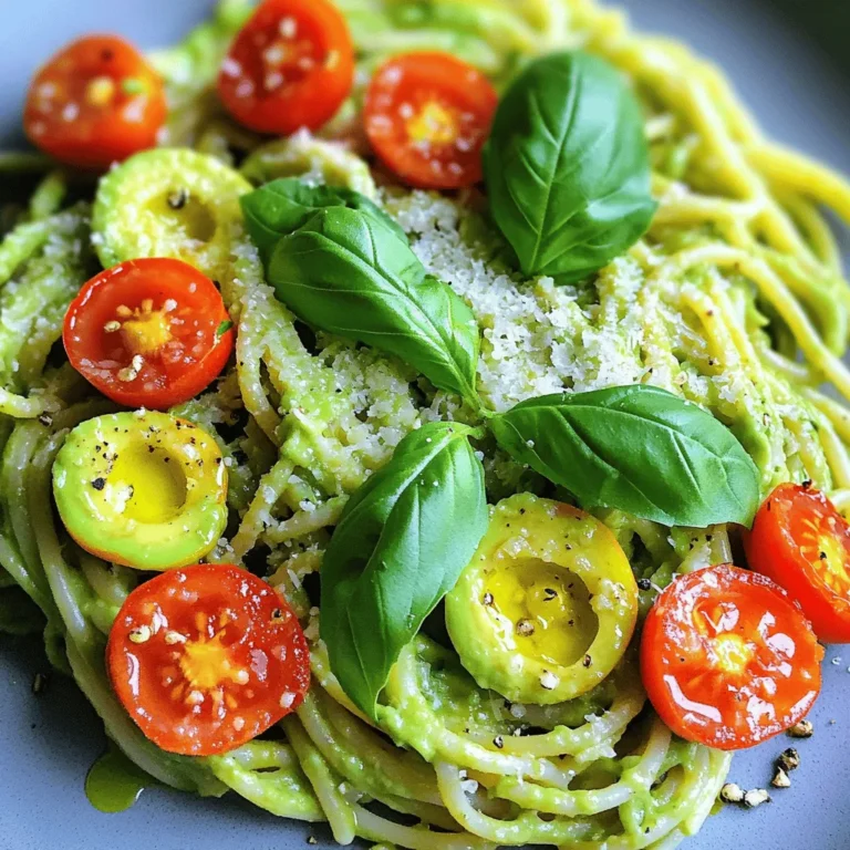 To make this dish, you need: - 2 ripe avocados, pitted and peeled - 2 cloves garlic, minced - 2 tablespoons fresh lemon juice (about 1 lemon) - 1/4 cup fresh basil leaves, plus extra for garnish - 1/4 cup grated Parmesan cheese (or nutritional yeast for vegan) - 3 tablespoons extra virgin olive oil - Sea salt and freshly ground black pepper, to taste - 12 ounces spaghetti or your choice of pasta - Handful of cherry tomatoes, halved (for garnish) These fresh ingredients make the pasta creamy and tasty. Avocados are the star here, giving a smooth texture. Fresh basil adds a nice aroma, and garlic gives it a kick. For added flair, try these garnishes: - Extra basil leaves, torn - Halved cherry tomatoes - A sprinkle of extra Parmesan or nutritional yeast Garnishes make your dish look pretty and add more flavor. The colors pop and make it inviting. You can swap some ingredients if needed: - Use any pasta shape, like fettuccine or fusilli. - Replace Parmesan cheese with nutritional yeast for a vegan option. - If you don’t have fresh basil, use dried basil or parsley. These swaps keep the dish delicious while meeting your needs. Cooking should be fun and flexible! First, fill a large pot with salted water. Bring it to a rolling boil. Add 12 ounces of spaghetti or your favorite pasta. Cook according to the package instructions until it is al dente. Before draining, save 1 cup of the starchy pasta water. This will help make the sauce creamy. While the pasta cooks, it's time to make the sauce. Grab a blender or food processor. Add 2 ripe avocados, pitted and peeled. Next, add 2 minced garlic cloves, 2 tablespoons of fresh lemon juice, and 1/4 cup of fresh basil leaves. Then, add 1/4 cup of grated Parmesan cheese and 3 tablespoons of extra virgin olive oil. Season with a pinch of sea salt and black pepper. Blend everything on high until it is smooth and creamy. If needed, stop to scrape down the sides for even mixing. Once the pasta is ready, drain it and return it to the pot. Keep the heat low. Immediately pour the creamy avocado sauce over the hot pasta. Toss everything together well. Use the reserved pasta water to adjust the creaminess to your liking. Taste the dish and add more salt or pepper if needed. Serve hot, garnished with halved cherry tomatoes and extra basil leaves for a fresh touch. Enjoy your delicious meal! To make your avocado pasta super creamy, use ripe avocados. They should feel soft when you press them. Blend them well with garlic, lemon juice, and olive oil. If the sauce is too thick, add some reserved pasta water. This water has starch, which helps make the sauce smooth. Blend again to mix it all well. Taste is key in cooking. After mixing your sauce with pasta, taste it. If it needs more flavor, add salt or pepper. Fresh lemon juice can brighten the dish too. You can also add more cheese if you like a richer flavor. Keep tasting until it is just right for you. Presentation matters when you serve food. Use shallow bowls for a nice look. Place the pasta in the center and add halved cherry tomatoes on top. Add a few fresh basil leaves for color. A sprinkle of extra cheese or nutritional yeast adds a nice touch. This makes your creamy avocado pasta look as good as it tastes! {{image_4}} You can easily make this dish vegan. Just swap the Parmesan cheese for nutritional yeast. Nutritional yeast adds a cheesy flavor without dairy. This change keeps the creaminess while making it plant-based. To enjoy this creamy avocado pasta gluten-free, choose gluten-free pasta. Options like brown rice or chickpea pasta work well. They offer a nice texture and taste. You won’t lose any flavor with this swap. Want to add more flavor? Try mixing in red pepper flakes for some heat. You can also add sun-dried tomatoes for a tangy taste. Fresh herbs like parsley or cilantro can brighten the dish. For an extra kick, add a splash of balsamic vinegar. These additions can make your pasta even more delicious. After enjoying your creamy avocado pasta, store any leftovers in an airtight container. This helps keep the dish fresh. Place it in the fridge for up to three days. The creamy sauce may darken slightly, but it will still taste great. To reheat, gently warm the pasta in a pan over low heat. Add a splash of olive oil or a little pasta water for moisture. Stir often to avoid sticking. You can also use the microwave. Heat in short bursts, stirring in between, until warm throughout. You can freeze the avocado sauce if you have extra. Pour it into a freezer-safe container. Leave some space at the top, as it will expand. It stays good in the freezer for up to a month. When ready to use, thaw overnight in the fridge. Then, reheat and mix with freshly cooked pasta for a quick meal. Yes, you can use any pasta you like. Fettuccine, fusilli, or even gluten-free pasta works well. The sauce clings nicely to all shapes. Just remember to cook it according to the package instructions. The avocado sauce lasts about 1-2 days in the fridge. To keep it fresh, store it in an airtight container. Use plastic wrap to cover it tightly. This helps slow down browning. You can use nutritional yeast for a vegan option. It gives a cheesy taste without dairy. Other good options include Pecorino Romano or Grana Padano for non-vegans. You can also skip cheese and still enjoy a tasty dish. In this blog post, we explored how to make creamy avocado pasta. We covered main ingredients and optional garnishes. I shared step-by-step instructions for cooking. You learned tips for perfecting texture and taste. We also looked at variations for vegan and gluten-free diets. Lastly, I provided storage tips for leftovers. With these insights, you can make a tasty dish that fits your needs. Enjoy experimenting and sharing your creation!