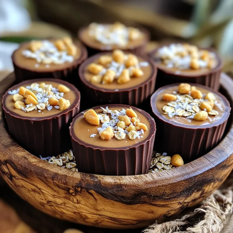 To make delicious No Bake Chocolate Peanut Butter Oat Cups, gather these key ingredients: - 1 cup rolled oats - 1/2 cup natural peanut butter (preferably unsweetened) - 1/4 cup honey or maple syrup - 1/4 cup unsweetened cocoa powder - 1/2 teaspoon vanilla extract - 1/4 teaspoon salt - 1/3 cup dark chocolate chips (dairy-free if preferred) - Optional toppings: chopped peanuts, unsweetened coconut flakes, or a light sprinkle of sea salt These simple ingredients come together to create a rich and satisfying treat. Each element adds its unique flavor and texture. The rolled oats form the base, giving that hearty feel. Natural peanut butter brings creaminess and protein. Honey or maple syrup adds sweetness, while cocoa powder gives a rich chocolate taste. Vanilla extract enhances the flavor, and salt balances everything out. The dark chocolate chips melt in your mouth, making each bite a delight. For a finishing touch, choose optional toppings that will make your cups even more special. In a large bowl, combine the rolled oats, cocoa powder, and salt. Stir them well. This mix gives the cups a rich taste and a great texture. In another bowl, blend the natural peanut butter, honey, and vanilla extract. Whisk until smooth. This creamy mix binds everything together and adds sweetness. Pour the creamy peanut butter mixture over the dry oat mix. Stir with a spatula until well combined. If it seems dry, add more honey or a bit of water. You want a texture that holds together when pressed. Line a muffin tin with paper liners or grease it lightly. Use a spoon to distribute the mixture evenly into each cup. Press down gently to pack each cup firmly. This helps them hold their shape. Place the muffin tin in the fridge for at least 30 minutes. This step firms up the cups so they are easy to remove. Once chilled, remove the cups from the tin. For extra flair, add toppings like chopped peanuts, coconut flakes, or a sprinkle of sea salt. These add flavor and make them look even better. - Substituting peanut butter: You can swap natural peanut butter with almond butter or sunflower seed butter. Each option brings its own flavor. - Alternative sweeteners: If you prefer, use agave syrup or stevia instead of honey. These options can reduce sugar intake. - How to store the oat cups: Place the oat cups in an airtight container. This keeps them fresh and tasty. - Shelf life and freezing options: They last up to a week in the fridge. You can freeze them for up to three months. Just thaw before eating. - Additional mix-ins or toppings: Feel free to add chopped nuts or dried fruits for extra crunch. You can also sprinkle cocoa nibs or drizzle melted chocolate for a richer taste. {{image_4}} You can easily make these oat cups vegan. Instead of honey, use maple syrup. Choose dairy-free dark chocolate chips. This way, you keep all the tasty flavors while making it plant-based. You can also switch to almond butter or cashew butter for a different taste. Want to spice things up? Add a pinch of cinnamon or nutmeg. These spices bring warmth and depth to the cups. You can mix them in with the dry ingredients. You might also try a splash of almond extract for a nutty twist. Experiment and find the flavor that makes you smile! If you need a nut-free version, use sunflower seed butter. This option keeps the creamy texture and rich taste. You can also try soy nut butter for a similar feel. Just make sure your chocolate chips are nut-free too. This way, everyone can enjoy the treat without worries. No-bake chocolate peanut butter oat cups can last about one week when stored in the fridge. Keep them in an airtight container to maintain freshness. If you want them longer, you can freeze them. They freeze well for up to three months. Just remember to thaw them in the fridge before enjoying. You can use instant oats, but the texture will change. Instant oats are finer and may make the cups softer. Rolled oats provide a heartier texture, making them better for this recipe. If you prefer a chewier bite, stick with rolled oats. Toppings can add flavor and crunch. Here are some great options: - Chopped peanuts - Unsweetened coconut flakes - A light sprinkle of sea salt You can also drizzle extra peanut butter or melted chocolate on top for added sweetness. Yes, refrigerating the cups is important. Chilling them for at least 30 minutes helps the cups firm up. This makes them easier to remove from the muffin tin and gives them a nice texture. Enjoy them chilled for the best taste. Each No Bake Chocolate Peanut Butter Oat Cup has about 150 calories. This makes them a great snack choice. These cups pack a good balance of nutrients: - Protein: Approximately 4 grams - Fat: About 8 grams - Carbohydrates: Roughly 17 grams The mix of oats and peanut butter gives you energy without a sugar crash. The key ingredients offer several health benefits: - Rolled oats: They are high in fiber. This helps with digestion and keeps you full longer. - Peanut butter: It provides protein and healthy fats. These are great for muscle repair and energy. - Cocoa powder: It contains antioxidants. These can boost heart health and improve mood. - Honey or maple syrup: They offer natural sweetness and can provide quick energy. These ingredients work together to make a tasty treat that is good for you too! In this blog post, we explored how to make no-bake chocolate peanut butter oat cups. We discussed the key ingredients, step-by-step instructions, tips for success, and variations to suit your needs. These oat cups are simple, tasty, and nutritious. You can adjust ingredients to fit your taste and dietary needs. Remember, these treats don’t just satisfy your sweet tooth; they also nourish your body. Enjoy your kitchen adventure, and savor every bite of these easy snacks!