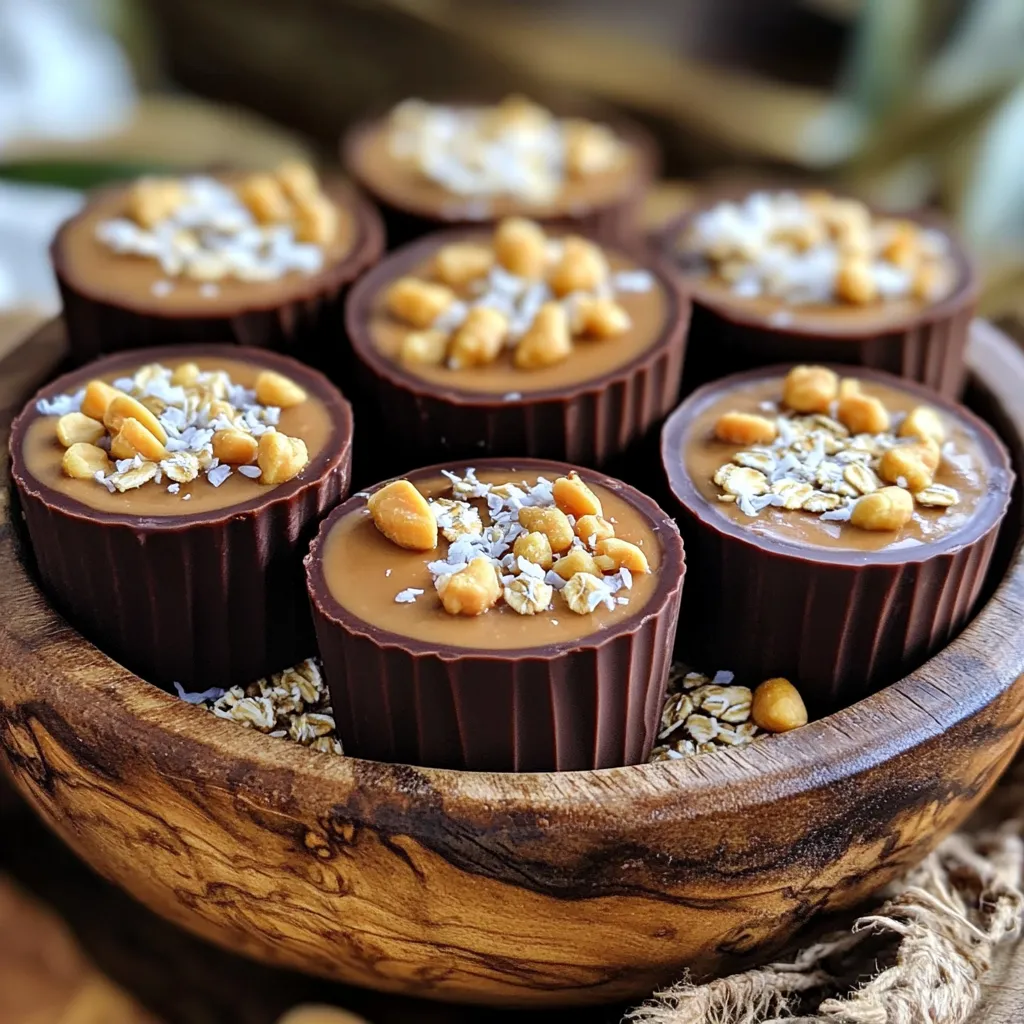 To make delicious No Bake Chocolate Peanut Butter Oat Cups, gather these key ingredients: - 1 cup rolled oats - 1/2 cup natural peanut butter (preferably unsweetened) - 1/4 cup honey or maple syrup - 1/4 cup unsweetened cocoa powder - 1/2 teaspoon vanilla extract - 1/4 teaspoon salt - 1/3 cup dark chocolate chips (dairy-free if preferred) - Optional toppings: chopped peanuts, unsweetened coconut flakes, or a light sprinkle of sea salt These simple ingredients come together to create a rich and satisfying treat. Each element adds its unique flavor and texture. The rolled oats form the base, giving that hearty feel. Natural peanut butter brings creaminess and protein. Honey or maple syrup adds sweetness, while cocoa powder gives a rich chocolate taste. Vanilla extract enhances the flavor, and salt balances everything out. The dark chocolate chips melt in your mouth, making each bite a delight. For a finishing touch, choose optional toppings that will make your cups even more special. In a large bowl, combine the rolled oats, cocoa powder, and salt. Stir them well. This mix gives the cups a rich taste and a great texture. In another bowl, blend the natural peanut butter, honey, and vanilla extract. Whisk until smooth. This creamy mix binds everything together and adds sweetness. Pour the creamy peanut butter mixture over the dry oat mix. Stir with a spatula until well combined. If it seems dry, add more honey or a bit of water. You want a texture that holds together when pressed. Line a muffin tin with paper liners or grease it lightly. Use a spoon to distribute the mixture evenly into each cup. Press down gently to pack each cup firmly. This helps them hold their shape. Place the muffin tin in the fridge for at least 30 minutes. This step firms up the cups so they are easy to remove. Once chilled, remove the cups from the tin. For extra flair, add toppings like chopped peanuts, coconut flakes, or a sprinkle of sea salt. These add flavor and make them look even better. - Substituting peanut butter: You can swap natural peanut butter with almond butter or sunflower seed butter. Each option brings its own flavor. - Alternative sweeteners: If you prefer, use agave syrup or stevia instead of honey. These options can reduce sugar intake. - How to store the oat cups: Place the oat cups in an airtight container. This keeps them fresh and tasty. - Shelf life and freezing options: They last up to a week in the fridge. You can freeze them for up to three months. Just thaw before eating. - Additional mix-ins or toppings: Feel free to add chopped nuts or dried fruits for extra crunch. You can also sprinkle cocoa nibs or drizzle melted chocolate for a richer taste. {{image_4}} You can easily make these oat cups vegan. Instead of honey, use maple syrup. Choose dairy-free dark chocolate chips. This way, you keep all the tasty flavors while making it plant-based. You can also switch to almond butter or cashew butter for a different taste. Want to spice things up? Add a pinch of cinnamon or nutmeg. These spices bring warmth and depth to the cups. You can mix them in with the dry ingredients. You might also try a splash of almond extract for a nutty twist. Experiment and find the flavor that makes you smile! If you need a nut-free version, use sunflower seed butter. This option keeps the creamy texture and rich taste. You can also try soy nut butter for a similar feel. Just make sure your chocolate chips are nut-free too. This way, everyone can enjoy the treat without worries. No-bake chocolate peanut butter oat cups can last about one week when stored in the fridge. Keep them in an airtight container to maintain freshness. If you want them longer, you can freeze them. They freeze well for up to three months. Just remember to thaw them in the fridge before enjoying. You can use instant oats, but the texture will change. Instant oats are finer and may make the cups softer. Rolled oats provide a heartier texture, making them better for this recipe. If you prefer a chewier bite, stick with rolled oats. Toppings can add flavor and crunch. Here are some great options: - Chopped peanuts - Unsweetened coconut flakes - A light sprinkle of sea salt You can also drizzle extra peanut butter or melted chocolate on top for added sweetness. Yes, refrigerating the cups is important. Chilling them for at least 30 minutes helps the cups firm up. This makes them easier to remove from the muffin tin and gives them a nice texture. Enjoy them chilled for the best taste. Each No Bake Chocolate Peanut Butter Oat Cup has about 150 calories. This makes them a great snack choice. These cups pack a good balance of nutrients: - Protein: Approximately 4 grams - Fat: About 8 grams - Carbohydrates: Roughly 17 grams The mix of oats and peanut butter gives you energy without a sugar crash. The key ingredients offer several health benefits: - Rolled oats: They are high in fiber. This helps with digestion and keeps you full longer. - Peanut butter: It provides protein and healthy fats. These are great for muscle repair and energy. - Cocoa powder: It contains antioxidants. These can boost heart health and improve mood. - Honey or maple syrup: They offer natural sweetness and can provide quick energy. These ingredients work together to make a tasty treat that is good for you too! In this blog post, we explored how to make no-bake chocolate peanut butter oat cups. We discussed the key ingredients, step-by-step instructions, tips for success, and variations to suit your needs. These oat cups are simple, tasty, and nutritious. You can adjust ingredients to fit your taste and dietary needs. Remember, these treats don’t just satisfy your sweet tooth; they also nourish your body. Enjoy your kitchen adventure, and savor every bite of these easy snacks!