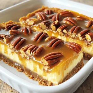 - 1 ½ cups graham cracker crumbs - ½ cup unsalted butter, melted - ¼ cup granulated sugar - 16 oz cream cheese, softened - ½ cup granulated sugar - 2 large eggs - 1 teaspoon pure vanilla extract - ½ cup sour cream - 1 cup pecans, finely chopped - ½ cup packed brown sugar - ¼ cup unsalted butter - ½ cup corn syrup - 1 teaspoon pure vanilla extract - ½ cup caramel sauce To make these Caramel Pecan Pie Cheesecake Bars, you need three main parts: the crust, the cheesecake, and the pecan topping. Each part plays a key role in creating the rich flavor and texture of the bars. For the crust, use graham cracker crumbs for a sweet and crunchy base. Mix the crumbs with melted butter and sugar. This mix will hold your bars together. The cheesecake layer is creamy and smooth. Start with softened cream cheese to avoid lumps. Blend it with sugar, eggs, vanilla, and sour cream. This gives the cheesecake a rich taste that pairs well with pecans. The pecan topping adds a lovely crunch. Finely chop the pecans. Cook them with brown sugar, butter, corn syrup, and vanilla. This mix becomes bubbly and sweet, perfect for drizzling on top of the cheesecake. Each ingredient is important. They all work together to create a treat that feels special. The balance of creamy cheesecake, crunchy pecans, and sweet caramel makes these bars hard to resist. Set your oven to 350°F (175°C). Line a 9x13-inch baking pan with parchment paper. Make sure some paper hangs over the edges. This helps lift the bars out later. In a mixing bowl, combine 1 ½ cups of graham cracker crumbs, ½ cup of melted unsalted butter, and ¼ cup of granulated sugar. Stir until the crumbs are wet. Press this mix firmly into the bottom of the pan. Bake for 10 minutes, then let it cool for a few minutes. In a large mixing bowl, beat 16 oz of softened cream cheese with ½ cup of granulated sugar. Use a hand mixer or stand mixer until it's smooth. Add 2 large eggs, one at a time, mixing well after each. Mix in 1 teaspoon of pure vanilla extract and ½ cup of sour cream until the batter is creamy. Pour the cheesecake mixture over the cooled crust in the pan. Use a spatula to spread it evenly across the surface. Bake in the oven for 25-30 minutes. The cheesecake should look set but have a slight wobble in the center. When done, remove it from the oven and cool on a wire rack. In a medium saucepan, melt ¼ cup of unsalted butter over medium heat. Stir in ½ cup of packed brown sugar and ½ cup of corn syrup. Cook for 3-4 minutes until the mix is bubbling and smooth. Remove from heat, and mix in 1 teaspoon of vanilla extract and 1 cup of finely chopped pecans. Pour the warm pecan mixture over the cheesecake layer. Spread it out gently. Drizzle ½ cup of caramel sauce over the top. Let it flow into the pecans. Place the pan back in the oven and bake for another 15-20 minutes. Look for the pecan topping to be bubbly and set. Let the bars cool at room temperature for about 30 minutes. Then refrigerate for at least 2 hours to set. Once chilled, lift the bars out using the parchment paper. Slice them into squares. To get a creamy cheesecake, use room temperature ingredients. Room temperature cream cheese blends smoothly. Cold ingredients can cause lumps. Before mixing, take the cream cheese out of the fridge for about an hour. Let the eggs warm up too. It helps to create a rich, fluffy cheesecake. To make the pecan topping just right, watch the heat. Cook the butter, brown sugar, and corn syrup on medium heat. Stir constantly and look for a bubbling texture. If it burns, it may taste bitter. Once it bubbles, remove it from heat. Mix in the pecans gently. This keeps their crunch and flavor intact. For a stunning finish, serve your cheesecake bars chilled. Drizzle extra caramel sauce on top. Add a sprinkle of chopped pecans for color and crunch. You can even place some whole pecans on top for style. Presentation makes a big difference in how your dessert is enjoyed! {{image_4}} If you want to change things up, you can replace pecans with other nuts. Walnuts work well and have a similar texture. Hazelnuts add a nice crunch and a unique flavor. Almonds are also a great choice. Just chop them finely and use them in the same amount as pecans. Adding chocolate or spices can make your bars even more exciting. Consider mixing in chocolate chips into the cheesecake layer. Dark chocolate adds a rich taste. For spice lovers, a pinch of cinnamon or nutmeg can add warmth. You can also try a dash of sea salt to balance sweetness. If you prefer a no-bake version, it’s easy! For the crust, use crushed graham crackers mixed with melted butter and sugar. Press this mixture into the pan. Make a no-bake cheesecake filling using cream cheese, sugar, vanilla, and whipped cream. Spread this over the crust. Finally, top it with the pecan mixture and caramel sauce, then chill until set. It’s a simple way to enjoy the same great taste without baking! Store leftover caramel pecan pie cheesecake bars in an airtight container. Place them in the fridge. They stay fresh for up to five days. Make sure to use parchment paper for easy lifting. This helps avoid sticking and keeps the bars intact. For longer storage, you can freeze these cheesecake bars. Wrap them tightly in plastic wrap, then place in a freezer-safe container. They last up to three months in the freezer. When ready to enjoy, thaw them in the fridge overnight. This keeps the texture nice and creamy. To reheat, place a bar on a microwave-safe plate. Heat it for about 10-15 seconds. This brings back the creamy texture without drying it out. You can also enjoy them cold right from the fridge! The flavors remain rich and delicious. Yes, you can make these bars ahead of time. They store well in the fridge. To prep, make them up to two days before serving. Let them cool completely, then cover tightly with plastic wrap. This keeps them fresh and tasty. Caramel sauce is thick and creamy, made from sugar, butter, and cream. It has a rich taste. Syrup, on the other hand, is more runny and sweet. It often has added flavors like vanilla. Both can add sweetness, but the sauce sticks better to your bars. You’ll know the cheesecake is done when it looks set but has a slight wobble in the center. This means it will firm up as it cools. If it is too jiggly, it needs more time in the oven. You can use low-fat cream cheese, but it may change the taste and texture. The bars might be less rich and creamy. Full-fat cream cheese gives the best texture and flavor for these cheesecake bars. This blog covered how to make a delicious pecan cheesecake. You learned the key ingredients for the crust, cheesecake layer, and topping. I provided steps, tips for a creamy texture, and variations to suit your taste. Remember, the right ingredients and techniques make a difference. Enjoy the process and have fun making this treat! Whether you share it or keep it for yourself, it’s sure to delight. Happy baking!