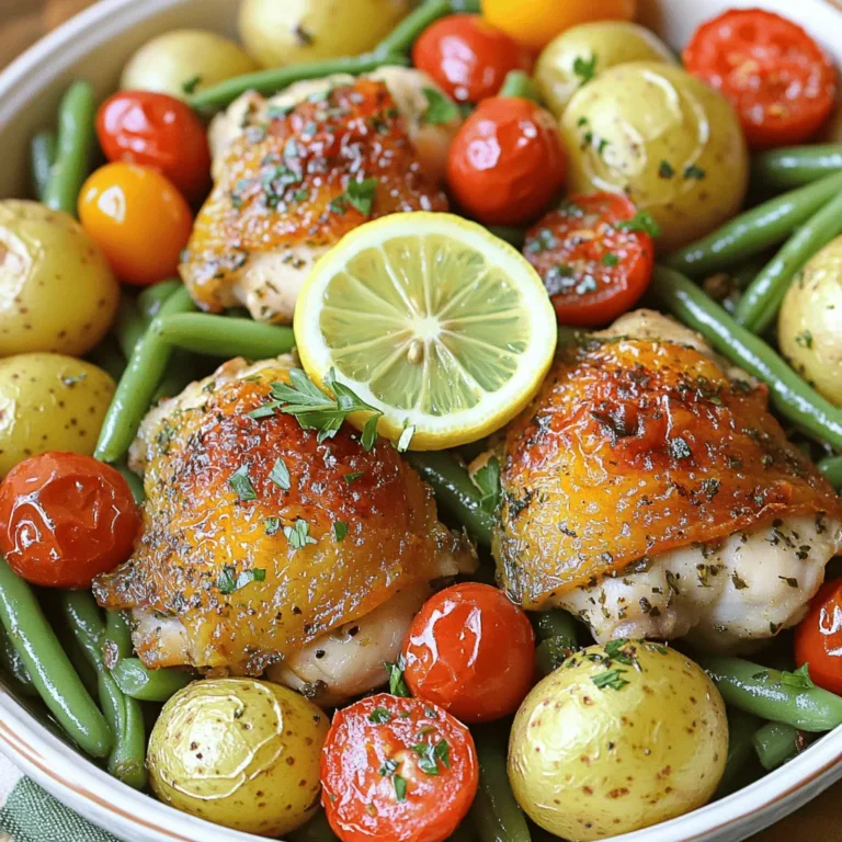 - 4 bone-in, skin-on chicken thighs - 2 tablespoons olive oil - 2 teaspoons dried Italian herbs (like oregano, thyme, and basil) - 1 teaspoon garlic powder - Salt and freshly ground black pepper, to taste - 1 pound baby potatoes, halved - 1 cup fresh green beans, trimmed - 1 cup cherry tomatoes, halved - 1 lemon, sliced into rounds - Fresh parsley, chopped, for garnish The main ingredients form the heart of this dish. Chicken thighs provide rich flavor and juiciness. Olive oil keeps everything moist and adds depth. Dried herbs and garlic powder create a savory and fragrant base. Each vegetable brings its unique taste and texture. Baby potatoes are tender and filling. Green beans add crunch, while cherry tomatoes bring sweetness. Lemon slices brighten and balance the dish. Fresh parsley enhances the final presentation with its vibrant color. - Alternative proteins (like chicken breasts or vegetables) - Fresh herbs versus dried herbs - Other vegetable options You can easily swap chicken thighs for chicken breasts or even tofu for a vegetarian option. Fresh herbs can replace dried herbs for a burst of flavor, but keep in mind to adjust the amounts. Feel free to mix in other vegetables like bell peppers or zucchini based on what you have. This flexibility allows you to create a dish that suits your tastes and pantry. - Preheat the oven to 425°F (220°C). This heat is key for crisp skin. - In a large bowl, whisk together: - 2 tablespoons olive oil - 2 teaspoons dried Italian herbs - 1 teaspoon garlic powder - Salt and black pepper to taste - Add 4 chicken thighs, making sure each piece is well coated. Let them marinate for at least 10 minutes. This lets the flavors soak in. - On a large sheet pan, arrange 1 pound of halved baby potatoes in a single layer. - Nestle the marinated chicken thighs in between the potatoes, skin side up. This helps flavor the potatoes. - Distribute 1 cup of trimmed green beans and 1 cup of halved cherry tomatoes around the chicken and potatoes. - Top each chicken thigh with lemon slices. This adds a bright flavor as they roast. - Place the sheet pan in the oven and roast for 35-40 minutes. - Check the chicken's internal temperature; it should reach 165°F (75°C). The potatoes should be fork-tender. - Once done, remove the sheet pan and let everything rest for a few minutes. This keeps the chicken juicy. - Marinating time recommendations: Marinate the chicken thighs for at least 10 minutes. This helps the flavors soak in well. For deeper flavor, consider marinating them for a few hours. - Adjusting seasoning to taste: Taste your marinade before using it. If you want more flavor, add extra herbs, salt, or garlic powder. Cooking is about balancing flavors. - Using fresh herbs for enhanced flavor: Fresh herbs like parsley, thyme, or rosemary can make a big difference. They add bright notes that dried herbs can’t always match. - Importance of oven preheating: Always preheat the oven to 425°F (220°C). This helps the chicken and veggies cook evenly and get that nice golden color. - Ideal sheet pan placement in the oven: Place your sheet pan in the center of the oven. This allows for even heat circulation, which is key for good roasting. - Tips for even cooking: Cut your potatoes and veggies into similar sizes. This ensures everything cooks at the same rate. Stir them halfway through to promote even browning. - Serving suggestions in bowls: Use deep bowls to serve your dish. This adds a rustic touch and keeps everything snug and warm. - Garnishing with fresh parsley: A sprinkle of fresh parsley adds color and freshness. It also brightens the dish visually and taste-wise. - Additional toppings for flavor enhancement: Consider adding a drizzle of olive oil or a squeeze of lemon before serving. This extra step can boost the flavor even more. {{image_4}} You can use turkey instead of chicken for a leaner dish. Turkey thighs will give you a similar taste and texture. If you prefer a plant-based option, tofu works well too. It absorbs flavors nicely. You can use firm tofu for better texture. For quicker meals, consider boneless chicken cuts. They cook faster and are easy to serve. Feel free to swap in seasonal vegetables. Zucchini, bell peppers, or carrots add color and flavor. You can also use sweet potatoes for a tasty twist. If you want to add grains, quinoa or rice can be great. They make the dish more filling and nutritious. Just cook them separately and add them to your bowls. Try different spice blends for a unique taste. A smoky paprika or a dash of cumin can change the flavor profile. If you want some zest, add citrus fruits like oranges or limes. These fruits brighten up the dish and add freshness. You can also mix in dried fruits like cranberries for a sweet touch. To store leftovers, place the chicken and veggies in an airtight container. This helps keep them fresh and tasty. Store in the fridge for up to three days. Keep the chicken and vegetables separate if you want the best taste. For best practices, let the dish cool down before sealing it. This prevents steam from building up and keeps things crisp. You can also cover the bowl with plastic wrap if you don’t have a container. For reheating, the oven works best. Preheat it to 350°F (175°C). Place the chicken and veggies on a baking sheet. Heat for about 15-20 minutes. This way, the chicken stays juicy and the veggies warm up nicely. You can also use a microwave for quick reheating. Place the food in a microwave-safe dish. Cover it with a damp paper towel. Heat in short bursts, checking often to avoid drying out the chicken. You can freeze portions for later use. Wrap individual servings tightly in plastic wrap and then place them in a freezer bag. This keeps the food safe from freezer burn. Use within three months for the best taste. For thawing, move the portions to the fridge for several hours or overnight. If you need it faster, place the sealed bag in cold water. Once thawed, reheat using the methods mentioned above. Yes, you can use chicken breasts. They cook faster than thighs. Chicken breasts can dry out if overcooked. Thighs stay juicy and flavorful even with longer cooking times. If you use breasts, check them at 25 minutes. Cook them until they reach 165°F. You have many options for side dishes. Consider serving with: - Quinoa or rice for added carbs - A fresh green salad for crunch - Roasted veggies for more flavor - A dollop of yogurt for creaminess These sides balance the meal and add nutrition. Store leftovers in the fridge for up to three days. Make sure to place them in airtight containers. If you want to keep them longer, freeze them. Frozen leftovers can last up to three months. Always check for spoilage before eating. Yes, you can prep ahead. Marinate the chicken in the morning. Let it soak for at least 10 minutes, or longer if you like. You can also chop the veggies in advance. Store them in the fridge until you are ready to cook. This makes meal prep easy and quick. You now have a simple and tasty recipe for Sheet Pan Herb Roasted Chicken Bowls. Remember to choose the best ingredients that fit your needs. Marinate your chicken, and prep your veggies. Follow the roasting steps for a delicious meal. Feel free to try different proteins and veggies for a personal twist. With proper storage and reheating, your leftovers can be just as good. Happy cooking!