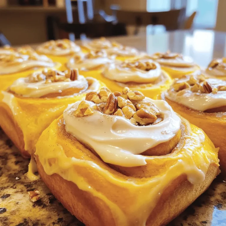 To make these pumpkin spice cinnamon rolls, gather the following ingredients: - 2 ¾ cups all-purpose flour - ¼ cup granulated sugar - 1 packet (2 ¼ tsp) active dry yeast - ½ teaspoon salt - ½ teaspoon ground cinnamon - ¼ teaspoon ground nutmeg - ½ teaspoon pumpkin pie spice - ½ cup milk, warmed to 110°F - ¼ cup unsalted butter, melted - 1 large egg - 1 cup pumpkin puree - ½ cup packed brown sugar - 2 teaspoons ground cinnamon - ¼ cup chopped pecans (optional) - Cream cheese frosting for drizzling (store-bought or homemade) You can change some ingredients to fit your needs: - Substitute almond milk for regular milk for a dairy-free option. - Use coconut oil instead of unsalted butter for a vegan version. - Swap brown sugar with coconut sugar for a healthier choice. - If you don't have pumpkin pie spice, mix ground cinnamon, nutmeg, and ginger instead. To make these rolls, you will need: - Large mixing bowl - Whisk - Spatula or wooden spoon - Rolling pin - Baking pan - Sharp knife or dough cutter - Measuring cups and spoons - Clean kitchen towel to cover the dough - Oven for baking Gathering all these ingredients and tools will set you up for success in making delicious pumpkin spice cinnamon rolls! To start, gather a large mixing bowl. In it, mix 2 cups of all-purpose flour, granulated sugar, active dry yeast, salt, ground cinnamon, ground nutmeg, and pumpkin pie spice. Whisk these dry ingredients together until they are well blended. In another bowl, combine the warmed milk, melted butter, and egg. Whisk until mixed. Next, fold in the pumpkin puree until smooth. Gradually add this wet mix to the dry ingredients, stirring gently with a spatula. You may see some flour bits; that’s okay. Sprinkle the remaining ¾ cup of flour over your dough, adding it half a cup at a time. Mix until the dough pulls away from the bowl. Transfer it to a floured surface and knead for 5 to 7 minutes until it feels smooth and elastic. Now, take a small bowl. Combine the packed brown sugar, 2 teaspoons of ground cinnamon, and chopped pecans if you like. This mix adds a sweet touch to your rolls. After the dough has risen, punch it down to release air. Roll it out on a floured surface into a large rectangle, about 12 by 16 inches. Spread softened butter evenly across the rolled-out dough. Next, sprinkle the cinnamon-sugar mix over the butter, making sure it covers the whole surface. Start from one long side of the dough. Tightly roll it into a log shape. Once you have your log, use a sharp knife or dough cutter to slice it into 12 equal pieces. This way, each roll will be even and bake nicely. Place the rolls in a greased baking pan. Make sure there is space between each roll for them to puff up. Cover the pan and let the rolls rise again, about 30 minutes. While your rolls are rising, preheat your oven to 350°F (175°C). Once they have puffed up, it’s time to bake. Place the rolls in your preheated oven and bake for 20 to 25 minutes. Look for a lovely golden brown color on top. After they are done, take them out and let them cool for a few minutes. Drizzle cream cheese frosting over the warm rolls for a tasty finish. Enjoy your delicious pumpkin spice cinnamon rolls! To get the right dough, start with the right amount of flour. Mix 2 cups of flour with your other dry ingredients first. Then, add flour little by little until the dough pulls away from the bowl. It should feel soft and a bit sticky but not too wet. Knead it for about 5-7 minutes. This builds the gluten and makes the dough smooth. One common mistake is adding too much flour at once. This can make the rolls tough. Another mistake is not letting the dough rise long enough. It needs to double in size for the best texture. Also, avoid rolling the dough too thin. This can lead to dry rolls. Lastly, don't skip the cream cheese frosting; it adds flavor and moisture. To get soft cinnamon rolls, use warm milk and melted butter in the dough. This helps yeast grow and gives a nice rise. Let the dough rise in a warm spot, covered with a damp cloth. After baking, let the rolls cool slightly before adding frosting. This keeps them soft and gooey. Enjoying them warm makes every bite a delight! {{image_4}} You can change the spice blend to suit your taste. Try adding ginger for warmth. You can also use cardamom for a fragrant twist. If you love the flavor of cloves, add a pinch. Mixing spices can create unique rolls. Experiment with different amounts until you find your favorite mix. Not everyone enjoys nuts in their cinnamon rolls. If you prefer a nut-free option, skip the pecans. You could add chocolate chips for a sweet twist. Dried fruit, like raisins or cranberries, can add sweetness. If you want a crunch, try sunflower seeds. These swaps can change the texture and flavor. While cream cheese frosting is classic, you can try other glazes. A simple vanilla glaze can be lighter and sweet. For a spiced twist, mix powdered sugar with apple cider. You can even use maple syrup for a rich flavor. Each glaze adds a fun new layer to the rolls. Choose your favorite, or try them all! To keep your pumpkin spice cinnamon rolls fresh, place them in an airtight container. You can also wrap them tightly in plastic wrap. Store them in the fridge for up to 5 days. If you want to keep them longer, freezing is a great option. To freeze your cinnamon rolls, wait until they cool completely. Place them in a single layer on a baking sheet. Once frozen solid, transfer the rolls to a freezer-safe bag. They will keep well for up to 3 months. For best results, label the bag with the date. To reheat, take out the desired number of rolls. If frozen, allow them to thaw in the fridge overnight. Preheat your oven to 350°F (175°C). Place the rolls on a baking sheet and cover them with foil. Heat for about 10-15 minutes until warm. You can also microwave them for about 20-30 seconds if you prefer. Enjoy your warm, gooey treats again! Yes, you can make these cinnamon rolls ahead of time. Prepare the dough and filling, then roll and cut the rolls. Place them in a greased pan and cover. You can refrigerate them overnight. In the morning, let them rise for about 30 minutes before baking. This makes your morning easier! You can use applesauce if you don't have pumpkin puree. It will provide moisture and sweetness. Alternatively, try mashed bananas for a different flavor. Both options keep the rolls soft and tasty. Look for a golden-brown color on top. You can also check with a toothpick. Insert it into the center of a roll. If it comes out clean, the rolls are done. Don’t forget to let them cool a bit before drizzling with frosting! Yes, you can use whole wheat flour. It will give the rolls a nutty flavor. However, the texture may be denser. You can mix half all-purpose flour and half whole wheat flour for a lighter roll. Adjust the liquid if needed, as whole wheat absorbs more moisture. This blog covered key steps for making great cinnamon rolls. We talked about ingredients, tools, and the baking process. I shared tips to perfect your dough and avoid common mistakes. You can also explore fun variations and learn how to store your rolls. Enjoying homemade cinnamon rolls is simple and fun. Don't be afraid to try new flavors! With practice, you will bake rolls that everyone loves. Happy baking!