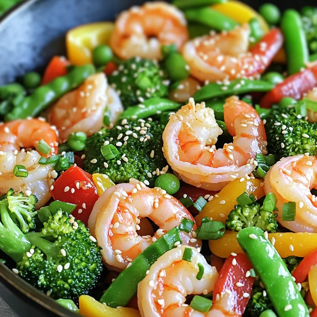 - 1 lb large shrimp, peeled and deveined - 2 tablespoons sesame oil - 4 cloves garlic, minced - 1 teaspoon fresh ginger, minced - 1 cup snap peas, trimmed - 1 bell pepper (red or yellow), thinly sliced - 1 cup broccoli florets - 3 tablespoons soy sauce (or tamari for gluten-free option) - 1 tablespoon rice vinegar - 1 tablespoon honey or maple syrup - 1 tablespoon sesame seeds - Salt and pepper to taste - 3 green onions, sliced (for garnish) You can boost the flavor and texture with some add-ins. Try adding: - 1 cup sliced mushrooms - 1 carrot, julienned - ½ cup baby corn - A pinch of red pepper flakes for heat These extras give your stir fry more color and taste. If you have allergies, there are easy swaps: - Use olive oil instead of sesame oil for a different flavor. - Choose coconut aminos in place of soy sauce for soy-free cooking. - Maple syrup works well if you're avoiding honey. - If you're sensitive to shrimp, chicken or tofu can work as a great substitute. These substitutions keep your dish safe and tasty! Start by rinsing the shrimp under cold water. This helps to remove any grit. After rinsing, use a paper towel to dry them gently. Drying is key to getting a nice sear later. Next, season the shrimp lightly with salt and pepper. This small step boosts their flavor. Now, heat the sesame oil in a large skillet over medium-high heat. Wait until the oil shimmers before adding anything. This means it's hot enough! Add minced garlic and ginger to the oil. Stir them around for about 30 seconds. You want the aroma to fill your kitchen, but be careful not to burn them. Once the garlic and ginger are fragrant, it's time to cook the shrimp. Add the seasoned shrimp to the skillet. Cook them for about 2-3 minutes, stirring often. They should turn pink and opaque. After that, remove the shrimp and set them aside. In the same skillet, add snap peas, bell pepper, and broccoli. Stir-fry these for 4-5 minutes. This gives a nice crunch while softening the veggies. Now for the fun part! Return the cooked shrimp to the skillet with the veggies. In a small bowl, mix soy sauce, rice vinegar, and honey or maple syrup. Pour this mixture over the shrimp and veggies. Toss everything together for about 2 minutes. Make sure every piece is coated well. Sprinkle sesame seeds over the stir-fry and mix it well. Taste your dish and adjust the seasoning as needed. If it needs more salt or soy sauce, go ahead! Once it’s just right, remove the skillet from heat. Garnish with sliced green onions for a pop of color. Serve hot over steamed rice or noodles for a perfect meal. Enjoy every bite! To make this dish pop, use fresh ingredients. Fresh shrimp, crisp vegetables, and strong spices create a bright taste. Sauté garlic and ginger in hot sesame oil to release their full aroma. This step is key! Don't skip it. The sweet soy sauce and rice vinegar mix really well, too. Add honey or maple syrup for a touch of sweetness. This balance makes your dish shine! One common mistake is overcooking the shrimp. They only need 2-3 minutes to cook. If you leave them in too long, they turn tough. Another mistake is not prepping your ingredients first. Being organized helps you cook quickly and keeps the flavors fresh. Lastly, don’t forget to season your shrimp with salt and pepper before cooking. This small step makes a big difference. For perfect shrimp, keep an eye on the color. They turn pink and opaque when ready. This usually takes around 2-3 minutes. If you are using larger shrimp, you might need an extra minute. Always remove them from the pan when cooked to avoid overcooking. This way, they stay tender and juicy. {{image_4}} You can swap shrimp for different proteins. Chicken or beef works well here. Cubes of tofu are great for a plant-based option. Just ensure you cook them properly to avoid dryness. For fish lovers, salmon or white fish fillets can also shine in this dish. To make this recipe vegetarian, use tofu or tempeh instead of shrimp. Marinate your tofu in soy sauce for added flavor. For a vegan version, replace honey with maple syrup or agave nectar. This keeps your dish sweet and delicious without animal products. Feel free to mix and match your veggies. Carrots, zucchini, and bell peppers add color and crunch. Cauliflower florets or bok choy also make a tasty addition. Always aim for fresh vegetables for the best taste. Cooking times may vary, so watch them closely to keep that perfect crunch! Store your Garlic Sesame Shrimp Stir Fry in an airtight container. It stays fresh in the fridge for up to three days. When storing, let the dish cool to room temperature. This prevents moisture build-up. Always label your container with the date for easy tracking. You can freeze this dish if you want to save it for later. Place the stir fry in a freezer-safe container. It can last up to two months in the freezer. To avoid freezer burn, use plastic wrap or foil to seal your container tightly. Thaw it in the fridge overnight before reheating. Reheat your stir fry on the stove for the best results. Warm it over medium heat, stirring often. This helps keep the shrimp tender and the veggies crisp. You can also use the microwave. Heat it in short intervals, stirring between each, until hot. If it seems dry, add a splash of water or soy sauce to revive the flavor. Yes, you can use frozen shrimp. Just thaw them first. Place the shrimp in cold water for about 15 minutes. Change the water if it gets too warm. Once thawed, pat them dry before cooking. This step helps the shrimp sear better. This dish pairs well with several sides. You can serve it over steamed white rice or brown rice. Noodles are another great option. For a fresh touch, add a side salad or some pickled vegetables. These sides enhance the meal and add more flavor. To make the stir fry gluten-free, simply use tamari instead of soy sauce. Tamari is a gluten-free soy sauce that gives a similar taste. Make sure to check labels on all sauces used. Additionally, ensure the rice vinegar is gluten-free as well. If you don't have sesame oil, try using olive oil or avocado oil. Both oils work well for stir-frying. They have a mild flavor that won’t overpower the dish. However, if you can, use toasted sesame oil for that unique nutty taste. This blog post covered the essential steps to create a tasty Garlic Sesame Shrimp Stir Fry. We went over the ingredients, including main items and substitutions. You learned how to prepare and cook shrimp, vegetables, and flavor-filled aromatics. I shared tips for the best flavor and common mistakes to avoid. In the end, you can customize this dish in many ways. Whether you prefer shrimp, veggies, or different flavors, the options are close to endless. Enjoy cooking and experimenting with your own touch!