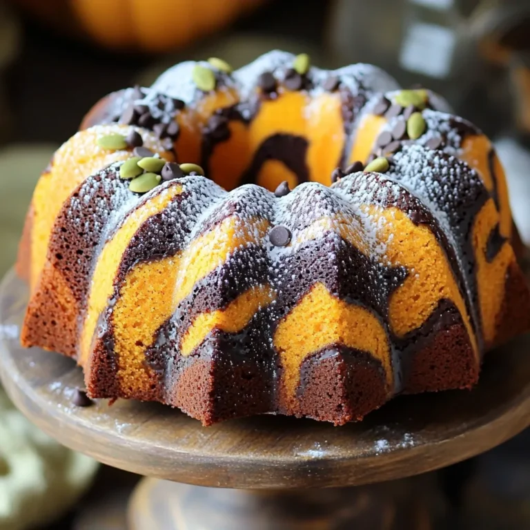 To make the Pumpkin Chocolate Marble Bundt Cake, you will need these key ingredients: - 1 ½ cups all-purpose flour - 1 teaspoon baking powder - ½ teaspoon baking soda - ½ teaspoon salt - 1 teaspoon ground cinnamon - 1 teaspoon ground nutmeg - 1 cup canned pumpkin puree - ½ cup vegetable oil - 1 cup granulated sugar - 2 large eggs at room temperature - 1 teaspoon vanilla extract - ½ cup unsweetened cocoa powder - ½ cup hot water - ½ cup chocolate chips (optional, for added indulgence) These ingredients work together to create a rich, moist cake with a delightful blend of flavors. If you need alternatives, you can try these: - All-purpose flour: Substitute with almond flour or oat flour for gluten-free options. - Granulated sugar: Use coconut sugar or honey for a healthier touch. - Fresh pumpkin: You can use fresh pumpkin, just roast and puree it before measuring. It adds a vibrant flavor. These swaps can personalize your cake and fit your dietary needs. For accurate baking, follow these tips: - Flour: Use a spoon to fluff the flour. Spoon it into your measuring cup and level it off with a knife. Avoid packing it down. - Sugar: Same as flour, spoon and level your sugar for the right sweetness. Getting measurements right makes a big difference in your cake's texture and taste. First, preheat your oven to 350°F (175°C). While it heats up, grease your Bundt pan well. Use cooking spray or butter to coat every part of the pan. This step stops the cake from sticking later. Next, grab two bowls. In one bowl, mix together the dry ingredients: - 1 ½ cups all-purpose flour - 1 teaspoon baking powder - ½ teaspoon baking soda - ½ teaspoon salt - 1 teaspoon ground cinnamon - 1 teaspoon ground nutmeg Whisk these well and set aside. In the other bowl, combine the wet ingredients: - 1 cup canned pumpkin puree - ½ cup vegetable oil - 1 cup granulated sugar - 2 large eggs at room temperature - 1 teaspoon vanilla extract Whisk these until they are smooth. Now, slowly add the dry mix to the wet mix. Stir gently until just combined. A few lumps are okay. Now for the fun part! First, make the chocolate batter. In a small bowl, mix: - ½ cup unsweetened cocoa powder - ½ cup hot water Stir until smooth. Then, pour half of the pumpkin batter into your Bundt pan. Next, drop spoonfuls of the chocolate batter on top. Repeat this with the rest of the pumpkin batter and then the chocolate batter. To create a nice marble look, take a knife or skewer. Gently swirl through the batters. Be careful not to mix them completely. This will give your cake a beautiful marbled design. For the best results, bake your Pumpkin Chocolate Marble Bundt Cake for 50-60 minutes. To test if it’s done, insert a toothpick into the center. If it comes out clean, the cake is ready. If it has batter on it, bake a few more minutes. Remember, every oven is different, so keep an eye on it! Let the cake cool in the pan for about 15 minutes after baking. This step helps it set and makes it easier to remove. After that, place a wire rack over the Bundt pan. Flip the pan and gently tap it to release the cake. If it sticks, run a knife around the edges to help it out. To make your cake shine, dust it with powdered sugar. You can also drizzle a rich chocolate glaze over the top. For extra flair, add fresh pumpkin seeds as a garnish. Placing the cake on a nice cake stand makes it look even more inviting. Enjoy the compliments! {{image_4}} You can easily change the taste of your pumpkin chocolate marble Bundt cake. Consider adding spices like ginger or cloves for a warm kick. A splash of almond or orange extract can also brighten the flavors. If you want something unique, try cardamom for a lovely twist. Each change adds a different layer to the cake's taste. You can make this cake gluten-free by swapping all-purpose flour with a gluten-free blend. Make sure it has xanthan gum for good texture. For a vegan version, use plant-based eggs or applesauce instead of regular eggs. Replace the vegetable oil with coconut oil for extra flavor. These changes keep the cake tasty for everyone. This cake pairs well with many drinks. Serve it with a warm cup of coffee or spicy chai tea. A scoop of vanilla ice cream adds a creamy touch to each slice. You can also serve fresh fruit on the side for a refreshing balance. Each option enhances the cake's rich flavors and makes for a delightful treat. To keep your pumpkin chocolate marble Bundt cake fresh, store it in an airtight container. This helps prevent it from drying out. Place the cake at room temperature for up to three days. If you need to keep it longer, consider refrigerating it. Just wrap it tightly in plastic wrap first. Freezing is a great way to save your cake for later. First, let the cake cool completely. Then, wrap it in plastic wrap and aluminum foil. Make sure it’s sealed well to prevent freezer burn. You can freeze the cake for up to three months. When you’re ready to enjoy it, let it thaw in the fridge overnight. To reheat your leftover cake, preheat your oven to 300°F (150°C). Slice the cake and place the pieces on a baking sheet. Cover them with foil to keep moisture in. Heat for about 10-15 minutes. This method helps keep the cake soft and tasty. You can also use the microwave for quick reheating. Just heat a slice for 10-15 seconds. Enjoy your delicious cake warm! What can I substitute for pumpkin puree? You can use other purees like sweet potato or butternut squash. If you love spices, try adding some cinnamon and nutmeg to keep the flavor. You can also blend cooked carrots for a different taste. Just ensure the texture is smooth like pumpkin puree. Why did my cake sink in the middle? Your cake might sink due to too much liquid or too little flour. Make sure you measure carefully. Another reason could be underbaking, so always check with a toothpick. If the toothpick comes out wet, bake a little longer. Don’t open the oven too soon; it can cause the cake to fall. Can I turn this recipe into cupcakes? Yes, you can! This recipe works well for cupcakes. Fill the cupcake liners about two-thirds full. Bake them for about 18-20 minutes. Check for doneness with a toothpick. You can frost them with cream cheese icing or a simple chocolate glaze for extra fun. This article covered all the key steps for making a perfect marble pumpkin cake. You learned about essential ingredients, how to mix them, and tips for baking. I shared ways to customize flavors and make dietary adjustments too. Remember, measuring carefully, storing well, and cooling properly are crucial for success. Enjoy every slice. With these tips, your cake will impress your family and friends.