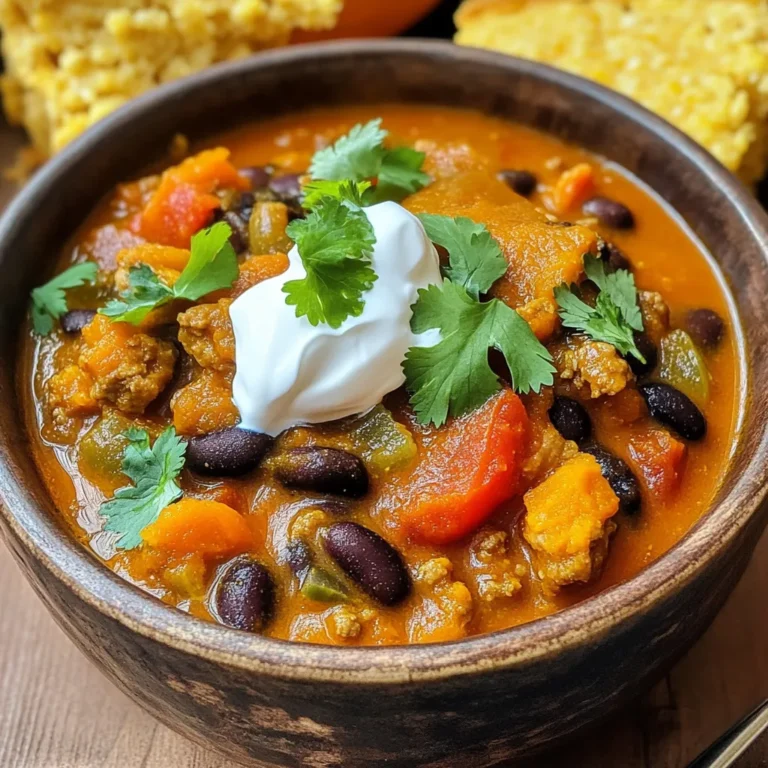 Here’s what you need to make savory pumpkin turkey chili in your slow cooker: - 1 lb ground turkey - 1 can (15 oz) pumpkin puree - 1 can (15 oz) black beans, drained and rinsed - 1 can (15 oz) diced tomatoes, with their juices - 1 cup chicken broth - 1 medium onion, diced - 2 cloves garlic, minced - 1 bell pepper (any color), diced - 1 tablespoon chili powder - 1 teaspoon ground cumin - 1 teaspoon smoked paprika - ½ teaspoon cayenne pepper (adjust to your spice preference) - Salt and black pepper to taste - 2 tablespoons olive oil - Fresh cilantro, chopped, for garnish - Sour cream or Greek yogurt, for topping (optional) Each ingredient adds a special touch. The ground turkey gives the chili a hearty base. Pumpkin puree brings a warm and cozy flavor. Black beans add protein and texture. Diced tomatoes give it moisture and sweetness. Chicken broth enhances the overall taste. Onions, garlic, and bell peppers provide a fragrant aroma. The spices, like chili powder and cumin, create depth. Cayenne pepper offers a kick, while salt and black pepper balance everything out. Optional toppings like fresh cilantro and sour cream make each bowl even better. You can adjust the toppings based on your taste. Enjoy the process of gathering these ingredients and get ready for a tasty meal! 1. Sautéing vegetables: Start by heating 2 tablespoons of olive oil in a large skillet over medium heat. Add 1 medium diced onion and 1 diced bell pepper. Stir in 2 minced garlic cloves. Cook for about 5-7 minutes. The veggies should soften and smell great. 2. Browning the turkey: Next, add 1 pound of ground turkey to the skillet. Use a spatula to break the turkey into small pieces. Cook for 6-8 minutes. The meat should turn brown. Season with salt, black pepper, 1 tablespoon of chili powder, 1 teaspoon of ground cumin, 1 teaspoon of smoked paprika, and ½ teaspoon of cayenne pepper. Mix well so the spices coat the turkey. 1. Transferring the mixture: Once your turkey mixture is ready, carefully transfer it into the slow cooker. 2. Adding the remaining ingredients: Now, add 1 can (15 oz) of pumpkin puree, 1 can (15 oz) of drained black beans, and 1 can (15 oz) of diced tomatoes with their juices. Pour in 1 cup of chicken broth. Stir it all together until well mixed. 1. Setting the slow cooker: Cover the slow cooker with its lid. Set it to cook on low heat for 6-8 hours or high heat for 3-4 hours. This slow cooking helps all the flavors blend nicely. 2. Checking for doneness: About 30 minutes before serving, taste the chili. Adjust the seasonings if needed. Add more salt, pepper, or spices to fit your taste. Enjoy this warm, hearty dish! - Adjusting spice levels: Start with the cayenne pepper. If you like heat, add more. For a milder chili, reduce the cayenne. Taste as you go. - Adding more seasonings: Mix in a pinch of oregano or a dash of hot sauce. These can add depth to the flavor. Always taste first before adjusting. - Serving suggestions: Serve the chili in warm bowls. This keeps it hot and inviting. Pair it with cornbread for a cozy meal. - Ideal garnishes: Top with a dollop of sour cream or Greek yogurt. Fresh cilantro adds color and flavor. You can also use avocado slices for a creamy touch. - Choosing the right slow cooker setting: Set your slow cooker to low for a rich flavor. If short on time, high heat works too. - Cooking times tips: Cook on low for 6-8 hours. For high heat, aim for 3-4 hours. Always check for doneness before serving. {{image_4}} You can change the protein in this chili. Turkey works well, but you can use: - Ground chicken - Lean beef - Tofu for a vegetarian option - Tempeh for a vegan choice If you want a lighter dish, try using chicken or turkey. For a plant-based meal, tofu adds protein without meat. Feel free to boost the flavor with extra veggies. Some great options are: - Corn - Zucchini - Carrots - Spinach You can also switch up the spices. Try adding: - Oregano - Thyme - Bay leaf These spices create a unique taste. Experiment with what you like! You can adjust the spice level easily. For a milder chili, use less cayenne pepper. If you love heat, add more! Here’s how to balance flavors: - Start with a small amount of cayenne. - Taste as you go. - Add spices gradually. This way, you find the perfect heat for everyone. To keep your savory pumpkin turkey chili fresh, follow these tips: - Let the chili cool to room temperature before storing. - Store leftovers in airtight containers. - Use glass or plastic containers with tight lids. - Label the containers with the date. You can freeze chili for later meals. Here’s how: - Divide the chili into portions for easy thawing. - Use freezer-safe bags or containers. - Remove as much air as possible before sealing. To thaw and reheat: - Move the chili from the freezer to the fridge overnight. - Reheat on the stove over low heat, stirring often. - You can also microwave it in short bursts. Cooking pumpkin turkey chili in a slow cooker takes about 6 to 8 hours on low heat or 3 to 4 hours on high heat. The longer cooking time allows the flavors to blend well. You want your chili to be thick and full of rich taste. Yes, you can use fresh pumpkin instead of puree. Just peel and chop it into small pieces. You will need to cook it longer in the slow cooker to soften it. Aim to add about 2 cups of fresh pumpkin for this recipe. Pumpkin turkey chili pairs well with cornbread, tortilla chips, or rice. You can also serve it with a side salad for a fresh crunch. Topping your chili with sour cream or Greek yogurt adds a nice creaminess. Yes, this pumpkin turkey chili is gluten-free. All the ingredients listed are safe for gluten-free diets. Just make sure to check labels if you use canned goods. Absolutely! You can use a pressure cooker to make this chili. Cook it on high pressure for about 20 to 25 minutes. Let the pressure release naturally for 10 minutes before opening the lid. This method will give you a quick and tasty meal. You now have a great recipe for pumpkin turkey chili. We covered all the essential ingredients, step-by-step cooking, and storage tips. Remember to adjust spices based on your taste and feel free to mix in extras. This dish is perfect for sharing, with many ways to customize it. Enjoy the warmth of this meal with friends or family. Dive into your cooking adventure, and make this tasty chili today!