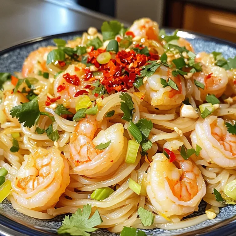 - 8 oz (225g) rice noodles - 1 lb (450g) shrimp, peeled and deveined - 3 tablespoons vegetable oil - 4 cloves garlic, finely minced - 1-2 teaspoons red chili flakes (adjust based on your spice preference) - 2 tablespoons soy sauce - 1 tablespoon fish sauce - 1 tablespoon freshly squeezed lime juice - 1 tablespoon brown sugar - 2 green onions, thinly sliced - Salt and pepper, to taste The main ingredients are simple yet powerful. Rice noodles serve as the base. Shrimp offers protein and a sweet flavor. Garlic gives a strong aroma and taste. Chili flakes add heat and spice, while soy and fish sauces provide depth. Lime juice brightens the dish, and brown sugar balances the spice. - Fresh cilantro - Extra lime wedges - Sliced red chili Garnishes can enhance both flavor and look. Fresh cilantro adds a pop of color and a fresh taste. Lime wedges give an extra citrus kick. Sliced red chili can boost heat for those who love spice. - Large pot for boiling noodles - Large skillet or wok for stir-frying - Strainer for draining noodles - Mixing bowl for sauce Having the right tools makes cooking easier. A large pot helps boil the noodles evenly. A skillet or wok gives space for stir-frying. A strainer quickly drains excess water from the noodles. A mixing bowl is perfect for whisking sauces. To start, bring a large pot of water to a boil. Once boiling, add the rice noodles. Cook them according to the package instructions, usually around 4-5 minutes. You want them tender but still firm. Drain the noodles and rinse them under cold water. This step helps to stop the cooking process and prevents sticking. Set the noodles aside while you prepare the shrimp. Next, grab a large skillet or wok. Heat the vegetable oil over medium-high heat. When the oil is hot, add the minced garlic. Stir it quickly for about 30 seconds. You want it fragrant but not browned. If it burns, it can taste bitter. Now, sprinkle in the red chili flakes. Stir them into the garlic for a few seconds. This helps deepen their flavor. Now, add the peeled and deveined shrimp to the skillet. Season them with salt and pepper. Sauté for about 2-3 minutes. Cook until the shrimp turn pink and opaque. This means they are done. Be careful not to overcook them, or they can become tough. In a small bowl, whisk together soy sauce, fish sauce, lime juice, and brown sugar. Make sure this mixture is well combined. Pour the sauce over the cooked shrimp in the skillet. Stir gently to coat the shrimp evenly. This helps them soak up all the flavors. Now, gently fold in the cooked rice noodles. Mix everything thoroughly, so the noodles are warm and coated with the spicy sauce. Toss in the thinly sliced green onions. Stir well and allow everything to cook together for another minute. This final step ensures all the flavors blend perfectly. Serve your fiery garlic chili shrimp noodles hot. Garnish with fresh cilantro for a vibrant touch. Enjoy your meal! To get the best taste, use fresh ingredients. Fresh garlic adds a great aroma. Choose high-quality shrimp for a juicy bite. The soy sauce and fish sauce bring a deep umami flavor. Don't skip the lime juice; it adds brightness. You can also add a splash of sesame oil for richness. Taste as you cook, and adjust to your liking. Want more heat? Add extra chili flakes. Start with one teaspoon if you prefer mild. You can always add more later. If it's too spicy, try adding a little sugar to balance it. A dollop of sour cream can also help cool the heat. Remember, everyone has different spice levels, so adjust wisely. To avoid sticky noodles, rinse them with cold water after cooking. This stops the cooking process and removes excess starch. Toss the noodles in a little oil before adding them to the stir-fry. This keeps them loose and easy to mix. Stir gently when combining with shrimp to keep them intact. {{image_4}} You can switch up the shrimp for other proteins. Chicken works well; just cut it into thin strips. Tofu is a great choice for a vegetarian meal. It absorbs flavors nicely and adds a different texture. You might also try scallops or firm fish, like salmon. Both cook quickly and pair well with the spicy sauce. For a meat-free dish, use extra vegetables instead of shrimp. Bell peppers, snap peas, and broccoli add great color and crunch. You can also add mushrooms for a hearty feel. If you want protein, add edamame or chickpeas. They mix well with the noodles and sauces, making the meal filling. To boost the taste, add more spices. A splash of sesame oil gives a nutty note. You can also mix in fresh ginger for extra zing. If you like a sweet touch, consider adding a bit of honey or maple syrup. For extra heat, try sriracha or chili paste. Just remember to adjust the spice to your taste! After you enjoy your Minute Spicy Chili Garlic Shrimp Noodles, store any leftovers. Place the noodles and shrimp in an airtight container. They can stay fresh in the fridge for up to three days. Make sure to let them cool before sealing the container. This helps keep the flavors intact. If you mix the sauce in, it will help keep everything moist. When you're ready to eat the leftovers, you can reheat them easily. The best method is to use a skillet. Heat a little oil over medium heat. Add the noodles and shrimp, stirring often. This keeps them from sticking. You can also add a splash of water or broth to help them heat evenly. If you prefer, you can use a microwave. Place the noodles in a microwave-safe dish, cover with a damp paper towel, and heat in short bursts until warm. If you want to save some for later, freezing is a great option. First, let the dish cool completely. Then, portion it out into freezer-safe bags or containers. Be sure to remove as much air as possible. Label the bags with the date. You can freeze the dish for up to three months. To thaw, place it in the fridge overnight, then reheat as described above. Avoid freezing with the fresh cilantro on top, as it does not freeze well. The spice level in this dish can be adjusted easily. I usually use 1-2 teaspoons of red chili flakes. For mild flavor, stick to 1 teaspoon. If you love heat, go for 2 teaspoons. You can always add more chili flakes later if you want it spicier. The garlic also adds depth, balancing the heat with its rich flavor. Yes, you can use frozen shrimp. Just remember to thaw them first. Place the shrimp in a bowl of cold water for about 15-20 minutes. This helps keep the shrimp tender and juicy. After thawing, make sure to pat them dry. This step prevents excess moisture when frying. These noodles pair well with many sides. You can serve a fresh salad or steamed veggies on the side. A light cucumber salad adds a nice crunch. If you enjoy heat, serve with chili oil or hot sauce. For a complete meal, add some crispy spring rolls. They make a great combination, balancing flavors and textures. This blog post covered the key steps to make chili garlic shrimp noodles. We explored the ingredients, cooking tools, and step-by-step instructions. Tips on flavor, spice, and noodle prep helped improve your dish. We also discussed variations with different proteins and storage methods for leftovers. Remember, you can always adapt this recipe to suit your taste. Enjoy your cooking and savor your delicious meal!