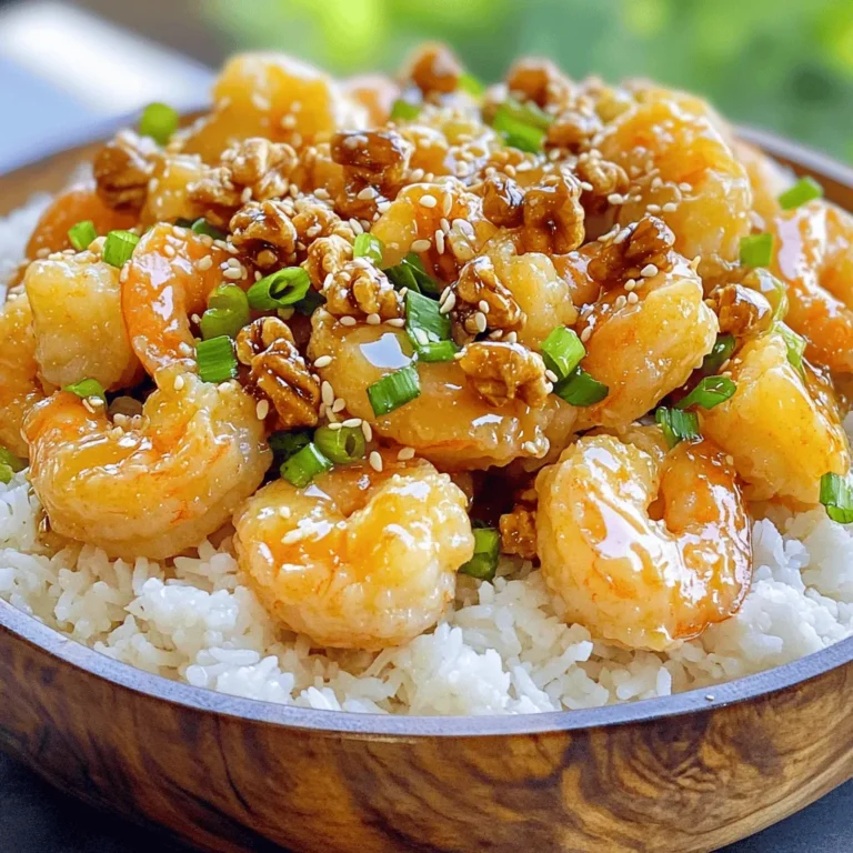 - 1 lb large shrimp, peeled and deveined - 1 cup walnuts - 1/2 cup mayonnaise - 1/4 cup honey - 1 tablespoon fresh lemon juice - 1 teaspoon low-sodium soy sauce - 1 cup cornstarch - Salt and freshly cracked black pepper to taste - Oil for frying - Sliced green onions - Sesame seeds Choose large shrimp that look fresh and firm. They should have a clean smell, like the ocean. Avoid shrimp with black spots or a strong fishy odor. For walnuts, pick those that are whole and unbroken. They should feel heavy for their size and have a nice, nutty aroma. Store both shrimp and walnuts in a cool place to keep them fresh. Start by boiling water in a small saucepan. Add the walnuts and let them boil for 2-3 minutes. This softens them. After boiling, drain the walnuts. Spread them in a single layer on a baking sheet. Next, heat a dry skillet over medium heat. Toast the walnuts in the skillet, stirring often. Keep an eye on them for about 5-7 minutes until they turn golden and smell great. Once done, set the walnuts aside to cool. Grab a mixing bowl and add the mayonnaise, honey, fresh lemon juice, and soy sauce. Whisk these items together until the mix is smooth. Make sure everything combines well. Set the sauce aside for later; it will add a sweet touch to our dish. Take the shrimp and pat them dry with paper towels. This step is key for a crispy texture. Sprinkle salt and freshly cracked black pepper on them. Now, coat each shrimp in cornstarch. Shake off any extra cornstarch to avoid a clumpy coating. In a large skillet or wok, pour enough oil to cover the bottom. Heat the oil over medium-high heat. When the oil shimmers, add the shrimp in batches. Fry each batch for 2-3 minutes on each side. Look for a golden brown color and make sure they are cooked through. After frying, place the shrimp on a plate lined with paper towels to soak up extra oil. In a large mixing bowl, add the crispy shrimp. Now, pour the honey sauce over them and toss gently until every shrimp is coated. Next, fold in the cooled toasted walnuts. Make sure the walnuts are evenly mixed with the shrimp. For a beautiful presentation, arrange the honey walnut shrimp on a serving dish. Garnish with sliced green onions and sprinkle sesame seeds on top. This adds a nice touch and extra flavor. Frying the shrimp right is key. First, use a deep skillet or wok. Heat the oil over medium-high heat until it shimmers. This shows it’s ready. Add shrimp in batches. Overcrowding makes them steam instead of fry. Cook each batch for 2-3 minutes per side. Look for a golden brown color. This means they are done. After frying, place them on paper towels. This helps soak up excess oil. Crispiness is what you want! You can tweak the sauce to your taste. If you like it sweeter, add more honey. For a tangy kick, try adding more lemon juice. Adjust the soy sauce for saltiness. If you want a creamier sauce, add more mayonnaise. Remember to taste as you mix. This helps you find the perfect balance for your dish. Want a lighter version? Try baking the shrimp instead of frying. Just coat them in cornstarch and place on a baking sheet. Bake at 400°F for about 15 minutes. You can also use Greek yogurt instead of mayonnaise. It cuts fat but keeps creaminess. For nuts, try almonds or pecans. They offer a different flavor and crunch. Lastly, serve with brown rice or quinoa for a healthy twist. {{image_4}} You can switch up the nuts for a new twist. Cashews add a creamy crunch. Pecans bring a rich, buttery flavor. Almonds are a lighter choice and work well too. Each nut gives a unique taste to the dish. Feel free to experiment! If you want a lighter sauce, use Greek yogurt instead of mayonnaise. Maple syrup can replace honey for a vegan option. Use tamari instead of soy sauce for a gluten-free alternative. These swaps keep the flavor while fitting your diet. Make this dish shine at any event! For a cozy dinner, serve it over jasmine rice. At a party, offer it as an appetizer with toothpicks. For holidays, place it on a festive platter with colorful veggies. Each setting can enhance your meal's appeal. Store your honey walnut shrimp in an airtight container. Make sure to let it cool first. Place it in the fridge. It will stay fresh for about two days. For best taste, enjoy it sooner rather than later. To reheat, use a skillet over medium heat. Add a splash of water to keep it moist. Stir gently until heated through, about 5-7 minutes. You can also microwave it for quick reheating. Use a low power setting to avoid overcooking. Cover it to keep moisture in. You can freeze honey walnut shrimp, but it may change the texture. Place it in a freezer-safe bag or container. Try to remove all air. It can last for up to three months. To thaw, move it to the fridge overnight, then reheat as noted above. The best shrimp for this dish is large shrimp. I prefer using shrimp that are peeled and deveined. This makes the cooking process easier. Look for shrimp labeled as "21/25" per pound. This means you get about 21 to 25 shrimp per pound, which is perfect for frying. Yes, you can make this dish without frying. You can bake the shrimp instead. Coat them with cornstarch, then place them on a baking sheet. Bake at 400°F for about 10-12 minutes. This gives you a healthier option while keeping the shrimp crispy. To achieve a smooth sauce, mix the mayonnaise, honey, lemon juice, and soy sauce well. Whisk until you see no lumps. If you want it thinner, add a little water or lemon juice. For a thicker sauce, add more mayonnaise. Adjust based on your taste. Yes! To make this dish gluten-free, use gluten-free soy sauce. You can find this at many grocery stores. Ensure that the cornstarch is also gluten-free, which it usually is. This way, you can enjoy the dish without gluten. Honey Walnut Shrimp combines sweet and savory flavors. We discussed key ingredients and preparation steps. You learned how to fry shrimp and make the perfect honey sauce. Remember to choose high-quality walnuts and shrimp for the best taste. Don't hesitate to experiment with flavors and variations. With the right tips, you can make this dish your own. Enjoy your cooking adventure!
