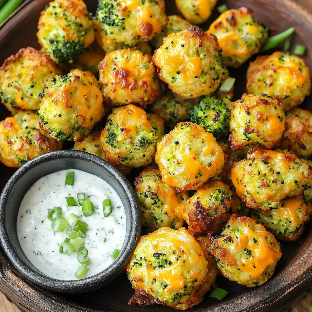 Here’s what you need to make Air Fryer Cheesy Broccoli Tots: - 2 cups broccoli florets, steamed until tender - 1 cup sharp cheddar cheese, freshly shredded - 1/2 cup breadcrumbs (consider using panko for a delightful crunch) - 1/4 cup grated Parmesan cheese - 1/4 cup green onions, finely chopped - 1 large egg, beaten - 1 teaspoon garlic powder - 1/2 teaspoon onion powder - Salt and pepper, to taste - Cooking spray or olive oil, for greasing Each ingredient plays a key role in making these tots packed with flavor. Broccoli gives a nice veggie touch, while cheddar and Parmesan bring rich cheese flavor. Breadcrumbs help bind everything together and add texture. Green onions add freshness, and the spices boost the taste. Using fresh ingredients always helps make the dish better. When you gather all these items, you will be ready to make a delicious snack or side dish in no time. How do I steam the broccoli florets? To steam the broccoli, you need to cook it until tender. Place the florets in a pot with a small amount of water. Cover the pot with a lid and let it steam for about 4-5 minutes. This keeps the broccoli bright and green while softening it. What should I do after steaming? After steaming, let the broccoli cool down. Once it is cool, chop it finely. This helps the broccoli mix well with other ingredients. Make sure the pieces are small for even cooking later. How do I combine the ingredients? In a large bowl, add the chopped broccoli, shredded sharp cheddar cheese, breadcrumbs, grated Parmesan cheese, and finely chopped green onions. Also, add the beaten egg, garlic powder, onion powder, and a pinch of salt and pepper. How do I ensure consistency? Mix everything well using a spatula or your hands. The mixture should be sticky enough to hold together. If it is too dry, you can add a little more cheese or an extra egg. This will help your tots stay together during cooking. How do I shape the tots? Take a handful of the mixture and shape it into small balls, about 1 inch long. Try to make them uniform in size. This helps them cook evenly in the air fryer. What temperature should I preheat the air fryer? Preheat your air fryer to 375°F (190°C) for about 5 minutes. Preheating helps to give the tots a nice crispy texture. How long do I cook the tots, and when do I flip them? Place the shaped tots in the air fryer basket. Make sure they are in a single layer and not touching. Cook them for 10-12 minutes. Flip them halfway through the cooking time to ensure they crisp up on all sides. Look for that golden-brown color to know they are done. - Alternative cheeses: You can swap sharp cheddar for mozzarella or gouda. Both melt well and add great flavor. - Gluten-free breadcrumb options: If you need a gluten-free option, use crushed cornflakes or ground almonds. They work well in this recipe. - Ensuring even cooking: Make sure your tots are the same size. This helps them cook evenly. Avoid overcrowding the air fryer basket; this allows hot air to circulate. - Tips for achieving a crispy texture: Lightly coat the tots with cooking spray or olive oil. This helps them crisp up nicely. Flip them halfway through cooking to ensure all sides get golden brown. - Dipping sauces: Serve with ranch, sriracha mayo, or a tangy yogurt dip. These add extra flavor to each bite. - Presentation ideas: Arrange the cheesy broccoli tots on a bright platter. Garnish with chopped green onions for a fresh look. This makes your dish more appealing and fun! {{image_4}} You can boost these tots by adding other veggies. Try carrots, cauliflower, or spinach. These add color and nutrition. You can also mix it up with roasted red peppers for a sweet touch. For flavor enhancements, add a bit of lemon zest or a splash of hot sauce. These will bring a bright taste to your tots. Want some heat? Add chili flakes or diced jalapeños for a spicy version. You can also create an herb-infused option by adding dried oregano or thyme. Both choices will give your tots unique flavors. Experiment with different spices to find what you love most. You can change the shape of your tots. Try making them into patties for a fun twist. If you prefer, you can also bake them in the oven. Just place them on a baking sheet and bake at 400°F (200°C) for about 20-25 minutes. Keep an eye on them to get that crispy finish. To keep your cheesy broccoli tots fresh, start by letting them cool completely. Then, place them in an airtight container. Store them in the fridge for up to three days. Use parchment paper between layers to avoid sticking. This method helps maintain their crispiness. Using an air fryer: Preheat your air fryer to 350°F (175°C). Place the tots in the basket, making sure they aren’t touching. Heat for about 5-7 minutes. This keeps them crunchy and warm. Oven reheating tips: Preheat your oven to 375°F (190°C). Spread the tots on a baking sheet lined with parchment paper. Bake for 10-15 minutes or until they get crispy again. This method is great for larger batches. To freeze your tots, first, let them cool completely. Arrange them in a single layer on a baking sheet and freeze for about an hour. Once frozen, transfer them to a freezer bag. They can stay in the freezer for up to three months. When ready to eat, thaw them in the fridge overnight before reheating. Enjoy your tasty treat any time! You can use low-fat cheese options like part-skim mozzarella or reduced-fat cheddar. These cheeses still melt well and add flavor. You can also add more vegetables, like carrots or bell peppers, to increase the nutrition. Using whole grain breadcrumbs instead of regular ones can boost fiber too. Cheesy broccoli tots are great as a snack or meal side. You can pair them with a fresh salad for a light meal. They also go well with dipping sauces like ranch, sriracha mayo, or garlic aioli. For a fun twist, serve them with some homemade salsa or guacamole. Yes, you can prep the mixture and shape the tots ahead of time. Just store them in the fridge for up to 24 hours. To freeze, place the shaped tots on a baking sheet and freeze them until firm. Then, transfer them to a freezer bag. When ready, cook them straight from frozen, adding a few extra minutes to the cooking time. Making Air Fryer Cheesy Broccoli Tots is fun and simple. You learned about the key ingredients, like broccoli and cheese, and how to prepare and cook them in an air fryer. We covered useful tips, like ingredient swaps and serving ideas. These tots are a tasty way to sneak veggies into meals. Enjoy your cooking and experimenting with flavors and textures. Remember, these tots can easily fit into a healthy meal plan or snack. Happy cooking!