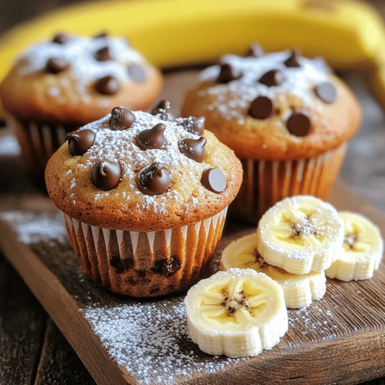 To make the best Chocolate Chip Banana Muffins, you'll need some simple ingredients. Here’s what you will gather: - 2 ripe bananas, thoroughly mashed - 1/4 cup coconut oil, melted - 1/2 cup packed brown sugar - 1 large egg, at room temperature - 1 teaspoon pure vanilla extract - 1 teaspoon baking soda - 1/2 teaspoon sea salt - 1 cup all-purpose flour, sifted - 1/2 cup semi-sweet chocolate chips - Optional: 1/4 cup finely chopped walnuts or pecans These ingredients come together to create a moist, sweet treat. The ripe bananas bring natural sweetness and moisture. Coconut oil adds a rich flavor that pairs perfectly with chocolate. Brown sugar gives a deeper sweetness than white sugar. The egg binds everything together while adding some lift. You can choose to add nuts for a crunchy texture. They also bring a nice balance to the soft muffins. If you skip the nuts, don’t worry; the muffins will still taste great. Make sure your bananas are very ripe. The riper they are, the sweeter your muffins will be. This recipe is easy to follow, and you’ll enjoy the process of making these delightful muffins! - Preheat oven to 350°F (175°C). - Line a muffin tin with paper liners or coat with spray. - In a large bowl, mash the ripe bananas well. - Add the melted coconut oil to the bananas. - Mix in the brown sugar, egg, and vanilla extract. - Stir until smooth and creamy. - Sprinkle the baking soda and sea salt into the mixture. - Gently stir until just combined, but don’t overmix. - Slowly fold in the sifted all-purpose flour. - Gently fold in the semi-sweet chocolate chips. - If you like, add chopped nuts too. - Divide the batter evenly among muffin cups. - Place the muffin tin in the oven. - Bake for 18-20 minutes. - Check doneness by inserting a toothpick in the center. - Cool the muffins in the tin for about 5 minutes. - Transfer them to a wire rack to cool completely. To make your muffins perfect, avoid overmixing. This keeps the texture light and fluffy. When mixing the flour, stir just until you see no dry flour. If you want to swap ingredients, you can use applesauce for oil or honey instead of brown sugar. Both options add moisture and sweetness. Serve your muffins warm for a cozy touch. You can place them on a rustic wooden board for a nice look. Add fresh banana slices next to them for color. A light dusting of powdered sugar also makes them pretty. You can even use colorful muffin liners to brighten up the display. To add more flavor, consider using spices like cinnamon or nutmeg. These spices work well with banana and chocolate. If you want sweeter muffins, add more brown sugar or a bit of maple syrup. For a richer taste, try using dark chocolate chips instead of semi-sweet ones. {{image_4}} You can easily make your muffins healthier. Swap coconut oil for unsweetened applesauce. This change cuts fat and adds moisture. Use honey or maple syrup instead of brown sugar. These sweeteners are less processed. You can also substitute whole wheat flour for all-purpose flour. This adds fiber and nutrients. For gluten-free options, replace all-purpose flour with almond flour or a gluten-free blend. These options work well and keep the muffins light. Make sure the chocolate chips are gluten-free too. This way, everyone can enjoy them. To change the flavor, try different types of chocolate. Dark chocolate chips give a rich taste. Milk chocolate adds sweetness. You can use white chocolate chips for a fun twist. Mix and match to find your favorite combo. Adding fruits or spices can also enhance flavor. Try blueberries or diced apples for extra fruitiness. Cinnamon or nutmeg adds warmth and depth. Just a pinch can make a big difference. Want a savory muffin? You can make simple changes. Omit the chocolate chips and sugar. Add shredded cheese, like cheddar or feta, for a rich taste. Chopped spinach or herbs can add freshness. You can mix in cooked bacon bits for a hearty touch. These muffins are perfect for breakfast or brunch. To keep your chocolate chip banana muffins fresh, use an airtight container. This helps seal in moisture. You can also use a zip-top bag. Make sure to press out any air before sealing. You can store muffins at room temperature for about three days. Keep them in a cool, dry place. If you want to store them longer, put them in the fridge. They will last up to a week in the fridge, but they may dry out a bit. These muffins last about three days at room temperature. In the fridge, they can stay fresh for up to seven days. If you see any mold or a change in smell, it's time to toss them. Muffins that are stale will feel hard and dry. If you want to save muffins for later, freeze them. Wrap each muffin in plastic wrap. Then place them in a freezer-safe bag. They can last for up to three months in the freezer. To reheat, take the muffin out of the freezer and let it thaw. You can warm it in the microwave for about 20-30 seconds. For a crispier texture, pop it in the oven at 350°F for 10 minutes. Enjoy your warm muffin like it just came out of the oven! Yes, you can use frozen bananas. Just thaw them first. After thawing, drain extra liquid. This helps keep your muffins moist. The riper the banana, the sweeter your muffins. To make these muffins vegan, replace the egg with a flax egg. Mix one tablespoon of ground flaxseed with three tablespoons of water. Let it sit for five minutes. You can also use almond milk or oat milk instead of regular milk. You can use other oils like vegetable oil or canola oil. If you want a rich flavor, try melted butter. Each oil gives a slightly different taste, so choose what you like best. Absolutely! You can add nuts like walnuts or pecans for crunch. Dried fruits like raisins or cranberries work well too. If you want a twist, try adding peanut butter chips or toffee bits. Check the muffins at 18 minutes. Insert a toothpick in the center. If it comes out clean or with a few crumbs, they are ready. If it has wet batter, give them a few more minutes. You can make delicious muffins with simple steps and ingredients. We covered key items like ripe bananas, coconut oil, and chocolate chips. The step-by-step instructions made baking easy, from mixing to cooling. I shared tips for perfecting texture and creative ways to present your muffins. Explore variations to suit your taste, whether you want healthier options or savory twists. Store your muffins properly to enjoy them longer. With these insights, you can bake, share, and savor the joy of homemade muffins!