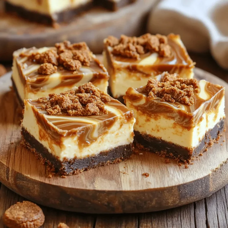 To make No-Bake Biscoff Cheesecake Brownie Bars, gather these items: - 1 cup Biscoff cookies, crushed finely - ½ cup unsalted butter, melted and slightly cooled - 1 cup cream cheese, softened to room temperature - ½ cup powdered sugar, sifted - 1 cup heavy whipping cream, chilled - 1 teaspoon pure vanilla extract - ½ cup Biscoff spread, plus extra for drizzling - A pinch of salt to enhance flavor - Extra Biscoff cookies for an irresistible topping You can swap some ingredients if needed. For a lighter option, use low-fat cream cheese. If you want a dairy-free version, try vegan cream cheese and coconut cream. For the crust, any similar cookie works. Graham crackers or Oreos can work well in place of Biscoff cookies. Choose fresh ingredients for the best flavor. Look for creamy, smooth cream cheese. Check the heavy cream for freshness; it should whip up nicely. Aim for high-quality Biscoff cookies for that sweet, spiced taste. Always sift the powdered sugar to avoid lumps. When selecting Biscoff spread, look for a smooth texture for easy mixing. To make these no-bake Biscoff cheesecake brownie bars, start with the crust. Take 1 cup of finely crushed Biscoff cookies and mix them with ½ cup of melted butter. Stir until the crumbs are evenly coated. Next, press this mixture firmly into the bottom of an 8x8-inch baking pan. Use a measuring cup or your fingers for a compact layer. Now, for the cheesecake filling, beat 1 cup of softened cream cheese in a bowl until smooth. Gradually add ½ cup of sifted powdered sugar and 1 teaspoon of vanilla extract while mixing. In another clean bowl, whip 1 cup of chilled heavy cream until stiff peaks form. Gently fold this whipped cream into the cream cheese mixture. Swirl in ½ cup of Biscoff spread carefully, creating a marbled effect. Pour this creamy filling over the crust in the pan, spreading it evenly. Crush additional Biscoff cookies and sprinkle them on top for crunch. Cover the pan with plastic wrap and refrigerate for 4-6 hours until set. To get great layers, be sure to pack the crust tightly. This helps prevent it from crumbling. When mixing the cream cheese, make sure it's at room temperature. Cold cream cheese can lead to lumps. When you fold in the whipped cream, use a gentle hand. This keeps the mixture airy and light. For the top layer, sprinkle the crushed cookies evenly. This adds texture and looks nice. If you want to drizzle extra Biscoff spread, do it right before serving. This makes your bars look fancy and delicious. One mistake is not letting the cheesecake set long enough. If you cut the bars too soon, they may fall apart. Another common error is overmixing the cheesecake batter. This can make it dense instead of light. Do not skip chilling the whipped cream. If it’s not cold, it won't whip well. Also, always use a clean bowl for whipping cream. This prevents any fat from other ingredients from affecting the texture. Following these tips helps you create the best no-bake Biscoff cheesecake brownie bars. To get a smooth and creamy cheesecake, start with room-temperature cream cheese. This helps it blend well. Make sure to whip the heavy cream until stiff peaks form. This adds air and lightness. When folding the whipped cream into the cream cheese mixture, do it gently. You want to keep the airy texture. Be careful not to overmix. A marbled look with Biscoff spread adds fun and flavor. Presentation is key with these brownie bars. After slicing, arrange them on a pretty platter. Drizzle extra Biscoff spread on top for a rich look. You can also crush some Biscoff cookies and sprinkle them over the bars. This adds texture and color. For a final touch, serve whole Biscoff cookies on the side. This makes each plate look inviting and tasty. These bars are best served chilled. They make a great dessert for any occasion. You can enjoy them after dinner or at parties. For an extra treat, pair them with a scoop of vanilla ice cream. A hot cup of coffee also complements these sweet bars well. They are sure to impress your guests and make them smile! {{image_4}} You can change the flavor of these bars easily. For a chocolate twist, use chocolate sandwich cookies instead of Biscoff cookies. This gives the crust a rich cocoa flavor. Try adding mint extract for a fresh taste. You can also mix in lemon zest for a bright, citrusy note. These small changes can make a big difference. To make these bars gluten-free, use gluten-free Biscoff cookies. Many brands offer gluten-free options that taste just as good. For a vegan version, swap the cream cheese for a plant-based cream cheese. Use coconut cream in place of heavy whipping cream, and make sure to choose a dairy-free butter. These swaps keep the flavors intact while catering to dietary needs. Get creative with add-ins for extra flavor. You can fold in chopped nuts, like walnuts or pecans, for crunch. Try adding mini chocolate chips for a sweet surprise in every bite. Swirling in some peanut butter or Nutella can give a nutty flavor that pairs well with Biscoff. The options are endless, so feel free to mix and match according to your taste. To keep your no-bake Biscoff cheesecake brownie bars fresh, store them in the fridge. Use an airtight container to seal in moisture and flavor. I recommend placing parchment paper between layers if stacking. This prevents sticking and keeps the bars looking good. Make sure the bars chill for at least 4-6 hours before serving. This time helps them set perfectly. If you want to save some bars for later, freezing works well. First, cut the bars into squares. Wrap each piece tightly in plastic wrap. Then, place them in a freezer-safe container or bag. This helps prevent freezer burn. You can freeze them for up to three months. To eat, let them thaw in the fridge overnight. When stored properly, these bars last about a week in the fridge. Keep an eye on them for any changes in texture or smell. If they look or smell off, it's best to toss them. Enjoy them fresh for the best taste! Yes, you can make these bars ahead of time. They taste better after chilling. I suggest making them the day before. This way, the cheesecake sets well and flavors meld together. Store leftover bars in the fridge. Use an airtight container to keep them fresh. They will stay good for about four days. If you want to keep them longer, wrap them tightly in plastic wrap. You can use graham crackers or Oreos as a substitute. Both will give you a tasty crust. Just crush them finely, like you do with Biscoff cookies. Yes, you can try other spreads like Nutella or peanut butter. They will change the flavor, but the bars will still be delicious. Just choose a spread that you enjoy! The cheesecake is set when it feels firm to the touch. It should not jiggle when you gently shake the pan. After chilling for 4-6 hours, it will be ready to slice and serve. In this post, we covered essential ingredients, preparation steps, and decorating tips for your cheesecake bars. You learned to choose quality ingredients, avoid common mistakes, and discover variations like gluten-free options. Remember to store your bars correctly to maintain freshness. With these insights, you can create delicious and visually appealing cheesecake bars every time. Enjoy experimenting in the kitchen, and share your tasty results!