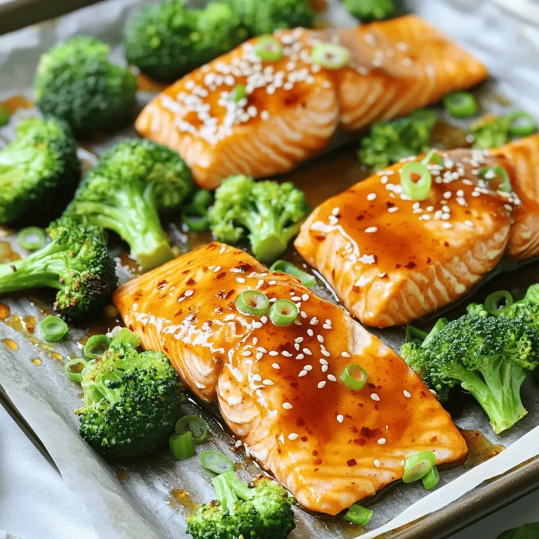 To make sweet chili salmon, you need some key items: - 4 salmon fillets (about 6 oz each) - 2 cups fresh broccoli florets - 1/4 cup sweet chili sauce - 2 tablespoons soy sauce - 1 tablespoon honey - 1 tablespoon extra virgin olive oil - 3 cloves garlic, finely minced - 1 teaspoon fresh ginger, grated - Salt and freshly cracked black pepper to taste These main ingredients create a wonderful blend of flavors. The salmon gives you healthy protein, and the broccoli adds fiber and vitamins. The sweet chili sauce brings a nice sweetness, while soy sauce adds depth. For seasoning, you will use: - Salt - Freshly cracked black pepper To garnish, you can add: - Sesame seeds - Sliced green onions Salt and pepper enhance the dish's taste. The sesame seeds and green onions add crunch and color, making the meal look great on the table. Want to boost the flavor? Consider these options: - Sliced red bell peppers - Snap peas - A drizzle of lime juice Adding bell peppers or snap peas can increase the veggie content and add more color. A squeeze of lime juice brightens the dish and adds a zesty kick. Experiment with these add-ins to find your favorite combination! Start by preheating your oven to 400°F (200°C). This heat will cook the salmon and broccoli evenly. Next, take a large baking sheet. You can line it with parchment paper or grease it lightly with oil or cooking spray. This helps prevent sticking and makes cleanup easy. In a small mixing bowl, combine the sweet chili sauce, soy sauce, honey, minced garlic, and grated ginger. Use a whisk to blend everything until it’s smooth. Set this sauce aside; it will add a nice kick to our dish. Place the salmon fillets skin-side down on one side of the baking sheet. Sprinkle a bit of salt and pepper on each fillet for flavor. Then, use a brush or spoon to coat the salmon with the sweet chili sauce mixture. Make sure each piece is well covered. On the other side of the sheet, spread the fresh broccoli florets in a single layer. Drizzle some olive oil over them and sprinkle with salt and pepper. Toss the florets gently to coat them nicely. Now, it’s time to bake! Slide the baking sheet into the preheated oven and roast for about 15-20 minutes. The salmon should flake easily with a fork, and the broccoli should be bright green and tender. When it’s done, take the baking sheet out of the oven. For a finishing touch, sprinkle sesame seeds and sliced green onions over the salmon and broccoli. Serve this hot and enjoy a tasty meal! To cook salmon just right, watch the time. Bake your salmon for about 15 to 20 minutes. The salmon should look opaque and flake easily with a fork. If you want to be sure, use a meat thermometer. It should read 145°F (63°C) inside the thickest part. Keep the skin on; it helps keep the fish moist. For tender broccoli, cut the florets into even pieces. This helps them cook at the same rate. Drizzle olive oil over the florets and mix well. Season with salt and pepper to add flavor. Roast them alongside the salmon for about 15 to 20 minutes. They will turn a bright green and be slightly crispy if cooked right. You can easily change the flavor of this dish. Try adding lime juice for a zesty kick. You can also mix in some red pepper flakes for heat. If you want a nutty touch, sprinkle some toasted sesame seeds on top. For a herby flavor, fresh cilantro or parsley works well too. Feel free to experiment and make it your own! {{image_4}} If you want to switch up the salmon, try using trout or cod. Both fish have a nice flavor and cook well. You can also use chicken breast for a different taste. Just adjust the cooking time to make sure it cooks fully. This dish allows you to add more veggies. Think about bell peppers, carrots, or snap peas. Just cut them into even pieces. Toss them with olive oil and seasoning like the broccoli. Place them on the baking sheet with the salmon for a colorful meal. For a spicy kick, add chili peppers. You can use fresh jalapeños or serranos. Slice them thin and scatter them over the salmon and broccoli. If you want less heat, remove the seeds before adding. This will give your dish a nice zing without overwhelming the flavor. To store your Sweet Chili Salmon and Broccoli, let it cool first. Use an airtight container. Place the salmon and broccoli in the container. Store it in the fridge. It stays fresh for up to three days. If you want to keep it longer, consider freezing. When you are ready to eat, you can reheat the leftovers. Preheat your oven to 350°F (175°C). Place the salmon and broccoli on a baking sheet. Cover it with foil to keep moisture in. Heat for about 10 to 15 minutes. You can also use a microwave. Heat on medium for about 2 to 3 minutes. Check to make sure it’s warm throughout. If you want to freeze leftovers, wrap each piece tightly in plastic wrap. Then place them in a freezer-safe bag. Remove as much air as you can. This keeps the flavors fresh. The dish can last up to three months in the freezer. When you are ready to eat, thaw it in the fridge overnight before reheating. Yes, you can use frozen salmon. Just make sure to thaw it first. Place the salmon in the fridge overnight or run it under cold water. Once thawed, follow the recipe steps as usual. The sweet chili sauce will still work great with frozen salmon. You can serve it with rice, quinoa, or a fresh salad. These sides add a nice balance to the meal. If you want more veggies, consider adding roasted carrots or a mix of bell peppers. They pair well with the sweet chili flavors. To make it less spicy, use less sweet chili sauce. You can also add more honey to balance the heat. If you want more spice, add red pepper flakes or sriracha to the sauce. Taste as you go to find the right level for you. Yes, you can prep it ahead of time. Marinate the salmon and broccoli in the sauce for up to 2 hours. Cover it and store it in the fridge. You can also cook it in advance, then reheat it in the oven. Just make sure it's warmed through before serving. This blog post covered how to make sweet chili salmon with broccoli. You learned about the key ingredients, the steps to prepare and cook the dish, and tips for perfect results. We also explored variations, storage options, and answered common questions. You now have everything you need to create a delicious meal. Enjoy experimenting with flavors and share this dish with friends and family. With practice, you’ll master this tasty recipe. Happy cooking!