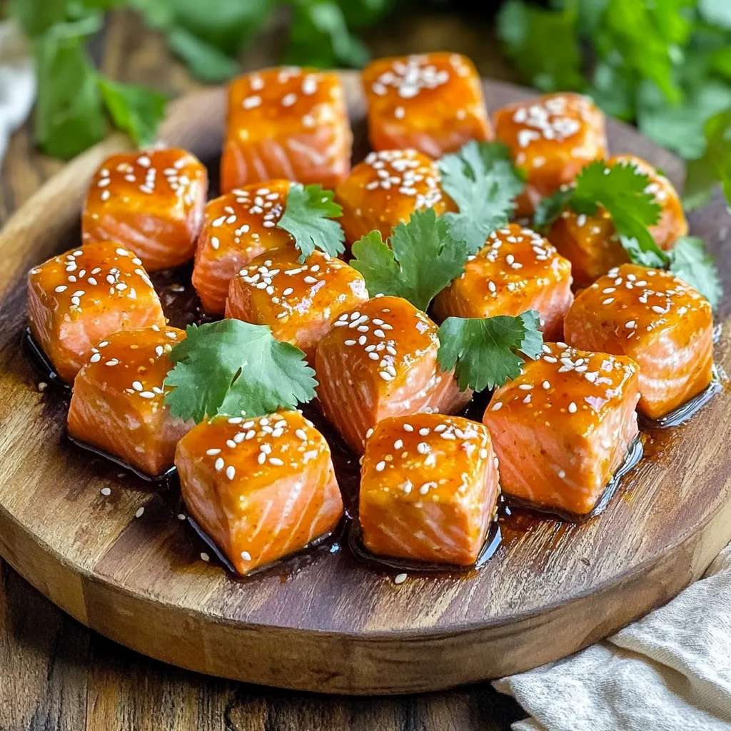 To make Air Fryer Sweet Chili Salmon Bites, you need the following: - 1 lb salmon fillet, skinless and boneless - 1/4 cup sweet chili sauce - 1 tablespoon soy sauce - 1 tablespoon olive oil - 1 teaspoon garlic powder - 1 teaspoon ginger powder - 1/2 teaspoon black pepper You can add some fun touches with these garnishes: - 1 tablespoon sesame seeds - Fresh cilantro leaves (optional) If you don't have some ingredients, here are some swaps: - Use teriyaki sauce instead of sweet chili sauce for a different flavor. - Coconut aminos can replace soy sauce for a gluten-free option. - Instead of olive oil, try avocado oil for a lighter touch. - Fresh garlic can replace garlic powder, just use one clove. - Ground fresh ginger can stand in for ginger powder. These options make it easy to work with what you have at home. Enjoy the cooking process and have fun experimenting! Start by cutting the salmon fillet into cubes. Aim for pieces about 1 inch wide. This size helps them cook evenly. Place the cubed salmon in a mixing bowl. Make sure to use skinless and boneless salmon for the best taste. In a separate bowl, mix the sweet chili sauce, soy sauce, olive oil, garlic powder, ginger powder, and black pepper. Whisk all the ingredients well. You want a smooth mix that will coat the salmon nicely. Pour this marinade over the salmon cubes in the mixing bowl. Toss gently to coat all pieces. Cover the bowl and let it sit in the fridge for 15-20 minutes. This gives the salmon time to soak up the flavors. While the salmon marinates, preheat your air fryer to 400°F (200°C). This takes about 5 minutes. Once ready, place the marinated salmon bites in the air fryer basket in a single layer. Avoid overcrowding to ensure they cook well. Cook them for 8-10 minutes. Shake the basket halfway through cooking for even results. The salmon should be opaque and slightly crispy when done. Carefully remove the salmon bites using a spatula. Arrange them on a serving platter. For a nice touch, sprinkle sesame seeds on top. You can add fresh cilantro leaves for color and flavor, if you like. Enjoy your delicious sweet chili salmon bites! To get that nice crunch, preheat your air fryer to 400°F. This step helps cook the salmon bites evenly. Place the salmon in a single layer in the basket. Avoid overcrowding, or they won’t crisp up. Cook for 8-10 minutes and shake the basket halfway. This movement helps them brown nicely. A good marinade makes a big difference. Mix sweet chili sauce, soy sauce, olive oil, garlic powder, ginger powder, and black pepper. Toss the salmon in the mix and cover it. Let it marinate in the fridge for 15-20 minutes. This time lets the flavors soak in. The longer you marinate, the tastier your bites will be. Some common mistakes can ruin your salmon bites. Don't skip preheating; it’s a must for good results. Also, avoid overcrowding the basket. If you do, the salmon won’t cook evenly. Lastly, remember to check for doneness. The salmon should be opaque inside and flaky when it's ready. These tips help ensure your sweet chili salmon bites turn out perfectly every time. {{image_4}} You can switch up the sauce to change the flavor. Try teriyaki sauce for a sweet, savory twist. A spicy sriracha sauce adds heat if you like it hot. Honey mustard is another option for a tangy kick. Each sauce gives a new taste to your salmon bites. If you want to try something new, use chicken or shrimp instead of salmon. Both cook well in the air fryer. You can also use tofu for a plant-based option. For veggies, try bell peppers or zucchini. Just cut them into similar bite-sized pieces. You can make this recipe fit many diets. Use gluten-free soy sauce if you need it. For a low-sugar option, look for sugar-free sweet chili sauce. If you are vegan, use a plant-based protein and a vegan sauce. These changes keep the meal tasty for everyone. To keep your sweet chili salmon bites fresh, store them in an airtight container. Place a paper towel at the bottom to absorb moisture. This helps to maintain crispness. You can store them in the fridge for up to three days. Make sure they cool to room temperature before sealing. This prevents condensation and sogginess. If you need to, use a separate container for the garnish. When you're ready to enjoy leftovers, reheating is simple. Preheat your air fryer to 350°F (175°C). Place the salmon bites in the basket in a single layer. Heat them for about 4-5 minutes, checking halfway through. This method keeps the salmon crispy. You can also use a microwave, but it may not keep the same texture. If using the microwave, heat for 30 seconds at a time until warmed. If you want to save salmon bites for later, freezing is a great option. Allow them to cool completely. Place them in a single layer on a baking sheet and freeze for about an hour. Once frozen, transfer them to a freezer-safe bag or container. Remove as much air as possible. You can store them for up to three months. When ready to eat, cook from frozen in the air fryer at 400°F (200°C) for 10-12 minutes. Cook salmon bites in the air fryer for 8-10 minutes. This time lets the fish cook evenly. I recommend shaking the basket halfway through. This helps the salmon get crispy all around. Yes, you can use frozen salmon! Just make sure to thaw it first. Once thawed, cut it into bite-sized pieces. This ensures even cooking and good flavor. These salmon bites pair well with rice or a fresh salad. You can also serve them with steamed vegetables. For a fun twist, try them in tacos with fresh toppings. Salmon is done when it turns opaque in the center. You can also use a fork to flake the fish. If it flakes easily, it is cooked through. The internal temperature should reach 145°F (63°C). In this post, we explored cooking salmon bites in an air fryer. We covered essential ingredients, step-by-step instructions, and tips for perfect results. You saw variations, storage methods, and answered key questions to help you make the best dish. As you try this out, remember to experiment with flavors and adapt to your taste. Enjoy your cooking journey and serve delicious salmon bites that everyone will love.