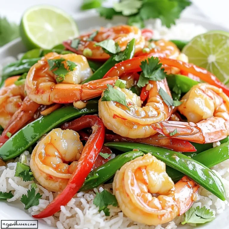 - Shrimp: 1 lb (450g), peeled and deveined - Vegetables: Red bell pepper, snap peas - Aromatics: Garlic, ginger, cilantro When I make this stir fry, I always start with fresh shrimp. They should be peeled and deveined. This makes them tender and easy to cook. For vegetables, I love using red bell pepper and snap peas. The red bell pepper adds color and sweetness. Snap peas give a nice crunch and freshness. Garlic and ginger are key for flavor. I use fresh garlic, minced finely, and grated ginger. This mix brings out a warm, spicy note. Finally, I add fresh cilantro for garnish. It adds a burst of green and a bright flavor. - Olive oil: 3 tablespoons - Soy sauce or tamari - Sriracha: Adjust for spiciness - Sesame oil Oil is crucial for cooking. I use three tablespoons of olive oil. It helps to sauté the garlic and ginger. For flavor, I add soy sauce or tamari. Tamari is a great gluten-free option. Sriracha adds heat, so adjust it based on your taste. Lastly, a splash of sesame oil gives depth to the dish. - Sea salt and freshly cracked black pepper - Juice of 1 lime - Lime wedges for serving Seasoning is essential. I sprinkle sea salt and freshly cracked black pepper over the shrimp. This enhances their natural taste. I also squeeze the juice of one lime over the dish before serving. The lime adds brightness and acidity. For presentation, I serve lime wedges on the side. They look great and add an extra zing when squeezed. - Peeling and deveining shrimp: Start by rinsing the shrimp under cold water. Use a small knife to remove the shell. Make a shallow cut along the back to remove the dark vein. This makes the shrimp clean and ready to cook. - Chopping vegetables: For the bell pepper, cut off the top and bottom. Slice it in half, remove the seeds, and julienne it into thin strips. Rinse the snap peas and trim the ends. - Mincing garlic and grating ginger: Take four cloves of garlic and chop them finely. For the ginger, use a grater to get about one tablespoon. Both add a punch of flavor to your dish. - Heating the oil and sautéing garlic and ginger: Pour two tablespoons of olive oil into a large frying pan over medium-high heat. Once the oil is hot, add the minced garlic and grated ginger. Sauté them for about 30 seconds. Keep an eye on them to prevent burning. - Cooking the shrimp until pink and opaque: Add the shrimp to the pan in a single layer. Season lightly with sea salt and black pepper. Cook for 2 to 3 minutes, stirring occasionally. The shrimp should turn pink and opaque when done. - Stir-frying the vegetables and finishing the dish: Remove the cooked shrimp and place them on a plate. In the same pan, add one tablespoon of olive oil. Toss in the bell pepper and snap peas. Stir-fry for 2 to 3 minutes until they are bright and just tender. Return the shrimp to the pan and mix everything well. - Drizzling with soy sauce, sriracha, and sesame oil: Pour in the soy sauce, sriracha, and sesame oil. Stir the mix for another 1 to 2 minutes. This combines all the flavors. - Adding lime juice and cilantro for garnish: Squeeze fresh lime juice over the stir-fry. Toss again to mix. Finally, sprinkle fresh cilantro leaves on top. This adds color and freshness to your dish. To make great shrimp, focus on timing. Cook the shrimp only until they turn pink and opaque. This usually takes 2-3 minutes. Overcooking makes them tough, so watch closely. Seasoning is key too. Lightly sprinkle sea salt and black pepper before cooking. This simple step enhances the shrimp's natural flavors. You can also add a squeeze of lime before serving for a fresh taste. If you need a soy sauce alternative, try coconut aminos. It's a great gluten-free option. For a different flavor, tamari works well too. You can also switch the red bell pepper for other veggies like zucchini or carrots. Snap peas can be replaced with green beans or broccoli. This gives you flexibility and keeps the dish fresh. Pair your stir fry with jasmine rice or quinoa for a satisfying meal. These sides soak up the sauce nicely. For a pop of color, serve on a bright plate. Scatter fresh cilantro on top and add lime wedges on the side. This adds a fun touch and makes the dish look appealing. Enjoy your meal with friends or family for a great dining experience! {{image_4}} You can easily add more veggies to your stir fry. Try using broccoli or carrots. These veggies add color and crunch. Here are some ideas: - Broccoli: Cut into small florets. Add it when you stir-fry the bell pepper. - Carrots: Slice thinly or use a grater. Toss them in with the snap peas for a sweet bite. - Zucchini: Cut into half-moons, and add it for a soft texture that pairs well with shrimp. - Bell Peppers: Use yellow or green peppers for a mix of flavors and colors. Adding veggies boosts nutrition and makes the meal more filling. Don't be afraid to mix and match! Adjusting the heat in your dish is easy. You can make it milder or spicier based on your taste. Here’s how: - Milder Version: Use less sriracha or skip it altogether. You can add a dash of honey for flavor without the heat. - Spicier Version: Add more sriracha or try chili flakes. If you love heat, toss in some diced jalapeños or fresh chili peppers. Experiment to find your perfect level of spice. Your taste buds will thank you! You have options when it comes to cooking methods. Each method gives a different flavor and texture. Here’s a quick guide: - Skillet: This is the method the recipe uses. It's quick and keeps the shrimp juicy. - Wok: A wok allows for high heat and fast cooking. It can give your dish a nice smoky flavor. - Air Fryer: If you want to cut down on oil, use an air fryer. It cooks the shrimp fast and can make them crispy. Choose the method that fits your kitchen style. Each way leads to a tasty dish! To keep your shrimp fresh, store leftovers in an airtight container. Place the container in the fridge. This way, your shrimp stays safe and tasty for up to two days. Always let the stir fry cool down before sealing it. This helps avoid condensation inside the container. If you want to save some for later, freezing works well! First, let the stir fry cool completely. Then, place it in a freezer-safe bag. Be sure to squeeze out any air before sealing it. This helps prevent freezer burn. You can freeze the stir fry for up to three months. To thaw it, move the bag to the fridge overnight. This way, it thaws slowly and keeps its texture. You can also use the microwave on low power if you need it faster. When you reheat the stir fry, do it gently. Use a non-stick pan over medium heat. Add a splash of water or broth to help keep it moist. Stir it often to heat evenly. This method prevents the shrimp from getting tough. Taste your dish as you reheat. If it needs a boost, add a little soy sauce or lime juice. This helps to bring back the flavors. Enjoy your meal just as it was when freshly cooked! This dish is quick to make. You need about 10 minutes to prep. Cooking takes around 5 minutes. In total, you will spend about 15 minutes. This makes it great for busy nights! You can pair this stir fry with several delicious options: - Jasmine rice for a fluffy base - Quinoa for a healthy twist - Noodles for a fun texture - Fresh salad for added crunch These sides enhance the meal and add variety. Yes, you can use frozen shrimp. Just remember to thaw them first. Place shrimp in cold water for 15-20 minutes. Cook them as soon as they are thawed. This helps keep the flavor and texture nice. This blog post covered everything you need for a tasty Minute Spicy Garlic Shrimp Stir Fry. You learned about the main ingredients, step-by-step cooking, and helpful tips for perfect results. I shared ideas for variations and how to store or reheat your dish. With this recipe, you can impress your family or friends with ease. Get creative with ingredients and find your favorite flavors. Happy cooking!