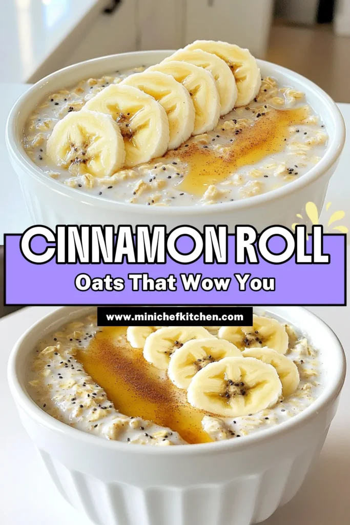 Start your morning right with these delicious Cinnamon Roll Overnight Oats! This easy recipe combines rolled oats, almond milk, Greek yogurt, and a hint of cinnamon to create a creamy and satisfying breakfast. Perfect for meal prep, just blend the ingredients and let them soak overnight. In the morning, add your favorite toppings like bananas and a drizzle of maple syrup for a sweet finish. Click to discover this tasty recipe today! #OvernightOats #HealthyBreakfast #CinnamonRoll #MealPrep