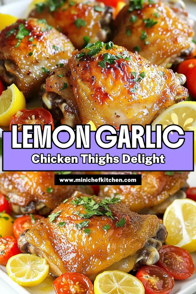 Elevate your dinner game with this Zesty Lemon Garlic Chicken Thighs recipe! Juicy, marinated chicken thighs are roasted to perfection with vibrant cherry tomatoes and bell peppers, making a tasty meal that delights. Perfect for family gatherings or weeknight dinners, this dish is simple and bursting with flavor. Click through to discover the full recipe and impress your loved ones tonight! #LemonGarlicChicken #SheetPanRecipes #EasyDinnerIdeas #HealthyMeals