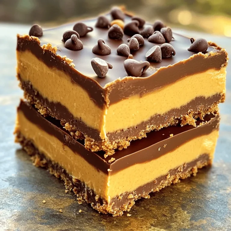 To make these delightful no-bake chocolate peanut butter cheesecake bars, you will need: - 1 cup graham cracker crumbs - 1/4 cup unsweetened cocoa powder - 1/4 cup granulated sugar - 1/2 cup unsalted butter, melted - 1 cup cream cheese, softened - 1 cup creamy peanut butter - 1/2 cup powdered sugar - 1 teaspoon vanilla extract - 1/2 cup heavy whipping cream, chilled These ingredients work together to create a rich and creamy texture that melts in your mouth. For extra flair, you can add: - 1/4 cup mini chocolate chips These chocolate chips can make a lovely garnish. They add texture and a pop of sweetness. If you need to make changes, here are some easy swaps: - Use almond butter instead of peanut butter for a nut-free option. - Swap granulated sugar for coconut sugar for a healthier choice. - Instead of graham cracker crumbs, crushed cookies or oats can work well too. These substitutions allow you to customize the recipe while keeping it delicious. To start, gather your ingredients for the crust. You need: - 1 cup graham cracker crumbs - 1/4 cup unsweetened cocoa powder - 1/4 cup granulated sugar - 1/2 cup unsalted butter, melted In a medium bowl, mix the graham cracker crumbs, cocoa powder, and sugar. Pour in the melted butter. Stir well until the mix looks like wet sand. This means it’s ready. Now, take an 8x8 inch baking dish and line it with parchment paper. Press the mix into the bottom of the dish. Use your hands or a measuring cup to make it even. Once it’s compact, put the dish in the fridge to chill while you make the filling. Next, let’s whip up that creamy filling. You will need: - 1 cup cream cheese, softened - 1 cup creamy peanut butter - 1/2 cup powdered sugar - 1 teaspoon vanilla extract - 1/2 cup heavy whipping cream, chilled In a new bowl, beat the softened cream cheese until smooth. Add the peanut butter, powdered sugar, and vanilla. Mix until it’s all combined and velvety. In another chilled bowl, whip the heavy cream until soft peaks form. Be careful not to overdo it. Now, gently fold this whipped cream into the peanut butter mix. Do this in three parts. You want to keep it fluffy! Pour the creamy filling over the chilled crust. Smooth the top with a spatula. Cover the dish tightly with plastic wrap. Chill it in the fridge for at least 4 hours. For the best taste, leave it overnight. When ready, sprinkle mini chocolate chips on top for a nice touch. Use a sharp knife to cut into squares. Serve these bars cold. Enjoy every delicious, chocolatey bite! When making these cheesecake bars, avoid over-mixing the cream cheese. This can lead to a dense filling. Also, don't rush the chilling time. If you cut them too early, they may fall apart. Make sure to press the crust firmly to hold together. Lastly, always use chilled heavy cream for better whipping results. To make perfect whipped cream, start with a chilled bowl and beaters. This helps the cream whip quickly. Beat on medium speed until soft peaks form. Stop once you see the peaks. Over-whipping makes the cream grainy, so stay vigilant. Gently fold the whipped cream into the peanut butter mixture. This keeps it airy and light. For a stunning presentation, use a sharp knife to cut clean squares. Garnish each bar with mini chocolate chips for a nice touch. You can also drizzle melted chocolate or caramel sauce over the top. Serve on a beautiful platter with fresh berries for color. This makes your dessert look fancy and inviting! {{image_4}} You can play with flavors to make these bars even better. Try adding a pinch of sea salt for a sweet and salty combo. You can also mix in some caramel sauce for a richer taste. If you love coffee, add a tablespoon of espresso powder. It gives a nice kick to the chocolate and peanut butter. Toppings can really change the look and taste of your cheesecake bars. Instead of mini chocolate chips, try crushed nuts for crunch. You can use chopped peanuts or walnuts for extra texture. Drizzling melted chocolate or caramel on top adds a beautiful finish. Fresh fruit like berries can add brightness and freshness. If you want to make this recipe vegan, swap the cream cheese for a vegan alternative. Use coconut cream instead of heavy cream for whipping. For gluten-free bars, make sure to use gluten-free graham cracker crumbs. These simple changes keep the delicious taste while meeting dietary needs. To keep your no-bake chocolate peanut butter cheesecake bars fresh, store them in the fridge. Use an airtight container to prevent them from drying out. You can also wrap them tightly in plastic wrap. This extra layer helps keep the bars moist and tasty. Yes, you can freeze these cheesecake bars! Cut them into squares first. Wrap each square in plastic wrap. Then, place them in a freezer-safe bag. They can last up to three months in the freezer. When you want to enjoy them, just thaw them in the fridge overnight. These cheesecake bars last about a week in the fridge. If stored properly, they stay delicious. There’s no need to reheat them, as they are best served cold. Just take them out, slice, and serve. Enjoy the creamy texture and rich flavors straight from the fridge! Yes, you can make these cheesecake bars ahead of time. They taste even better after chilling overnight. This allows the flavors to blend well. Just store them in the fridge until you are ready to serve. You will know the bars are set when the filling feels firm to the touch. If you gently poke the top, it should not leave a dent. The edges will look slightly more solid than the center. Chill them for at least four hours for best results. If you lack graham cracker crumbs, you can use crushed cookies instead. Try vanilla wafers or digestive biscuits for a tasty crust. You can also use crushed pretzels for a salty twist. Just make sure to mix them with melted butter for the right texture. This article covered the key ingredients for cheesecake bars, from core to optional. I explained step-by-step instructions for making the creamy filling and preparing the crust. I shared tips to avoid common mistakes and ways to enhance flavor. Variations help fit different diets or tastes. Lastly, I provided storage info and answered common questions. Cheesecake bars are easy and fun to make. With these guidelines, you can create tasty treats tailored to your needs. Enjoy making your delicious dessert!