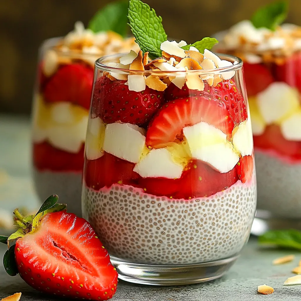 - 1 cup creamy canned coconut milk - 1/2 cup almond milk (or your favorite plant-based milk) - 1/4 cup chia seeds - 2 tablespoons maple syrup (or honey for a touch of sweetness) - 1 teaspoon pure vanilla extract - 1/2 teaspoon fine sea salt - 1 cup fresh strawberries, hulled and sliced - Toasted coconut flakes for a crunchy garnish - Fresh mint leaves for a fragrant touch When measuring ingredients, use standard measuring cups and spoons. For the coconut milk, shake the can well before opening to mix the cream and liquid. For the chia seeds, ensure you pack them lightly in the measuring cup. These small steps help ensure your pudding turns out just right. You can swap coconut milk for another type of milk if you prefer. Whole milk or oat milk both work well. If you don’t have chia seeds, try using flaxseeds, but remember to grind them first. For a sweeter option, use agave syrup instead of maple syrup. Fresh strawberries can be replaced with other berries like blueberries or raspberries for a different twist. First, gather all your ingredients. You will need coconut milk, almond milk, chia seeds, sweetener, vanilla, salt, strawberries, coconut flakes, and mint leaves. Gather a medium bowl, a whisk, and your serving glasses. It’s fun to prepare. Start by pouring the coconut milk and almond milk into the bowl. Add the maple syrup, vanilla extract, and sea salt. Mix well using a whisk until it’s smooth. Next, sprinkle in the chia seeds while stirring. This step helps keep the seeds from clumping together. You want an even texture throughout. Cover the bowl tightly with plastic wrap or a lid. Place it in the fridge for at least 4 hours. For the best results, leave it overnight. Stir it once in the first hour to keep the chia seeds evenly spread. After chilling, check the pudding's thickness. If it's too thick, add a tablespoon of almond milk and stir. Now, you’re ready to layer the pudding with fresh strawberries! To get the best texture, mix the chia seeds slowly into the liquid. This helps avoid clumps. Stir well to ensure every seed gets coated. After chilling, if your pudding is too thick, add a bit of almond milk. Stir until it reaches your preferred creaminess. Serve your pudding in clear glasses. This shows off the pretty layers of strawberries and pudding. For a fun twist, place a slice of strawberry on each glass rim. You can also add mint leaves on top for extra flair. Using toasted coconut flakes gives a nice crunch and looks lovely. Taste your pudding before serving. If you want it sweeter, add more maple syrup or honey. Mix it well after adding. Remember, the sweetness can change with the strawberries. Ripe strawberries are sweeter, so adjust based on their taste. {{image_4}} You can change the fruit in this recipe. Try using blueberries or raspberries. These fruits add a nice color and taste. You can even mix different fruits for fun flavors. Mango works well too. Just remember to slice them small for easy layering. If you want to keep this dish dairy-free, stick with coconut milk and almond milk. These milks are creamy and rich. You can also try oat milk or soy milk. Both give a nice texture and flavor. Check the labels to ensure they fit your dietary needs. To make your chia pudding even better, add some extras. Try a pinch of cinnamon for warmth. You can also toss in some nuts for crunch. Chopped almonds or walnuts work great. For a sweeter touch, mix in a spoon of nut butter. This gives a rich flavor and creamy texture. Store your strawberry coconut chia pudding in clean, airtight containers. Glass jars work well. Make sure the lid is tight to keep out air. This helps keep the pudding fresh. Always place the pudding in the fridge. If you layer it with strawberries, keep the fruit separate until serving. This keeps the berries from getting soggy. When stored correctly, chia pudding can last up to five days in the fridge. After that, its texture may change. The chia seeds can absorb too much liquid and become mushy. If you notice any off smells or signs of spoilage, it’s best to toss it out. Always trust your senses when deciding to eat leftovers. You can freeze chia pudding if you want to save some for later. Use freezer-safe containers. Leave some space at the top, as the pudding will expand when frozen. When ready to enjoy, thaw it in the fridge overnight. Stir well before serving. Note that the texture may change after freezing, but it will still taste good. Yes, this recipe is already vegan-friendly. Use almond milk or any plant-based milk. Maple syrup adds sweetness without animal products. Enjoy this dish without worry if you follow a vegan diet. You can tell the chia pudding is set when it becomes thick and gel-like. After chilling for four hours, stir it. If it holds its shape when scooped, it is ready to serve. Yes, you can use frozen strawberries. Just thaw them before adding to your pudding. This will ensure a nice texture and flavor. Frozen strawberries will also add a chill to your dish. Chia seeds are packed with nutrients. They are high in fiber, which aids digestion. They also have omega-3 fatty acids for heart health. Plus, they are a good source of protein and calcium. If your pudding is too thick, add a splash of almond milk. Stir it in until you reach your desired texture. Adjusting the liquid will keep your pudding creamy and enjoyable. This blog post covered everything you need to know about making chia pudding. We looked at ingredients, measurements, and substitutions. Then, I shared step-by-step instructions for mixing, chilling, and setting. You also got tips to perfect texture and ideas for presentation. We discussed variations and storage methods to keep your pudding tasty. In the end, chia pudding is a simple, flexible treat. You can customize it to fit your taste and health needs. Enjoy making this fun recipe!