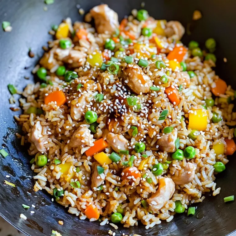 - 2 cups cooked jasmine rice (refrigerated overnight) - 1 lb boneless, skinless chicken thighs - 1 cup assorted mixed vegetables (peas, diced carrots, bell pepper strips) - 2 tablespoons soy sauce - 2 tablespoons teriyaki sauce - 1 tablespoon sesame oil - 2 large eggs - 3 tablespoons fresh green onions - 2 cloves garlic - Salt, pepper, and toasted sesame seeds for garnish In this recipe, using day-old jasmine rice makes a big difference. The rice dries out in the fridge, so it won't clump together. This helps create that ideal texture for fried rice. I love using boneless, skinless chicken thighs. They stay juicy and tender when cooked. For veggies, I like a mix of peas, carrots, and bell peppers. These add color and crunch. The sauces bring flavor to the dish. Soy sauce gives a nice salty taste, while teriyaki sauce adds sweetness. Sesame oil adds a rich, nutty flavor, tying everything together. I usually add garlic for a burst of flavor and fresh green onions for a bright finish. Remember, don't skip the toasted sesame seeds. They add a delightful crunch and a nutty aroma to the dish. This simple mix of ingredients creates a meal that beats takeout every time! Heat 1 tablespoon of sesame oil in a large skillet over medium-high heat. Once hot, add 1 pound of diced chicken thighs. Season them with salt and pepper. Cook the chicken for about 5-7 minutes, stirring often. The chicken should turn brown and cook all the way through. When done, take the chicken out and set it aside. In the same skillet, add the other tablespoon of sesame oil. Toss in 2 cloves of minced garlic and sauté for about 30 seconds. You want it to smell great but not burn. Next, add 1 cup of assorted mixed vegetables. Cook for about 3-4 minutes. Keep stirring until the veggies are tender but still crisp. Push the vegetables to one side of the skillet to make space. Pour in 2 large, beaten eggs into the cleared area. Scramble the eggs for about 1-2 minutes until they are fully cooked. Once done, mix the eggs in with the vegetables. Now, add the cooked chicken back into the skillet. Pour in the 2 cups of chilled jasmine rice, along with 2 tablespoons each of soy sauce and teriyaki sauce. Stir everything together well. Cook for an extra 3-4 minutes, tossing continuously. This ensures that all the ingredients heat evenly and the rice gets coated with the sauces. Take the skillet off the heat. Add in 3 tablespoons of chopped green onions. Taste the dish and adjust the seasoning with more salt and pepper if needed. For a nice finish, sprinkle toasted sesame seeds on top just before serving. Using day-old rice is key for great fried rice. Fresh rice has too much moisture and can turn mushy. Day-old rice dries out a bit, making it perfect for frying. Jasmine rice works best due to its slight stickiness. You can also use basmati rice for a different texture. To boost flavor, consider adding a splash of oyster sauce or a pinch of ginger. Fresh herbs like cilantro or basil can brighten the dish. For a savory kick, try adding a touch of sesame seeds or crushed red pepper. The goal is to create layers of taste while keeping the dish balanced. Stir-frying is the best way to cook this dish. Use a large skillet or wok for even heat. Make sure to preheat your skillet until it's very hot. This helps to sear the ingredients and keeps them crisp. Stir-fry quickly to lock in flavors and avoid overcooking. The high heat also helps to give you that nice, smoky flavor that makes fried rice special. {{image_4}} You can easily make teriyaki chicken fried rice vegetarian. Instead of chicken, use tofu. Tofu is a great source of protein. Choose firm tofu for the best texture. Cut it into small cubes and sauté it like chicken. This will keep the protein content balanced. You can also add some edamame for extra protein and fiber. Adding more veggies can brighten your dish. You can use broccoli, snap peas, or bell peppers. Just chop them small so they cook quickly. When adding these, adjust the cooking time. Cook harder veggies like carrots longer. Cook softer ones like spinach for just a minute. This way, your fried rice stays colorful and crunchy. Want some heat? Add sriracha or chili flakes to your dish. Start with a little and taste as you go. This will let you find the right heat level. To balance the spice, add a touch more teriyaki sauce. This mix of heat and sweetness makes the dish pop. It’s a fun twist on the classic recipe! To keep leftover teriyaki chicken fried rice fresh, start by letting it cool. Place the rice in an airtight container. This helps lock in flavors and moisture. Use glass or plastic containers that seal well. Always store in the fridge. It stays good for about 3 to 4 days. When it’s time to eat, you want your rice to taste great. The best way to reheat fried rice is on the stove. Add a splash of water or broth to keep it moist. Heat over medium heat, stirring often. You can also use the microwave. Cover the dish with a damp paper towel. This keeps the rice from drying out. Heat in short bursts, stirring in between. If you want to save some for later, freezing works well. First, let the rice cool completely. Then, divide it into portions and put them in freezer bags. Squeeze out as much air as you can. This helps prevent freezer burn. When you’re ready to eat, thaw the rice in the fridge overnight. Reheat it on the stove or in the microwave. Add a little moisture to keep it tasty. Yes, you can use various chicken cuts. Boneless, skinless chicken thighs work best for this dish. They stay juicy and tender when cooked. If you prefer, you can use chicken breast. Just make sure to cook it until it is no longer pink. Chicken breast may cook faster, so keep an eye on it. To make this dish gluten-free, swap regular soy sauce for tamari or a gluten-free soy sauce. These options provide the same great taste without the gluten. Ensure your teriyaki sauce is also gluten-free. Many brands offer gluten-free varieties. Always check the labels when shopping. This dish pairs well with a variety of sides. You can serve it with miso soup for a warm start. A simple cucumber salad adds a nice crunch and freshness. For a heartier meal, try egg rolls or spring rolls. They complement the flavors of the fried rice well. Teriyaki chicken fried rice lasts about 3 to 4 days in the fridge. Store it in an airtight container for best results. Always check for signs of spoilage. If it smells off or has a strange texture, it's best to toss it. Reheat it thoroughly before serving again. This blog post guides you through making teriyaki chicken fried rice. We covered key ingredients, step-by-step instructions, helpful tips, variations, storage info, and frequently asked questions. With day-old rice and balanced flavors, it's an easy and tasty meal. Feel free to customize with your favorite veggies or proteins. Enjoy your cooking adventure, and share this recipe with friends! You’ll impress them with this simple dish, and they’ll want to try it too.