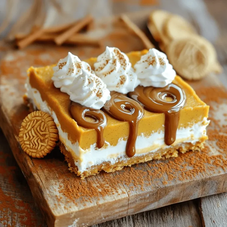 - 1 ½ cups Biscoff cookies - ½ cup unsweetened pumpkin puree - ½ cup cream cheese - ¼ cup powdered sugar - 1 teaspoon pumpkin pie spice - ½ teaspoon vanilla extract - ½ cup whipped cream (or whipped topping) - ½ cup Biscoff spread - 1 tablespoon melted coconut oil (optional) Each ingredient plays a key role in making these bars delicious. The Biscoff cookies form a crunchy base, giving a sweet and spicy flavor. Pumpkin puree adds moisture and a rich, earthy taste. Cream cheese contributes a creamy texture and balances the sweetness. Powdered sugar sweetens the mix without grittiness. Pumpkin pie spice brings warmth and wonderful aroma. Vanilla extract enhances all the flavors. Whipped cream adds lightness, making the filling airy. The Biscoff spread on top adds a beautiful finish and extra sweetness. Lastly, melted coconut oil helps bind the crust, making it easy to press into the pan. When gathering these ingredients, make sure to choose high-quality ones for the best results. Fresh pumpkin puree gives the best flavor. If you want to make this treat extra special, look for seasonal or organic options. Remember, the balance of these flavors is key to enjoying the bars. - In a bowl, combine 1 ½ cups of crushed Biscoff cookies with 1 tablespoon of melted coconut oil. - Mix until the crumbs are coated. - Firmly press the mixture into the bottom of a parchment-lined 9x9-inch square pan. - Place the pan in the refrigerator for 10-15 minutes to set the crust. - In a separate bowl, beat ½ cup of softened cream cheese until smooth. - Add ½ cup of pumpkin puree, ¼ cup of powdered sugar, 1 teaspoon of pumpkin pie spice, and ½ teaspoon of vanilla extract. - Mix until all ingredients are fully combined and smooth. - Gently fold in ½ cup of whipped cream with a spatula until just combined. - Spread the pumpkin mixture evenly over the chilled Biscoff crust using a spatula. - To prepare the drizzle, heat ½ cup of Biscoff spread in the microwave for 15-20 seconds. - Drizzle the melted Biscoff spread over the pumpkin layer. - Use a toothpick or knife to swirl the Biscoff into the pumpkin layer for a marbled look. - Cover the pan with plastic wrap and refrigerate for at least 4 hours, preferably overnight. - Once firm, lift the bars out using the parchment paper and cut into squares for serving. To make a great crust, blend the crushed Biscoff cookies well. Use a food processor for even texture. If you don’t have one, crush them in a bag with a rolling pin. Mix in melted coconut oil if you want a richer taste. Press this mixture firmly into the pan. This ensures a solid base for your bars. After pressing, refrigerate the crust for 10-15 minutes. This step helps it set and hold its shape. To keep the filling airy, fold in the whipped cream gently. Use a spatula and scoop from the bottom to the top. This keeps the air bubbles intact. Avoid mixing too hard or too long. Overmixing makes the filling dense. You want it light and fluffy for the best flavor and texture. For beautiful swirls, heat the Biscoff spread slightly. Microwave it for 15-20 seconds until it’s pourable. Drizzle this over the pumpkin layer. Use a toothpick or knife to swirl it in. This creates a stunning marbled effect. Aim for a consistency that flows easily but isn’t too runny. The right texture will make your bars look amazing. {{image_4}} You can easily change the flavor of these bars. Try using different spices like cinnamon, nutmeg, or ginger. Each spice adds a unique twist. If you don’t have Biscoff, use other cookie spreads. Nutella or speculoos spread works great too. These swaps keep your bars fun and exciting. Want to make these bars gluten-free? Just use gluten-free Biscoff cookies. They work well and taste just as good. For a dairy-free option, replace cream cheese with a dairy-free cream cheese. Use coconut whipped cream instead of regular whipped cream. These changes keep everyone happy without losing flavor. Pair these bars with fun drinks for gatherings. A hot cup of coffee or apple cider complements the flavors well. You can also serve them with a scoop of vanilla ice cream. For extra flair, garnish each bar with a dollop of whipped cream. Add a sprinkle of pumpkin spice or a small Biscoff cookie on top. This makes your dessert look even more inviting! You can keep your No Bake Biscoff Pumpkin Spice Bars in the fridge for up to five days. To keep them fresh, cover the pan with plastic wrap or use an airtight container. This helps keep moisture in and prevents the bars from drying out. To freeze the bars, cut them into squares first. Wrap each square in plastic wrap and then place them in a freezer bag. They can last for up to three months in the freezer. When you're ready to enjoy them, move the bars to the fridge for a few hours to thaw. For best texture, avoid microwaving them directly from frozen. If you want to serve the bars warm, use an oven. Preheat it to 350°F (175°C). Place the bars on a baking sheet lined with parchment paper. Heat them for about 10 minutes. Make sure they stay intact by not overheating them. Enjoy the warm, gooey goodness! Yes, you can use other cookies. Graham crackers or Oreos work well. Just crush them finely. A different cookie may change the flavor a bit, but it will still taste great. If you lack Biscoff spread, try using peanut butter or almond butter. They bring a nice nutty taste. You can even use chocolate spread for a sweet twist. The bars need at least 4 hours to set in the fridge. For best results, let them chill overnight. This makes them firm and easier to cut. Yes, you can make these bars vegan. Use vegan cream cheese and whipped topping. Look for a vegan cookie option for the crust. Enjoy a tasty treat without dairy! This blog post covered a tasty pumpkin bar recipe using Biscoff cookies. We explored ingredients and provided step-by-step instructions for making the crust and filling. I shared tips for achieving great texture and presentation, plus some fun variations to try. These bars are simple and perfect for gatherings. Enjoy experimenting with flavors and adjustments. Now, go make these delicious pumpkin bars and impress your friends and family!