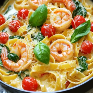 - 8 oz fettuccine or spaghetti - 1 lb shrimp, peeled and deveined - 2 tablespoons olive oil - 3 cloves garlic, finely minced - 1 teaspoon Italian seasoning blend - Salt and freshly cracked black pepper, to taste To make this dish, start with the pasta. Fettuccine or spaghetti works best. The shrimp should be fresh, peeled, and deveined for easy cooking. Olive oil adds flavor and helps with cooking. Garlic gives it a delightful aroma. Italian seasoning adds a nice touch, and salt and pepper enhance all the flavors. - 1 cup heavy cream - ½ cup freshly grated Parmesan cheese - 1 cup cherry tomatoes, halved - 1 cup fresh spinach leaves The creamy sauce is the star of this dish. Heavy cream makes it rich and smooth. Parmesan cheese gives it a delicious, cheesy taste. Cherry tomatoes add a burst of flavor, while fresh spinach adds color and nutrients. Together, these create a sauce that coats the pasta beautifully. - Fresh basil leaves - Additional Parmesan and olive oil drizzle For presentation, fresh basil leaves bring a pop of color. A sprinkle of extra Parmesan adds more flavor. A drizzle of olive oil can enhance the look and taste of your dish. These simple garnishes elevate your meal to a new level. Start by boiling a large pot of salted water. Once it reaches a boil, add 8 oz of fettuccine or spaghetti. Cook it according to the package instructions until al dente. This usually takes about 8 to 10 minutes. After cooking, drain the pasta but save a cup of the pasta water. This water will help adjust the sauce later. In a large skillet, heat 2 tablespoons of olive oil over medium heat. Add 3 cloves of minced garlic and sauté for about a minute. Watch the garlic closely to avoid burning it. Next, add 1 lb of peeled and deveined shrimp. Season them with salt, pepper, and 1 teaspoon of Italian seasoning. Cook for 2-3 minutes on each side. The shrimp will turn bright pink when done. Remove them from the skillet and set them aside. In the same skillet, add 1 cup of halved cherry tomatoes. Cook them for about 2 minutes until they soften and release juices. This adds great flavor to your sauce. Lower the heat slightly, then pour in 1 cup of heavy cream. Stir it gently and bring it to a gentle simmer. Gradually add ½ cup of freshly grated Parmesan cheese, stirring until it melts. This will create a smooth, creamy sauce. Now, add the cooked pasta directly into the creamy sauce. Mix well to coat the pasta. If the sauce is too thick, splash in some reserved pasta water to reach your desired consistency. Cover the pot and cook for an additional 2-3 minutes, stirring occasionally. This helps the pasta absorb some sauce. Then, gently fold in 1 cup of fresh spinach leaves and the cooked shrimp. Cook until the spinach wilts and everything is heated through. Taste and adjust seasoning if needed. To get the sauce just right, use the pasta water. Save a cup of it before draining your pasta. If your sauce is thick, add a splash of this water. It helps make it creamy and smooth. For al dente pasta, cook it until it is firm but not hard. Follow the package instructions closely. This gives the pasta the right bite. It also helps it hold the sauce better. Fresh herbs can really boost the taste. Consider adding parsley or dill for an extra kick. You can also use red pepper flakes for heat. Don't shy away from trying new spices. Pair your dish with a light white wine. A crisp Sauvignon Blanc works well. Serve with a side salad or garlic bread for a complete meal. Plating matters! Use shallow bowls to show off the pasta. Drizzle a bit of olive oil on top for shine. Add a sprinkle of extra Parmesan for a tasty touch. Garnish with fresh basil leaves. It adds color and flavor. Arrange the shrimp artfully on top to make the dish pop. A little care in serving makes your meal more inviting. {{image_4}} You can swap shrimp for chicken or tofu. Chicken gives a hearty feel. Just cook it until golden brown. For tofu, use firm tofu and sauté until crispy. Both options keep the dish tasty. If you want a vegan dish, try chickpeas or lentils. These add protein and texture. They soak up flavors well, making your meal satisfying. Add seasonal veggies for extra color and taste. Peas, zucchini, or bell peppers fit well. They cook quickly and brighten the plate. Herbs can boost flavor too. Fresh basil, parsley, or oregano work wonders. They bring freshness, making each bite more enjoyable. You can play with cheese types for the sauce. Try goat cheese or feta for a tangy taste. Each cheese offers a unique twist. Adjust the creaminess too. If you like it thicker, add more cheese. For a lighter sauce, use less cream or more pasta water. Balance is key to your perfect dish. After enjoying your creamy Tuscan shrimp pasta, store any leftovers in an airtight container. This helps keep the dish fresh. Let it cool completely before sealing. Your pasta will stay good in the fridge for up to three days. To reheat your pasta, use a skillet over low heat. Add a splash of water or cream to keep it moist. Stir often to prevent sticking. Heat until warmed through, but avoid cooking it too long. This keeps the shrimp tender and the sauce creamy. Yes, you can freeze creamy Tuscan shrimp pasta! First, let it cool down. Then, place it in a freezer-safe container. It can stay in the freezer for up to two months. When ready to eat, thaw it in the fridge overnight. Reheat gently in a skillet, adding a bit of cream to restore the sauce’s creaminess. To make this dish gluten-free, use gluten-free pasta. Many brands offer tasty options like rice or corn pasta. These pastas cook similarly to regular ones, so follow the package instructions. You won't lose any flavor or texture. Yes, you can use fresh shrimp. Fresh shrimp gives a great taste. If you use frozen shrimp, thaw it before cooking. To thaw, place it in the fridge overnight or run it under cold water for a few minutes. This helps keep the shrimp juicy and tender. This dish pairs well with a simple green salad. A fresh garden salad adds crunch and freshness. Garlic bread is another great side, as it soaks up the creamy sauce. You can also serve it with roasted vegetables for added flavor. You can adjust the spice levels to your taste. If you want more heat, add red pepper flakes. Start with a small amount, then taste as you go. This way, you can control the spice and make it just right for you. Creamy Tuscan shrimp pasta is a delightful dish that combines fresh ingredients, simple steps, and flavorful variations. You can enjoy perfectly cooked pasta, juicy shrimp, and a rich sauce. Remember to adjust flavors and textures to suit your tastes. Don’t hesitate to explore different proteins and veggies for added flair. Finally, store any leftovers properly to keep them fresh. This recipe allows you to savor a restaurant-quality meal at home, filled with creativity and style. Enjoy your cooking!