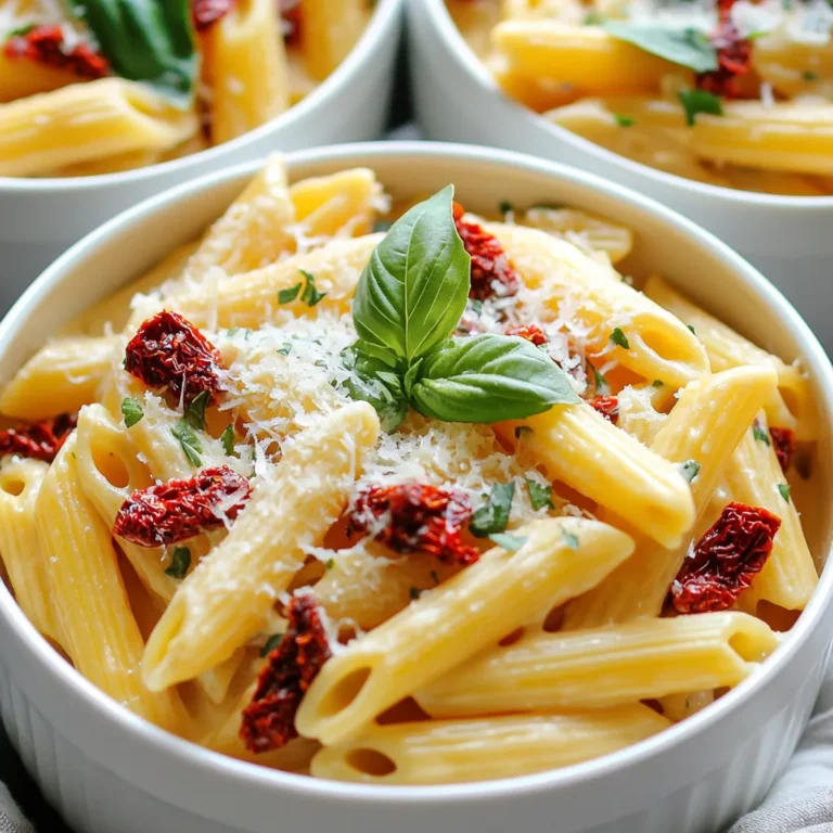 - 12 oz (340g) pasta (penne or fusilli) - 1 cup sun-dried tomatoes, chopped (preferably in oil, drained) - 1 cup heavy cream - 1 cup vegetable broth (low-sodium recommended) - 1 medium onion, finely chopped - 3 cloves garlic, minced - 1 teaspoon dried basil - 1 teaspoon dried oregano - 1/2 cup grated Parmesan cheese (plus extra for garnishing) - 2 tablespoons olive oil - Salt and freshly cracked pepper to taste - Fresh basil leaves for garnish To make the best creamy sun-dried tomato pasta, it’s crucial to measure each ingredient correctly. Use: - 12 oz of pasta for a hearty meal. - 1 cup of chopped sun-dried tomatoes to add flavor and color. - 1 cup of heavy cream to ensure the sauce is rich and smooth. - 1 cup of vegetable broth for depth of flavor. - 1 medium onion and 3 cloves of garlic for a solid base. - 1 teaspoon each of dried basil and oregano for herb notes. - 1/2 cup of grated Parmesan cheese will make the sauce creamy. If you're looking for gluten-free options, you can swap the pasta for a gluten-free version. Many brands offer great substitutes. For a dairy-free option, use coconut cream instead of heavy cream and skip the cheese or use a dairy-free cheese. These swaps can help you enjoy a tasty dish while meeting your dietary needs. Start by heating 2 tablespoons of olive oil in a large pot over medium heat. Wait until the oil starts to shimmer. Then, add 1 finely chopped onion. Sauté the onion for about 3-4 minutes. You want it to be soft and translucent. Next, add 3 minced garlic cloves. Cook for another minute until the garlic smells great. Be careful not to burn it; burnt garlic can ruin your dish. Now, mix in 1 cup of chopped sun-dried tomatoes. Include 1 teaspoon of dried basil and 1 teaspoon of dried oregano. Sauté this mixture for 2 minutes to blend the flavors. After that, gradually pour in 1 cup of vegetable broth and 1 cup of heavy cream. Stir well to combine everything and bring it to a gentle simmer. Next, add 12 ounces of uncooked pasta directly into the pot. Make sure all the pasta is submerged in the liquid. Cover the pot and cook according to the pasta package instructions, usually around 10-12 minutes. Stir occasionally to prevent sticking. Once the pasta is al dente and most of the liquid is absorbed, remove the pot from heat. Stir in 1/2 cup of grated Parmesan cheese. Mix until the sauce is creamy and the cheese melts. Taste the pasta and add salt and freshly cracked pepper as needed. If the sauce seems too thick, add a splash of vegetable broth or water until you get the right consistency. Let the dish sit for a few minutes off the heat. This helps it thicken and soak up all the yummy flavors. To get that creamy texture, you need to follow a few key steps. First, use heavy cream. This makes the sauce rich and smooth. Second, stir in the cheese slowly. Adding it bit by bit helps it melt fully. Lastly, let the dish sit off heat for a few minutes. This lets the flavors blend well and the sauce thicken. Want to boost flavor? Try adding fresh herbs like parsley or thyme. They add a nice freshness. You can also use red pepper flakes for a bit of heat. If you like nuts, toss in some pine nuts for crunch. All these add great taste and texture to your dish. Watch out for a few common pitfalls. Don’t skip the sautéing step with the onion and garlic. This builds a base of flavor. Avoid overcooking the pasta, too. It should be al dente, so it holds its shape. Lastly, don’t forget to taste before serving! Adjust seasoning to get the best flavor. {{image_4}} You can play with different pasta types in this dish. Penne and fusilli work well, but you can also try spaghetti or farfalle. For cheese, feel free to swap Parmesan with Pecorino Romano or even a dairy-free option. Each change brings a new twist to the flavor. Want to add some protein? Chicken or shrimp can make this dish heartier. Cook diced chicken in the pot before adding the other ingredients. For shrimp, add them a few minutes before the pasta is done. You can also toss in veggies like spinach or bell peppers for a fresh crunch. Just add them along with the sun-dried tomatoes to cook them lightly. Using fresh tomatoes or herbs can boost flavor based on the season. In summer, ripe tomatoes can replace sun-dried ones. Just chop them and add them to the pot. Fresh basil or oregano can also enhance the dish. Adjust the amount you use, as fresh herbs are more potent than dried ones. To store leftovers, let the pasta cool to room temperature. Place it in an airtight container. This helps keep it fresh. Store it in the fridge for up to 3 days. If you want to enjoy it later, avoid adding extra toppings like cheese or herbs before storing. For reheating, use a microwave or a pot on the stove. If using a microwave, heat in short bursts. Stir between each burst. This helps keep the pasta creamy. On the stove, add a splash of broth or water. Heat it over low heat, stirring often. This will help prevent it from drying out. If you want to freeze the pasta, use an airtight container. Make sure to leave some space for expansion. The pasta can stay in the freezer for up to 2 months. When ready to eat, thaw it overnight in the fridge. Reheat it on the stove with a bit of liquid. This keeps the creamy texture intact. How long does it take to prepare and cook? This recipe takes about 10 minutes to prep and 25 minutes to cook. In total, you need around 35 minutes. You will have a warm, tasty meal ready in no time. Is this dish suitable for vegetarians or vegans? This dish is vegetarian since it uses dairy and vegetable broth. However, it is not vegan due to heavy cream and Parmesan cheese. To make it vegan, swap heavy cream for coconut cream and use a vegan cheese alternative. Can I modify this recipe for different dietary needs? Yes, you can easily change this recipe. For gluten-free needs, choose gluten-free pasta. If you want to lower fat, use low-fat cream. You can also add cooked chicken or sautéed veggies to make it heartier. This article covered a tasty pasta dish, from ingredients to cooking steps. We listed essential items like pasta types and sun-dried tomatoes, ensuring you have the right amounts. Dietary swaps, like gluten-free and dairy-free options, make it inclusive. You learned key preparation and cooking tips to create a creamy sauce. In the end, this dish is versatile and can fit many tastes. Feel free to experiment with flavors or ingredients. Follow the storage tips to keep your meal fresh for later. Now, enjoy making this delicious recipe your own!
