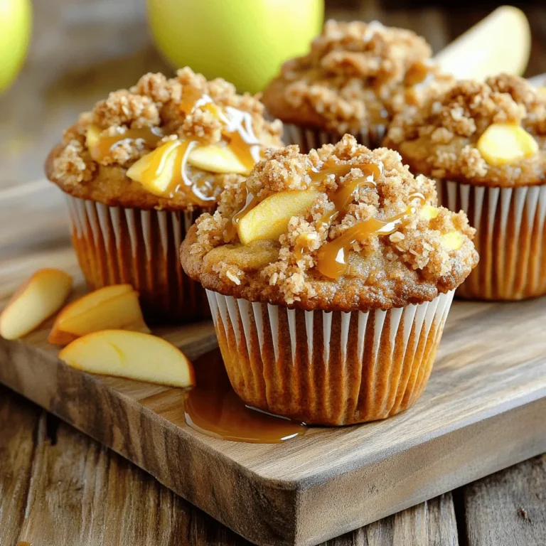 - 2 cups all-purpose flour - 1 cup granulated sugar - 1 tablespoon baking powder - ½ teaspoon salt - 1 teaspoon ground cinnamon - ½ cup unsalted butter, melted - 1 cup buttermilk - 2 large eggs - 1 teaspoon vanilla extract - 2 cups peeled and diced apples - ½ cup caramel sauce - Streusel Topping Ingredients The ingredients for Caramel Apple Streusel Muffins come together to create a rich flavor. Let's break them down. First, I use dry ingredients to form the base. The all-purpose flour gives structure. Granulated sugar adds sweetness, while baking powder makes the muffins rise. Salt enhances flavor and balances the sweetness. Ground cinnamon brings warmth and a comforting aroma. Next, I add wet ingredients. Unsalted butter brings richness and moisture. Buttermilk makes the muffins tender. Eggs bind everything together and add protein. Vanilla extract adds a lovely scent and flavor. For the add-ins, I choose two cups of peeled and diced apples. Granny Smith or Honeycrisp works best for tartness and crunch. The apple pieces brighten the muffins and add moisture. The half cup of caramel sauce is the star. It adds a sweet, gooey surprise in each bite. Finally, I prepare the streusel topping. It includes flour, rolled oats, brown sugar, cinnamon, and cold butter. This mix creates a crumbly texture that adds crunch on top of the soft muffins. These ingredients work together to create muffins that are soft, sweet, and absolutely delightful. - Step 1: Preheat oven to 350°F (175°C) and prepare muffin tin. Begin by preheating your oven. This step is key for even baking. Grease your muffin tin lightly or use paper liners. This helps with easy muffin removal later. - Step 2: Combine all dry ingredients in a large mixing bowl. In a large bowl, add 2 cups of flour, 1 cup of sugar, 1 tablespoon of baking powder, ½ teaspoon of salt, and 1 teaspoon of ground cinnamon. Whisk these together until they are well mixed. This mixture builds the muffin's base. - Step 3: Whisk together all wet ingredients in a separate bowl. In another bowl, combine ½ cup of melted butter, 1 cup of buttermilk, 2 large eggs, and 1 teaspoon of vanilla extract. Whisk until smooth. This mixture adds moisture and flavor. - Steps 4-5: Blend wet and dry ingredients, then fold in diced apples. Gradually pour the wet mixture into the dry ingredients. Stir gently until just combined. Do not overmix; some lumps are okay. Next, fold in 2 cups of diced apples. This adds a tasty crunch. - Steps 6-7: Spoon batter and add caramel sauce, followed by remaining batter. Spoon the batter into the muffin cups, filling them halfway. Now, add about 1 teaspoon of caramel sauce on top of each. Finally, divide the remaining batter among the cups, filling them three-quarters full. - Steps 8: Create the streusel topping and sprinkle over muffins. In a small bowl, combine ½ cup of flour, ½ cup of rolled oats, ¼ cup of brown sugar, and 1 teaspoon of ground cinnamon. Cut in 4 tablespoons of cold butter until crumbly. Sprinkle this mixture over each muffin for a crunchy topping. - Steps 9-11: Bake muffins and allow to cool before serving. Place the muffin tin in the oven and bake for 18-20 minutes. Check with a toothpick; it should come out clean. Let the muffins cool in the tin for 5 minutes, then transfer to a wire rack to cool completely. Enjoy the warm, sweet aroma! To get light and fluffy muffins, do not overmix the batter. When you blend the wet and dry ingredients, stop when you see a few lumps. This keeps the muffins airy. Overmixing makes them dense and tough. Remember, a little lumpiness is okay! Different apple types can change your muffins' taste. I love using Granny Smith for a tart bite. Honeycrisp adds sweetness and crunch. You can even mix varieties for a fun flavor blend. Don't shy away from trying out your favorites! You can use either homemade or store-bought caramel sauce. If you want to save time, store-bought is great. Just warm it slightly before adding to your muffins. If you have the time, homemade caramel gives a rich flavor. Both options make these muffins even more delicious! {{image_4}} You can enhance your muffins by adding nuts. Consider using chopped pecans or walnuts. This addition gives your muffins a nice crunch. It also adds healthy fats and protein. Mix in about half a cup of chopped nuts into the batter. This small change makes a big difference in flavor and texture. Want to give your muffins a unique twist? Try varying your spices. Nutmeg or allspice can add depth to the flavor. Just swap them in for some of the cinnamon. Start with half a teaspoon of your chosen spice. This will keep the balance of flavors while giving a new taste. If you need a gluten-free option, you can easily adjust the recipe. Substitute all-purpose flour with a gluten-free blend. Many brands offer great mixes that work well in baking. Just measure the same amount as the original flour. Your muffins will still be delicious and moist. This option lets everyone enjoy them, no matter their dietary needs. To keep your caramel apple streusel muffins fresh, store them at room temperature. Use an airtight container for best results. This helps to keep them moist and tasty. You can also place a slice of bread in the container. This slice adds extra moisture to the muffins. Enjoy your muffins within three days for the best flavor. If you want to save muffins for later, freezing is the way to go. First, let the muffins cool completely. Then, wrap each muffin tightly in plastic wrap. Next, place the wrapped muffins in a freezer-safe bag. Remove as much air as possible before sealing. You can freeze them for up to three months. When you want to eat one, simply thaw it overnight in the fridge. To enjoy your muffins warm, reheat them in the oven. Preheat your oven to 350°F (175°C). Place the muffins on a baking sheet and cover them with foil. Heat for about 10 minutes. This keeps them moist and delicious. You can also microwave them for 10-15 seconds if you prefer a quicker option. Just be careful not to overheat them, or they may become dry. Yes, you can replace eggs in this recipe. Use one of these options: - 1/4 cup unsweetened applesauce - 1/4 cup mashed banana - 1/4 cup yogurt - 1 tablespoon chia seeds mixed with 3 tablespoons water Each substitute works well in muffins. They help bind the ingredients and keep them moist. These muffins last about 2 to 3 days at room temperature. Store them in an airtight container to keep them fresh. You can also refrigerate them for up to a week. If you want to keep them longer, freeze them. They will stay good for up to 3 months when frozen. Just remember to wrap them tightly! Absolutely! You can swap apples for many other fruits. Here are some tasty ideas: - Pears - Peaches - Berries (like blueberries or raspberries) - Cherries Each fruit brings its own flavor and texture. Just make sure to adjust the amount based on the fruit's sweetness and moisture. These caramel apple streusel muffins are easy and tasty. We mixed dry and wet ingredients, added apples, and created a delicious topping. Remember to avoid overmixing for the best texture. Feel free to make your muffins unique with nuts or different spices. Don’t forget about storage and reheating tips to enjoy your muffins longer. With these steps, you can bake perfect muffins every time. So, get your ingredients ready and enjoy. Happy baking!