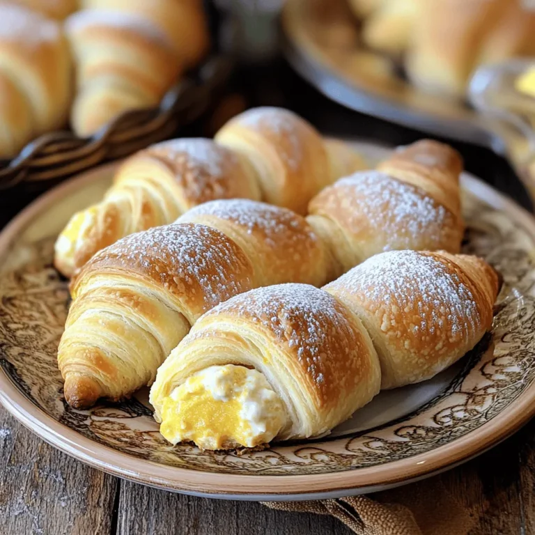 - Refrigerated crescent roll dough - Cream cheese - Pumpkin puree - Granulated sugar - Brown sugar - Vanilla extract - Pumpkin pie spice - Ground cinnamon - Whipped cream for serving - Cinnamon for garnish Gathering the right ingredients is key to making these delightful rolls. Start with a can of refrigerated crescent roll dough. This dough gives a nice, flaky texture. Next, you need softened cream cheese. It adds creaminess to the filling. Pumpkin puree brings that warm, cozy flavor we all love in fall. For sweetness, grab granulated sugar and brown sugar. Brown sugar adds a hint of caramel flavor. You'll also want pure vanilla extract for a lovely aroma. Lastly, pumpkin pie spice and ground cinnamon tie all the flavors together. If you want to take it up a notch, have some whipped cream on hand. A sprinkle of cinnamon on top makes it even more inviting. These simple ingredients blend to create a treat that warms the heart. Enjoy the process of collecting them! 1. Preheat your oven to 375°F (190°C). Line a baking sheet with parchment paper. This helps with easy cleanup. 2. In a bowl, beat the cream cheese until smooth. It should be soft and creamy. 3. Add the pumpkin puree, granulated sugar, brown sugar, vanilla extract, pumpkin pie spice, and ground cinnamon to the cream cheese. Mix everything well until it’s creamy and combined. 1. Unroll the crescent roll dough on a clean, floured surface. Cut it into triangles along the dotted lines. 2. Take a spoonful (about 1-2 tablespoons) of the pumpkin cheesecake filling. Place it at the wide end of each triangle. 3. Carefully roll each triangle from the wide end. Tuck in the filling as you roll. Pinch the ends to seal if needed. Place the rolls on the prepared baking sheet. 1. In a small bowl, beat the egg lightly. Brush it over the tops of each crescent roll. This gives them a golden color. 2. Sprinkle a little granulated sugar on top for sweetness and crunch. 3. Bake for 12-15 minutes, or until the rolls puff up and turn golden brown. 4. Once baked, remove the crescent rolls from the oven. Let them cool on a wire rack or the baking sheet before serving. - Cream cheese consistency: Start with softened cream cheese. This helps get a smooth mix. Use an electric mixer for best results. Beat it until it feels creamy, with no lumps. - Mixing tips for a smooth filling: Add pumpkin puree and sugars to the cream cheese. Mix well until everything is blended. This makes the filling creamy and tasty. Don’t rush; take your time mixing. - How to prevent burning or undercooking: Keep an eye on your rolls while baking. Ovens can vary, so check them around the 12-minute mark. If they look golden, they are likely ready. - Checking for doneness: Look for a puffed-up, golden-brown color. You can also lightly tap the tops; they should sound hollow. This shows that the rolls are cooked through and ready to enjoy. {{image_4}} You can make these rolls your own by changing a few ingredients. Here are some easy swaps: - Lower sugar options: Use a sugar substitute like stevia or monk fruit. This keeps the sweetness but cuts calories. You can also use applesauce to replace some sugar for extra moisture. - Alternative spices or flavors: If you want a twist, try adding nutmeg or ginger. These spices add warmth and depth. You can also mix in chocolate chips or nuts for added texture. Serving these rolls is fun and easy! Here are some tasty ideas: - Serving with different toppings: Top your rolls with whipped cream for a classic touch. You can also drizzle caramel or chocolate sauce for extra sweetness. A sprinkle of chopped nuts or shredded coconut adds crunch. - Pairing ideas with beverages: Enjoy these rolls with a warm drink. A pumpkin spice latte or hot apple cider pairs perfectly. For a twist, try them with a chai tea or a sweet, spiced tea. To keep your Pumpkin Spice Cheesecake Crescent Rolls fresh, refrigerate them. Place any leftover rolls in an airtight container. This method helps maintain their taste and texture. They will stay good for up to three days in the fridge. For longer storage, freezing is a great option. Wrap each roll tightly in plastic wrap. Then, place them in a freezer-safe bag. They can last for up to three months in the freezer. When you're ready to enjoy them, just thaw in the fridge overnight. To reheat your crescent rolls without losing texture, use the oven. Preheat it to 350°F (175°C). Place the rolls on a baking sheet. Heat them for about 10 minutes. This method keeps them warm and crispy. Avoid using the microwave, as it can make them soggy. Enjoy your delicious rolls just like they were fresh out of the oven! Can I make these ahead of time? Yes, you can prepare these rolls ahead of time. Make the filling and fill the dough. Then, store them in the fridge for a few hours before baking. This helps save time on busy days. What can I substitute for cream cheese? If you want a lighter option, you can use Greek yogurt. It gives a tangy taste. You might also try mascarpone for a creamier texture. Just keep in mind that this will change the flavor slightly. How long will these last in the fridge? These rolls will stay fresh for about 3 to 4 days in the fridge. Just make sure to cover them well. If you notice any change in texture or smell, it’s best to toss them out. Are there gluten-free options for the dough? Yes, you can use gluten-free crescent roll dough. Many brands offer this option now. Just check the label to ensure it fits your needs. You can still enjoy this tasty treat without gluten! This blog covered all the key parts of making delicious Pumpkin Spice Cheesecake Crescent Rolls. You learned about the main ingredients needed, the steps to prepare and bake them, and useful tips for perfect results. I also shared ways to store leftovers and answered common questions. Baking can be fun and rewarding, especially with this treat. Try these rolls for a tasty dessert or snack. Enjoy the flavors and share them with friends and family! Happy baking!