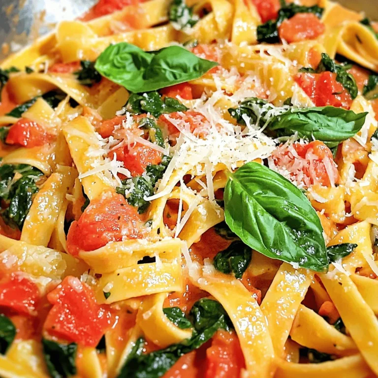 - 8 ounces pasta (fettuccine or penne) - 2 tablespoons extra-virgin olive oil - 3 cloves garlic, minced - 1 can (14 ounces) diced tomatoes, undrained - 1 cup heavy cream (substitute with coconut cream for a dairy-free twist) - 4 cups fresh spinach, roughly chopped - 1 teaspoon dried basil - 1 teaspoon dried oregano - Salt and freshly ground black pepper, to taste - ¼ cup grated Parmesan cheese (for garnish, optional) - Fresh basil leaves, for garnishing You can add some extra flair to your dish. Try these garnishes: - A sprinkle of grated Parmesan cheese adds richness. - Fresh basil leaves bring a pop of color and flavor. You can easily customize this creamy tomato spinach pasta. Here are some ideas: - Swap heavy cream for coconut cream for a dairy-free option. - Use any pasta shape you love, like spaghetti or rotini. - Add protein like grilled chicken or shrimp to make it heartier. - For a spicy kick, toss in red pepper flakes or chopped chili. Start by filling a large pot with water. Add a good amount of salt to the water. Bring it to a rolling boil. Add 8 ounces of your pasta choice, like fettuccine or penne. Cook the pasta according to the package instructions until it is al dente. This usually takes about 8 to 10 minutes. Once the pasta is done, drain it well and set it aside. In a large skillet, heat 2 tablespoons of extra-virgin olive oil over medium heat. Add 3 minced garlic cloves to the skillet. Sauté the garlic for about 1 minute until it smells great. Next, pour in 1 can of diced tomatoes, juice and all. Stir this mixture well and let it cook for about 5 minutes. This lets it bubble and thicken a bit. Now, gradually add 1 cup of heavy cream to the skillet. Stir it nicely until it blends with the tomatoes. Bring the sauce to a gentle simmer. Mix in 1 teaspoon each of dried basil and dried oregano. Add salt and pepper to taste. Let the sauce simmer for another 3 to 4 minutes. Stir it occasionally to blend the flavors. Fold in 4 cups of roughly chopped fresh spinach. Cook this mixture for another 2 to 3 minutes, until the spinach wilts and blends into the sauce. Now it's time to combine! Toss the drained pasta into the skillet with the sauce. Stir it well so each piece of pasta is coated with the creamy sauce. Taste the dish and adjust the seasoning if you like. Serve the pasta hot. For a nice touch, garnish it with ¼ cup of grated Parmesan cheese and a few fresh basil leaves. Enjoy your creamy tomato spinach pasta! - Use a large pot of water. This helps the pasta cook evenly. - Add a good amount of salt to the water. It should taste like the sea. - Stir the pasta often while it cooks. This keeps it from sticking together. - Cook until al dente. This means the pasta is firm but not hard. - Drain the pasta but save some water. You might need it to adjust the sauce. - Use fresh garlic for a stronger taste. Minced garlic adds a nice kick. - Add red pepper flakes for heat. Just a pinch can spice it up. - Try using fresh herbs instead of dried ones. They give a brighter flavor. - Mix in some lemon juice. It brightens the sauce and balances the creaminess. - Parmesan cheese can be stirred into the sauce. It adds a rich depth. - Serve in shallow bowls for a nice look. It makes the dish more inviting. - Drizzle with extra-virgin olive oil. It adds a glossy finish and flavor. - Garnish with fresh basil leaves. They add color and aroma. - Pair with a side salad. A light salad complements the creamy pasta well. - Consider serving with crusty bread. It’s perfect for soaking up the sauce. {{image_4}} You can easily make this dish vegetarian. Just keep the heavy cream and Parmesan cheese. For a vegan version, swap the heavy cream with coconut cream. This gives a rich flavor without dairy. You can also skip the cheese or use vegan cheese to top it off. Adding protein can make this meal heartier. Grilled chicken or shrimp works great. Cook them separately, then toss them into the sauce. For a plant-based option, try chickpeas or lentils. They add a nice texture and boost the dish's nutrition. While fettuccine and penne are my favorites, you can use any pasta. Bowtie, spaghetti, or even whole wheat pasta can work well. Just follow the cooking time on the package. Each type brings a unique taste and shape to the dish. Experiment to find your favorite! To store your creamy tomato spinach pasta, first let it cool. Then, transfer it to an airtight container. You can keep it in the fridge for up to three days. Make sure you seal it well to keep the flavors fresh. This pasta dish is best enjoyed when it’s fresh, but leftovers are still tasty. When you're ready to eat the leftovers, reheat them gently. You can use a skillet over low heat. Add a splash of water or extra cream to keep it moist. Stir it often until it's hot. You can also use the microwave. Place it in a bowl, cover it, and heat it in 30-second bursts. Stir between each burst to heat evenly. If you want to freeze this dish, you can do so. First, let the pasta cool completely. Then, place it in a freezer-safe container. It will last for up to two months in the freezer. When you’re ready to eat, thaw it overnight in the fridge. Reheat it as you would leftovers, adding a bit of liquid to keep it creamy. Yes, you can use fresh tomatoes. Just dice about 4-5 medium-sized ripe tomatoes. Cook them down in the same way as canned tomatoes. This will give you a fresh taste. Remember to add a bit of water if needed, to help it cook down. Fresh tomatoes make the dish bright and tasty. Absolutely! This pasta dish works great for meal prep. You can cook it ahead and store it in the fridge for up to 3 days. Just keep the pasta and sauce mixed. When you’re ready to eat, reheat it on the stove or in the microwave. This makes a quick and easy meal for busy days. To make it gluten-free, simply use gluten-free pasta. Many brands offer great options that taste good. Cook it just like regular pasta. The rest of the recipe stays the same. Enjoy your creamy tomato spinach pasta without worry! This blog post covered the essential ingredients and steps for making a delicious pasta dish. We explored tips for cooking perfect pasta and enhancing the sauce's flavor. You learned about variations, storage methods, and answered common questions. In my view, this recipe offers many options for your taste and diet needs. Don't hesitate to get creative with your ingredients, or try the tips shared here. Happy cooking!