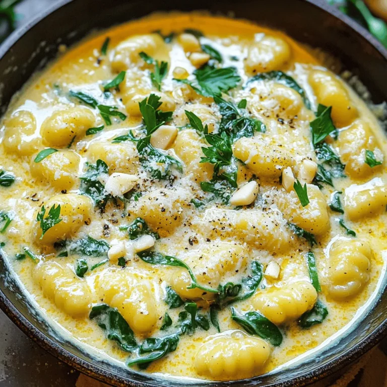 - 1 package (16 oz) gnocchi (fresh or frozen) - 4 tablespoons unsalted butter - 4 cloves garlic, minced - 1 cup heavy cream - 1 cup freshly grated Parmesan cheese - 1 cup baby spinach - 1 teaspoon Italian seasoning - Salt and pepper to taste - Fresh parsley for garnish - Extra Parmesan cheese Gather these ingredients to create a rich and creamy dish. The gnocchi will serve as a soft base, soaking up the flavors. The butter and garlic bring a warm, inviting aroma. Heavy cream adds a smooth texture that makes the dish feel luxurious. Don’t skip the Parmesan cheese; it adds depth and saltiness. Baby spinach brightens the meal with color and nutrients. Italian seasoning ties all the flavors together. Adjust salt and pepper to suit your taste, as they enhance every bite. For a touch of elegance, use fresh parsley as a garnish. A sprinkle of extra Parmesan can elevate the dish even further. These ingredients combine to create a delightful experience that will impress anyone you serve. - Bring a large pot of salted water to a boil. - Carefully add the gnocchi to the boiling water. - Cook gnocchi as per package instructions, usually 2-3 minutes. - Once cooked, they will rise to the surface. - Drain the gnocchi and set aside for later. - In a large, non-stick skillet, melt the butter over medium heat. - Once the butter is melted, add the minced garlic. - Sauté the garlic until it becomes fragrant, about 1-2 minutes. - Slowly pour in the heavy cream and stir well. - Let the mixture simmer for 2-3 minutes to thicken slightly. - Gradually add the freshly grated Parmesan cheese. - Whisk the cheese in until it melts and the sauce is creamy. - Add the cooked gnocchi to the skillet. - Toss in the baby spinach and Italian seasoning. - Gently mix until the spinach wilts and the gnocchi are coated. - Taste the dish and adjust seasoning with salt and pepper. - Remove the skillet from heat. - Serve warm directly from the skillet for a rustic charm. To ensure your gnocchi is perfectly cooked, follow these steps: - Bring a large pot of salted water to a rapid boil. - Add the gnocchi and watch closely. They need only 2-3 minutes. - When they rise to the surface, they are done! To avoid burnt garlic while sautéing, use these tricks: - Keep the heat at medium. High heat can burn garlic fast. - Stir the garlic often. This helps it cook evenly without browning too much. Achieving the right creamy consistency is key. Here’s how: - Slowly pour in the heavy cream after you melt the butter. - Stir well and let it simmer for 2-3 minutes. This helps it thicken. Using alternative cheese can add new flavors. Here are some options: - Try mozzarella for a milder taste. - Goat cheese adds a tangy twist to the sauce. You can serve or pair this dish in fun ways: - Present it directly in the skillet. It looks great and keeps it warm. - Crusty bread makes a perfect side to soak up the sauce. For a heartier meal, add proteins like: - Grilled chicken for a tasty contrast. - Shrimp gives a nice seafood flair to the dish. {{image_4}} You can change ingredients to make this dish your own. Here are some fun swaps: - Cheese Choices: Try mozzarella for a milder taste or goat cheese for tang. Each cheese brings a new flavor twist. - Greens Galore: Swap spinach for kale or arugula. Kale adds a nice crunch, while arugula gives a peppery kick. Want to spice things up? Here are some easy ways to enhance the flavor: - Heat It Up: Add crushed red pepper flakes for a bit of heat. Just a pinch can change the whole dish! - Extra Flavor: Mix in sun-dried tomatoes or mushrooms. They add depth and make the dish even more delicious. You can easily adapt this recipe for different diets. Here are some ideas: - Gluten-Free Option: Choose gluten-free gnocchi to keep it safe for gluten-sensitive eaters. Many brands offer tasty options now. - Vegan Style: Use coconut cream instead of heavy cream and skip the cheese. Nutritional yeast can give a cheesy flavor while staying vegan. These variations let you customize the creamy garlic butter gnocchi to fit your taste and lifestyle! To keep your creamy garlic butter gnocchi fresh, place it in an airtight container. This helps avoid drying out. Store it in the fridge for up to three days. Make sure to let it cool before sealing. This will keep the flavor intact. Reheating gnocchi can be tricky. For creamy texture, the stovetop works best. Heat a skillet over low heat. Add a splash of cream or water to keep it moist. Stir gently until warmed through. If you prefer the microwave, use a microwave-safe bowl. Add a bit of cream to maintain creaminess. Heat in short intervals, stirring in between. This will help avoid overcooking. Yes, you can freeze this dish! To freeze, let it cool completely. Then, transfer to a freezer-safe container. It can last up to three months. When you are ready to eat, thaw it in the fridge overnight. Reheat it on the stovetop, adding a splash of cream. This keeps the dish creamy and tasty. Gnocchi usually cooks in about 2 to 3 minutes. You know they are ready when they float to the top of the water. This means they are light and fluffy. Don't forget to drain them right away. Overcooking can make them mushy. Yes, you can prepare some parts of this dish ahead. Cook the gnocchi and make the sauce in advance. Store them separately in the fridge. When you are ready to eat, just warm them up and mix them together. This saves time on busy nights. You can serve this gnocchi with many sides. A simple green salad adds freshness. Garlic bread pairs well to soak up the sauce. You could also serve roasted veggies for extra flavor and color. These sides make a full meal. If you need a gluten-free option, look for gluten-free gnocchi. Many brands offer this type. Just check the label for safety. The rest of the ingredients in this recipe are gluten-free. So, you can enjoy this dish without worry. Absolutely! Frozen gnocchi work great in this recipe. You do not need to thaw them. Just add them directly to boiling water. Follow the package instructions for cooking time. They will turn out just as tasty as fresh gnocchi. This blog post shared a simple way to make creamy garlic butter gnocchi. We covered the main and additional ingredients you'll need. I provided step-by-step instructions and tips for cooking. You also learned how to customize the dish with variations and how to store leftovers. Enjoy making this dish your own. With easy swaps or garnishes, you can create something unique. Dive into this tasty meal whenever you want comfort that’s quick and satisfying. Happy cooking!