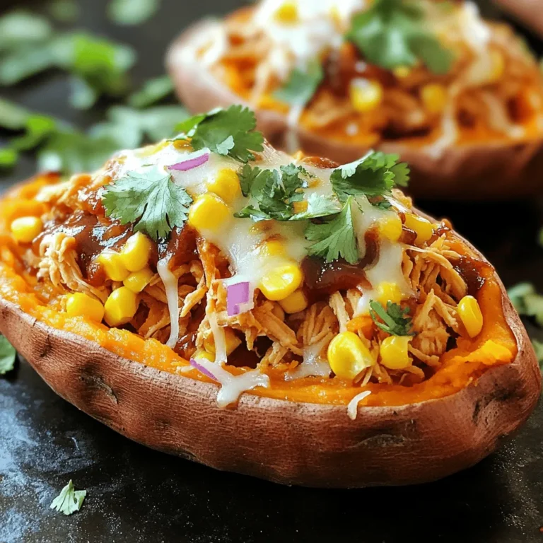 - 4 medium-sized sweet potatoes - 2 cups cooked chicken, shredded - 1 cup barbecue sauce - 1 cup corn kernels - ½ cup red onion, finely chopped - 1 teaspoon garlic powder - 1 teaspoon smoked paprika - Salt and pepper to taste - ½ cup shredded cheese - Fresh cilantro or parsley for garnish When I make BBQ chicken stuffed sweet potatoes, I focus on fresh ingredients. Sweet potatoes are key for their sweetness and nutrition. I recommend medium-sized ones because they are easy to handle and cook evenly. Next, I use cooked chicken. You can shred leftover rotisserie chicken or boil your own. The chicken is the main protein source, and it adds heartiness to the dish. Barbecue sauce gives flavor. Choose a sauce you love. I often use a tangy variety for a nice kick. Corn kernels add sweetness and texture. Fresh, frozen, or canned corn all work well. Red onions bring a sharp bite, and garlic powder adds depth. Smoked paprika gives a lovely, warm flavor to the mix. Salt and pepper are essential for balance. I always taste my filling for the right seasoning. Lastly, cheese makes everything better. I like using cheddar or mozzarella for its meltiness. Garnishing with fresh cilantro or parsley adds a pop of color and freshness. By choosing quality ingredients, you create a dish that is not just tasty but also visually appealing. 1. Preheat your oven to 400°F (200°C). 2. Wash the sweet potatoes under cold water to remove dirt. 3. Use a fork to pierce each sweet potato several times. This helps steam escape. 4. Place them on a baking sheet with parchment paper. Bake for 45-60 minutes. 5. Check if they are done by inserting a fork; it should glide through easily. 1. In a large bowl, combine the shredded chicken, barbecue sauce, corn, chopped red onion, garlic powder, smoked paprika, salt, and pepper. 2. Mix everything until the chicken is well-coated. This creates a flavorful filling. 1. After they cool for 10 minutes, slice each sweet potato lengthwise down the middle. 2. Fluff the insides gently with a fork. This makes room for the filling. 3. Fill each potato with the BBQ chicken mixture. Press it down softly to pack it in. 4. Top with shredded cheese, spreading it evenly over each potato. 5. Return them to the oven for 10-15 minutes. Bake until the cheese melts and bubbles. 6. Remove from the oven and let cool for a few minutes. 7. Garnish with chopped cilantro or parsley before serving. When picking sweet potatoes, size matters. Medium-sized sweet potatoes work best. They are easier to handle and cook evenly. Look for firm sweet potatoes with smooth skin. Avoid ones with soft spots or blemishes. For corn, fresh corn adds a crisp bite. If fresh corn is not available, frozen or canned corn works too. Just make sure to drain canned corn well before using. To get that bubbly cheese, bake the stuffed sweet potatoes at 400°F (200°C) for 10-15 minutes. This lets the cheese melt nicely. If you want a crispy top, use the broil setting. Just watch it closely so it doesn’t burn. Broiling for 2-3 minutes can give a nice golden finish. Add extra spices to boost flavor. A pinch of cayenne pepper can add heat. You can also try adding a dash of chili powder for a smoky kick. For toppings, consider sliced jalapeños or diced avocado. Fresh herbs like cilantro or parsley not only look nice but add fresh taste. Serve your stuffed sweet potatoes with a side salad for a complete meal. {{image_4}} You can switch up the protein in this dish. Use pulled pork for a hearty twist. It adds a rich, smoky flavor. For a lighter option, try tofu. Just press and cube it, then marinate in BBQ sauce. Bake or sauté the tofu until golden. You can also use jackfruit for a great vegetarian BBQ chicken alternative. It shreds easily and soaks up flavors well. Mixing flavors makes your dish unique. Try different barbecue sauces, like sweet or spicy. You can even make your own! Add hot sauce for heat, or honey for sweetness. Experiment with spices too. A pinch of cayenne or chili powder gives a kick. Topping ideas can include jalapeños for spice or creamy avocado for smoothness. Fresh herbs like cilantro or parsley also add brightness. Consider serving this dish in new ways. You could turn it into a salad by mixing the filling with greens. Top it with crunchy tortilla strips for texture. Another idea is using a different vegetable base. Stuff bell peppers or zucchini instead of sweet potatoes. This keeps the dish fresh and fun, while still being healthy and tasty. To store leftover BBQ chicken stuffed sweet potatoes, let them cool first. Then, place them in an airtight container. This helps keep them fresh. You can keep them in the fridge for up to three days. After that, the taste and texture may change. Always check for any off smells before eating. Freezing is a great way to save these stuffed sweet potatoes. Start by letting them cool completely. Wrap each sweet potato tightly in plastic wrap. Then, place them in a freezer bag. Squeeze out any air before sealing. You can freeze them for up to three months. For thawing, take them out the night before and place them in the fridge. You have two main options for reheating: the oven or the microwave. The oven gives the best results. Preheat it to 350°F (175°C). Place the stuffed sweet potatoes on a baking sheet. Heat them for about 20 minutes, or until hot. The cheese will melt nicely this way. If you're short on time, use the microwave. Place the sweet potato on a microwave-safe plate. Heat it for one to two minutes. Check if it's hot all the way through. If not, heat it in 30-second bursts until ready. Remember, the oven will keep the taste and texture better than the microwave. Yes, you can prepare these sweet potatoes in advance. Start by roasting the sweet potatoes and making the BBQ chicken filling. Allow both to cool completely. Then, store them separately in airtight containers in the fridge for up to three days. When you're ready to eat, fill the sweet potatoes and bake until hot. This method saves time on busy weeknights. If you need an alternative to barbecue sauce, try teriyaki sauce for a sweet twist. For a spicy kick, use buffalo sauce. You can even mix ketchup with a bit of vinegar and honey. Each option brings a unique flavor profile that can change the dish while keeping it delicious. Yes, sweet potatoes are very healthy! They are rich in vitamins A and C, which support your immune system. They also have fiber, which helps digestion. Compared to regular potatoes, sweet potatoes have a lower glycemic index, making them a better choice for blood sugar control. Regular potatoes can be tasty, but sweet potatoes pack more nutrients and flavor. In this blog post, we covered how to make BBQ Chicken Stuffed Sweet Potatoes. We discussed the ingredients, step-by-step instructions, helpful tips, flavor variations, and storage methods. These tasty potatoes are filling and easy to make. You can swap the chicken for pork or tofu to fit your needs. They store well, making great leftovers. Enjoy creating your tasty meal with these simple ideas. You’ll love how easy it is to make them unique!