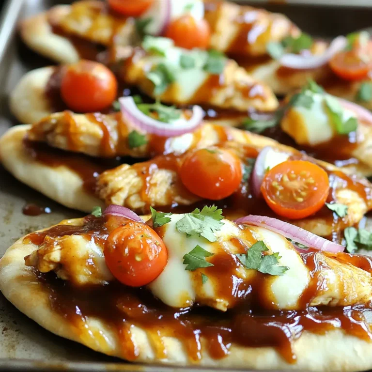 To make delicious BBQ chicken flatbreads, you need the following main ingredients: - 1 pound boneless, skinless chicken breasts, sliced into strips - 1 cup of your favorite BBQ sauce - 4 large flatbreads or naan - 1 cup shredded mozzarella cheese - 1 cup cherry tomatoes, halved - 1/2 red onion, thinly sliced - 1/2 cup fresh cilantro, chopped - 1 tablespoon olive oil - Salt and freshly ground black pepper, to taste These ingredients create a tasty meal that everyone will enjoy. You can customize your flatbreads with some optional add-ons like: - Sliced jalapeños for heat - Bell peppers for color and crunch - Avocado slices for creaminess - Corn for sweetness These add-ons let you personalize each flatbread to your taste. To enhance your BBQ chicken flatbreads, consider these toppings: - Crumbled feta cheese for a tangy twist - Fresh lime juice for brightness - Extra cilantro for flavor - A drizzle of ranch or blue cheese dressing These toppings can really boost the flavor and make your meal more exciting. Experiment with what you like best! Start by preheating your oven to 425°F (220°C). This step is key. A hot oven cooks the flatbreads evenly. It also melts the cheese just right. Next, grab a mixing bowl. Toss 1 pound of sliced chicken strips with 1 tablespoon of olive oil. Add salt and freshly ground black pepper to taste. Make sure the chicken is well-coated. Spread the chicken in a single layer on a sheet pan. Bake it for 15 to 20 minutes. You want the juices to run clear. This means the chicken is fully cooked. While the chicken bakes, prepare your flatbreads. Take 4 large flatbreads or naan and lay them out on a clean sheet pan. Spread your favorite BBQ sauce evenly over each flatbread. Be sure to leave a small border. Now, evenly distribute the cooked BBQ chicken strips on top. Add 1 cup of halved cherry tomatoes and 1/2 thinly sliced red onion. Finally, sprinkle 1 cup of shredded mozzarella cheese on top. Place the topped flatbreads in the preheated oven. Bake them for 10 to 12 minutes. You want the cheese to be melted and bubbly. It should also turn a golden brown color. Once baked, carefully remove the flatbreads from the oven. Sprinkle fresh chopped cilantro over the top. This adds flavor and a pop of color. Cut each flatbread into quarters and serve warm. Enjoy your delicious BBQ chicken flatbreads! To cook the chicken just right, cut it into strips. This way, it cooks faster and evenly. I like to use a meat thermometer to check. Aim for 165°F (74°C) for safe eating. Before cooking, coat the chicken with olive oil, salt, and pepper. This adds flavor and keeps it juicy. Bake the chicken until the juices run clear. Don't skip this step. It ensures your chicken is tender and tasty. To make your BBQ chicken flatbreads pop, use a good BBQ sauce. Choose one you love, as it really makes a difference. You can mix flavors too. Try adding honey or hot sauce to your BBQ sauce for a sweet or spicy kick. While baking, add fresh herbs like cilantro or basil. This gives an extra burst of taste. Lastly, don’t forget to sprinkle cheese before baking. It melts beautifully and adds rich flavor. If you have leftovers, store them in an airtight container. Keep them in the fridge for up to three days. For reheating, place the flatbreads in the oven at 350°F (175°C). This keeps them crispy. Heat them for about 10 minutes or until warm. You can also use a microwave. Just cover them with a damp paper towel to avoid drying out. Enjoy your tasty meal again! {{image_4}} You can make a tasty vegetarian version of BBQ chicken flatbreads. Swap the chicken with grilled veggies. I love using bell peppers, zucchini, and mushrooms. Toss them in olive oil, salt, and pepper. Bake until tender. Then, follow the same steps with the flatbreads. This adds a lovely, smoky flavor. You still get the delicious BBQ sauce and cheese on top! If you need a gluten-free option, use gluten-free flatbreads or naan. There are many brands available that taste great. Just make sure to check the label. You can also use corn tortillas as a fun twist. They will add a different texture and taste to your flatbreads. Don't feel stuck with just one BBQ sauce. You can try different flavors to change things up! Sweet and tangy sauces work well. Spicy ones can add a kick. You may even try a mustard-based sauce for a zesty twist. Mix and match to find your favorite. Each sauce can give your flatbreads a unique taste! Serve your BBQ chicken flatbreads with crunchy sides. A fresh green salad pairs well. You can also try coleslaw for a creamy touch. Sweet potato fries are great for a fun twist. Veggie sticks with ranch dip add color and crunch. Dipping sauces add extra flavor. Ranch dressing is a classic choice. You can also serve garlic aioli for a creamy kick. For those who love heat, spicy sriracha goes well. A tangy vinegar-based sauce can brighten up each bite. Beverages can enhance your meal. A cold lemonade is refreshing and balances the BBQ flavors. Sweet iced tea adds a southern charm. For adults, a light beer complements the dish nicely. Sparkling water with lime gives a fun, fizzy option. Cooking BBQ chicken on flatbreads takes about 25-30 minutes. First, bake the chicken for 15-20 minutes until it is fully cooked. Then, add the BBQ sauce and bake for another 5 minutes. Finally, bake the assembled flatbreads for 10-12 minutes. This method gives you tender chicken and tasty flatbreads. Yes, you can make these flatbreads ahead of time. Prepare the chicken and assemble the flatbreads without baking them. Cover and store them in the fridge for up to 24 hours. When ready, bake them in the oven. This makes meal prep easy and quick. If you don’t have flatbreads, you can use several substitutes. Naan works well because it’s soft and holds toppings nicely. Pita bread is another great option. You can even use tortillas for a fun twist. Choose what you like best! This blog post covered how to make BBQ chicken on flatbreads. We started by listing the main ingredients, optional add-ons, and toppings. Then, I walked you through each step, from preheating the oven to garnishing the baked flatbreads. I shared tips for cooking chicken, enhancing flavor, and storage. We also explored variations like vegetarian and gluten-free options, plus serving suggestions for sides and drinks. In the end, these delicious flatbreads can please anyone. Enjoy your cooking!