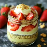 - 1 cup rolled oats - 1 cup almond milk (or any milk of your preference) - 1/2 cup plain Greek yogurt - 1 tablespoon chia seeds - 1 tablespoon vanilla protein powder - 1 tablespoon honey or maple syrup - 1 teaspoon vanilla extract - 1 cup fresh strawberries, hulled and sliced - 2 tablespoons cream cheese, softened to room temperature - Optional: crushed graham crackers for topping Each ingredient plays a key role. The rolled oats provide a hearty base. Almond milk keeps it creamy and light. Greek yogurt adds protein and tang. Chia seeds bring fiber and help the oats thicken. The vanilla protein powder boosts the protein content. Honey or maple syrup sweetens the dish, while the vanilla extract enhances the flavor. Fresh strawberries give a burst of fruity freshness. Cream cheese adds that rich cheesecake taste. Crushed graham crackers? They are optional but add a fun crunch. You can adjust the sweetness with honey or maple syrup based on your taste. This dish is customizable and fun! 1. Start by mixing the wet ingredients. In a medium bowl, combine 1 cup of rolled oats, 1 cup of almond milk, 1/2 cup of plain Greek yogurt, 1 tablespoon of chia seeds, 1 tablespoon of vanilla protein powder, 1 tablespoon of honey or maple syrup, and 1 teaspoon of vanilla extract. Whisk everything until smooth. 2. Next, fold in the strawberries. Add 1 cup of hulled and sliced fresh strawberries, but save a few slices for later. Gently mix until the strawberries are evenly spread. 3. Now, prepare the cream cheese mixture. In a small bowl, blend 2 tablespoons of softened cream cheese with an extra teaspoon of honey. Mix until it is creamy and smooth. 4. It’s time to layer! Start with the oat mixture in a jar or container. Add some of the cream cheese mixture between the layers. Keep layering until you finish both mixtures. This creates a nice cheesecake texture. 1. Once you layer everything, cover the container tightly. Place it in the refrigerator overnight. If you’re short on time, chill it for at least 4 hours. 2. The recommended chilling time is overnight. This helps the oats soften and flavors blend perfectly. The next day, you’ll have a delicious treat waiting for you! You can change the sweetness of your oats. If you want it sweeter, add more honey or maple syrup. You can also use a bit of stevia or agave if you like. Try adding spices like cinnamon or nutmeg. A sprinkle of these can make your oats taste even better. They add warmth and depth to your dish. Layering is key for a great texture. Start with a layer of oats, then add cream cheese, and repeat. This gives a nice mix of creamy and chewy. For some crunch, sprinkle crushed graham crackers between the layers or on top. The crunch will contrast with the smooth cream cheese. Top your oats with fresh strawberries or other berries for color and taste. You can also add a dollop of Greek yogurt on top. This adds extra creaminess. For a fun look, serve in clear jars. Guests can see the layers, making it more appealing. {{image_4}} You can change the fruit in your overnight oats. Instead of strawberries, try blueberries or raspberries. These berries add a great taste and color. You can also use banana and peanut butter. Slice the banana and mix it in. The peanut butter gives a creamy texture and boosts the flavor. If you want dairy-free options, there are many choices. You can swap Greek yogurt for coconut yogurt or soy yogurt. For cream cheese, try cashew cream for a rich flavor. As for milk, almond milk works well, but you can use oat milk or soy milk instead. These swaps keep your oats creamy and delicious. Adding more protein is easy. You can mix in nut butter or seeds. They not only add protein but also healthy fats. For a vegan protein boost, try using pea protein or hemp protein powder. These options are great for keeping your oats filling and nutritious. For storage, use airtight containers. Glass jars work well. They keep the oats fresh and let you see the layers. Always let the mixture cool before sealing. This helps avoid condensation. To maintain freshness, store your oats in the refrigerator. Keep them covered to protect from odors. It also prevents the oats from drying out. In the refrigerator, these oats last for up to three days. After that, they may lose flavor and texture. For longer storage, freezing is an option. You can freeze individual portions in airtight bags or containers. When you are ready to eat, thaw in the fridge overnight. You can also microwave them for a quick meal. Just add a splash of milk to restore creaminess. Yes, you can make this recipe vegan with a few simple swaps. Use plant-based yogurt instead of Greek yogurt. For the cream cheese, choose a vegan cream cheese. Almond milk works well, but you can use any plant milk you prefer. Swap honey with maple syrup or agave nectar for sweetness. These changes keep the creamy texture and flavor while making it vegan-friendly. You can store overnight oats in the fridge for up to five days. Use an airtight container to keep them fresh. The oats will soften and the flavors will blend over time, making them even tastier. Just remember to add any fresh toppings, like strawberries or graham crackers, right before serving. Yes, you can reheat them. To do this, transfer the oats to a microwave-safe bowl. Heat them for about 30 seconds at a time, stirring in between. You can also add a splash of almond milk to make them creamier. If you prefer, you can enjoy them cold straight from the fridge. Both ways are delicious! This blog post walks you through an easy overnight oats recipe. We covered ingredients, step-by-step prep, and tips for flavor and texture. Variations let you switch things up with different fruits or proteins. Storing your oats properly keeps them fresh longer, too. Overnight oats are simple, tasty, and versatile. You can enjoy them any time. Try them out, and enjoy your breakfast!