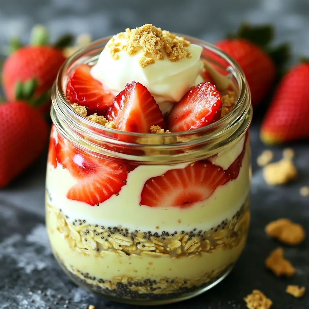 - 1 cup rolled oats - 1 cup almond milk (or any milk of your preference) - 1/2 cup plain Greek yogurt - 1 tablespoon chia seeds - 1 tablespoon vanilla protein powder - 1 tablespoon honey or maple syrup - 1 teaspoon vanilla extract - 1 cup fresh strawberries, hulled and sliced - 2 tablespoons cream cheese, softened to room temperature - Optional: crushed graham crackers for topping Each ingredient plays a key role. The rolled oats provide a hearty base. Almond milk keeps it creamy and light. Greek yogurt adds protein and tang. Chia seeds bring fiber and help the oats thicken. The vanilla protein powder boosts the protein content. Honey or maple syrup sweetens the dish, while the vanilla extract enhances the flavor. Fresh strawberries give a burst of fruity freshness. Cream cheese adds that rich cheesecake taste. Crushed graham crackers? They are optional but add a fun crunch. You can adjust the sweetness with honey or maple syrup based on your taste. This dish is customizable and fun! 1. Start by mixing the wet ingredients. In a medium bowl, combine 1 cup of rolled oats, 1 cup of almond milk, 1/2 cup of plain Greek yogurt, 1 tablespoon of chia seeds, 1 tablespoon of vanilla protein powder, 1 tablespoon of honey or maple syrup, and 1 teaspoon of vanilla extract. Whisk everything until smooth. 2. Next, fold in the strawberries. Add 1 cup of hulled and sliced fresh strawberries, but save a few slices for later. Gently mix until the strawberries are evenly spread. 3. Now, prepare the cream cheese mixture. In a small bowl, blend 2 tablespoons of softened cream cheese with an extra teaspoon of honey. Mix until it is creamy and smooth. 4. It’s time to layer! Start with the oat mixture in a jar or container. Add some of the cream cheese mixture between the layers. Keep layering until you finish both mixtures. This creates a nice cheesecake texture. 1. Once you layer everything, cover the container tightly. Place it in the refrigerator overnight. If you’re short on time, chill it for at least 4 hours. 2. The recommended chilling time is overnight. This helps the oats soften and flavors blend perfectly. The next day, you’ll have a delicious treat waiting for you! You can change the sweetness of your oats. If you want it sweeter, add more honey or maple syrup. You can also use a bit of stevia or agave if you like. Try adding spices like cinnamon or nutmeg. A sprinkle of these can make your oats taste even better. They add warmth and depth to your dish. Layering is key for a great texture. Start with a layer of oats, then add cream cheese, and repeat. This gives a nice mix of creamy and chewy. For some crunch, sprinkle crushed graham crackers between the layers or on top. The crunch will contrast with the smooth cream cheese. Top your oats with fresh strawberries or other berries for color and taste. You can also add a dollop of Greek yogurt on top. This adds extra creaminess. For a fun look, serve in clear jars. Guests can see the layers, making it more appealing. {{image_4}} You can change the fruit in your overnight oats. Instead of strawberries, try blueberries or raspberries. These berries add a great taste and color. You can also use banana and peanut butter. Slice the banana and mix it in. The peanut butter gives a creamy texture and boosts the flavor. If you want dairy-free options, there are many choices. You can swap Greek yogurt for coconut yogurt or soy yogurt. For cream cheese, try cashew cream for a rich flavor. As for milk, almond milk works well, but you can use oat milk or soy milk instead. These swaps keep your oats creamy and delicious. Adding more protein is easy. You can mix in nut butter or seeds. They not only add protein but also healthy fats. For a vegan protein boost, try using pea protein or hemp protein powder. These options are great for keeping your oats filling and nutritious. For storage, use airtight containers. Glass jars work well. They keep the oats fresh and let you see the layers. Always let the mixture cool before sealing. This helps avoid condensation. To maintain freshness, store your oats in the refrigerator. Keep them covered to protect from odors. It also prevents the oats from drying out. In the refrigerator, these oats last for up to three days. After that, they may lose flavor and texture. For longer storage, freezing is an option. You can freeze individual portions in airtight bags or containers. When you are ready to eat, thaw in the fridge overnight. You can also microwave them for a quick meal. Just add a splash of milk to restore creaminess. Yes, you can make this recipe vegan with a few simple swaps. Use plant-based yogurt instead of Greek yogurt. For the cream cheese, choose a vegan cream cheese. Almond milk works well, but you can use any plant milk you prefer. Swap honey with maple syrup or agave nectar for sweetness. These changes keep the creamy texture and flavor while making it vegan-friendly. You can store overnight oats in the fridge for up to five days. Use an airtight container to keep them fresh. The oats will soften and the flavors will blend over time, making them even tastier. Just remember to add any fresh toppings, like strawberries or graham crackers, right before serving. Yes, you can reheat them. To do this, transfer the oats to a microwave-safe bowl. Heat them for about 30 seconds at a time, stirring in between. You can also add a splash of almond milk to make them creamier. If you prefer, you can enjoy them cold straight from the fridge. Both ways are delicious! This blog post walks you through an easy overnight oats recipe. We covered ingredients, step-by-step prep, and tips for flavor and texture. Variations let you switch things up with different fruits or proteins. Storing your oats properly keeps them fresh longer, too. Overnight oats are simple, tasty, and versatile. You can enjoy them any time. Try them out, and enjoy your breakfast!