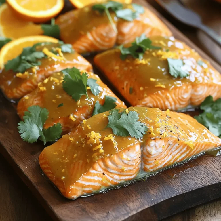 - 4 salmon fillets (6 oz each) - 1 cup fresh orange juice - Zest of 1 large orange - 2 tablespoons honey - 2 tablespoons low-sodium soy sauce - 1 tablespoon extra virgin olive oil - 2 cloves garlic, finely minced - 1 teaspoon fresh ginger, grated - Sea salt and cracked black pepper, to taste - Fresh cilantro leaves, for garnish Salmon is rich in omega-3 fatty acids. These healthy fats help your heart and brain. Fresh orange juice adds vitamin C. This vitamin boosts your immune system. Honey provides natural sweetness and energy. Garlic has antibacterial properties. It may help lower blood pressure. Ginger aids digestion and adds a warm flavor. Together, these ingredients make a healthy and tasty meal. You can swap salmon with other fish like trout or tilapia. If you want a sweeter glaze, use maple syrup instead of honey. For a different flavor, try lemon juice instead of orange juice. If you don't have fresh ginger, ground ginger works too. Use low-sodium tamari if you need a gluten-free option. These swaps let you enjoy this dish in many ways. To start, grab a mixing bowl. You need to combine these items: - 1 cup fresh orange juice - Zest of 1 large orange - 2 tablespoons honey - 2 tablespoons low-sodium soy sauce - 2 cloves garlic, finely minced - 1 tablespoon fresh ginger, grated Whisk these ingredients well. You want a smooth and tasty glaze. The orange juice adds sweetness, while the soy sauce gives it a nice salty kick. Garlic and ginger bring warmth and depth. Next, take your salmon fillets. Place them in a shallow dish. Pour about half of the marinade over the salmon. Make sure they are well coated. Cover the dish and put it in the fridge. Let the salmon marinate for at least 30 minutes. This step helps the flavors soak into the fish. While the salmon marinates, preheat the oven to 400°F (200°C). Line a baking sheet with parchment paper for easy cleanup. After the salmon has marinated, take it out of the fridge. Let any extra marinade drip off. Place the fillets skin-side down on the baking sheet. Now, drizzle 1 tablespoon of extra virgin olive oil over the fillets. Sprinkle sea salt and cracked black pepper on top. These will boost the flavor. Bake the salmon for 12-15 minutes. The salmon should easily flake apart when done. While it bakes, take the remaining marinade and heat it in a small saucepan over medium heat. Simmer it for about 5-7 minutes, stirring often, until it thickens slightly. When the salmon is ready, take it out of the oven. Brush the thickened glaze over each fillet. This will give your salmon a shiny finish. Finally, garnish with fresh cilantro leaves before serving. Enjoy your delicious orange glazed salmon! To cook salmon just right, aim for a medium temperature. Bake your salmon at 400°F (200°C). This heat cooks the fish evenly and keeps it moist. Look for a cook time of 12-15 minutes. The fish is ready when it flakes apart easily. Use a fork to test it. If it breaks apart, it is done. You can boost the flavor of your salmon in many ways. Here are some simple tricks: - Add herbs: Fresh herbs like dill or parsley bring extra brightness. - Use spices: A sprinkle of paprika or cayenne pepper adds a nice kick. - Infuse with citrus: Lemon or lime juice can complement the orange glaze well. These options help create layers of flavor that make your meal special. There are a few common pitfalls to watch for: - Overcooking: Keep an eye on your salmon. Overcooked fish becomes dry and tough. - Skipping the marinade: Marinating is key. It deepens the flavor and keeps the fish juicy. - Not resting: Let your salmon rest for a few minutes after baking. This helps the juices settle, giving you a tastier bite. By avoiding these mistakes, you’ll enjoy a delicious orange glazed salmon every time. {{image_4}} You can switch up the orange for other citrus fruits. Try lemon or lime juice for a zesty kick. Grapefruit adds a sweet and slightly bitter twist. Each fruit brings its own flavor, making the dish unique. You can mix and match to find your favorite blend. Grilling is a great way to cook salmon. It gives a nice smoky flavor. Preheat your grill to medium-high heat. Cook the salmon for about 5-7 minutes per side. Make sure to oil the grill grates to prevent sticking. Pan-searing is another easy method. Heat a skillet over medium heat and add a little oil. Place the salmon skin-side down and cook for 4-5 minutes. Flip it over, reduce the heat, and cover for a few more minutes. This method keeps the fish juicy. Pair your salmon with simple sides. Steamed broccoli or green beans work well. Jasmine rice is a classic choice for a filling meal. You can also add a fresh salad with citrus dressing for a bright touch. These sides balance the flavors and make the meal colorful. To store leftover orange glazed salmon, first let it cool. Place the salmon in an airtight container. Add any extra glaze on top for flavor. Seal the container tightly. Keep it in the fridge. It will stay fresh for up to three days. When you are ready to eat, take the salmon out of the fridge. Preheat your oven to 350°F (175°C). Place the salmon on a baking sheet. Cover it with foil to keep it moist. Heat for about 10-15 minutes. Check if it is warm throughout. You can also use the microwave. Heat it in short bursts of 30 seconds. Be careful not to overheat, or it may dry out. If you want to freeze the salmon, make sure it is cool. Wrap each fillet tightly in plastic wrap. Then, place them in a freezer-safe bag. Remove as much air as possible before sealing. Label the bag with the date. The salmon can last up to three months in the freezer. To thaw, move it to the fridge overnight. This keeps it safe and tasty. The best way to cook salmon is baking. It keeps the fish moist and tender. Baking at 400°F (200°C) takes about 12-15 minutes. You can also broil or grill salmon for great flavor. Just make sure to watch it closely. Overcooking can dry it out. Yes, you can use frozen salmon. Just thaw it first before marinating. Place the frozen fillets in the fridge overnight. If you’re in a hurry, put them in cold water for 30 minutes. Once thawed, follow the recipe as usual. The glaze will still work its magic. You can tell salmon is cooked when it flakes easily with a fork. The flesh should look opaque and not translucent. The internal temperature should reach 145°F (63°C). Using a meat thermometer helps ensure it’s perfect. When in doubt, take it out! This blog post covered essential ingredients, step-by-step cooking, and helpful tips for salmon. You learned about key benefits of each ingredient and possible swaps. I showed you how to achieve perfectly cooked salmon and avoid common mistakes. You can explore variations to suit your taste and find storage tips for leftovers. Overall, cooking salmon is simple and rewarding. With the right steps, you can impress anyone with your dish. Enjoy experimenting in the kitchen!
