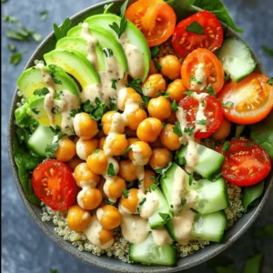 - 1 can (15 oz) chickpeas - 1 cup quinoa - 2 cups vegetable broth (or water) - 1 cup cherry tomatoes - 1 cucumber - 1 bell pepper - 3 tablespoons tahini - 2 tablespoons lemon juice - 1 tablespoon olive oil - Garlic powder, salt, and pepper Chickpea power bowls are a great way to eat healthy. They are full of flavor and nutrients. Let’s dive into the ingredients that make this dish so special. First, we have the main stars: the chickpeas and quinoa. Chickpeas are rich in protein and fiber. They help keep you full. Quinoa is a super grain. It has all nine essential amino acids. Together, they make a perfect base for any meal. Next, we add fresh vegetables. Cherry tomatoes bring a sweet burst of flavor. Cucumbers add a nice crunch. Bell peppers give color and vitamins. These veggies make the dish bright and tasty. Finally, we have the dressings and seasonings. Tahini adds a creamy texture. Lemon juice gives a tangy kick. Olive oil enhances the flavor. Garlic powder, salt, and pepper round out the dish. These simple ingredients come together to create a balanced and delicious meal. Enjoy making your own chickpea power bowls! - Rinse the quinoa under cold water. - Combine the rinsed quinoa with 2 cups of vegetable broth in a medium saucepan. Bring it to a boil. Once boiling, reduce the heat to low. Cover the pot with a lid. Let it simmer for about 15 minutes or until the liquid is gone. Remove from heat and fluff the quinoa with a fork. Set it aside. - Heat 1 tablespoon of olive oil in a skillet over medium heat. - Add the drained chickpeas. Season with garlic powder, a pinch of salt, and freshly cracked pepper. Sauté the chickpeas for 5 to 7 minutes. Stir occasionally until they are warm and slightly crispy. - In a small bowl, whisk together 3 tablespoons of tahini and 2 tablespoons of lemon juice. - If the mixture is thick, add small amounts of water. Keep adding until you get a creamy and pourable dressing. - Start by distributing the cooked quinoa evenly into your serving bowls. - Top each bowl with sautéed chickpeas, halved cherry tomatoes, diced cucumber, chopped bell pepper, sliced avocado, and a handful of baby spinach or arugula. - Drizzle the creamy tahini dressing generously over each bowl. This adds flavor and ties everything together. - For a fresh touch, sprinkle chopped parsley over the top. - Serve the bowls right away to enjoy the best flavors and textures. To cook quinoa, start by rinsing it well under cold water. This step removes any bitter taste. Next, combine one cup of rinsed quinoa with two cups of vegetable broth in a medium saucepan. Bring the mix to a boil, then lower the heat to a simmer. Cover it with a lid and let it cook for about 15 minutes. You will know it's done when all the liquid is absorbed. After cooking, fluff the quinoa with a fork. This helps separate the grains and creates a light texture. To boost the flavor of chickpeas, try different seasonings. Besides garlic powder, you can use cumin, paprika, or even smoked paprika for a twist. For cooking, you have options. You can sauté the chickpeas in a skillet or roast them in the oven. Cooking them in a skillet gives them a nice crispy texture. If you choose the oven, spread them on a baking sheet and roast at 400°F for about 20 minutes. Both methods add great taste. When making tahini dressing, don't be afraid to get creative. You can add spices like cumin or herbs such as dill or parsley for extra flavor. If you want a creamier dressing, add more tahini. To make it thinner, just add small amounts of water until you reach the right consistency. This way, you can tailor the dressing to your taste. {{image_4}} You can easily boost protein in your Chickpea Power Bowls. Grilled chicken adds flavor and heartiness. Just season and grill until cooked. For a plant-based option, tofu works great too. - Grilled Chicken: Season with spices and grill until golden. - Tofu: Press, cube, and sauté until crispy. Consider adding nuts or seeds for crunch and extra protein. Almonds, walnuts, or pumpkin seeds make a nice touch. - Nuts: Chop and sprinkle on top. - Seeds: Add sesame or sunflower seeds for a nutty flavor. If you want a dairy-free meal, swap out any dairy ingredients. You can use plant-based yogurt or cheese if desired. There are many tasty options. - Dairy-Free Alternatives: Use cashew cheese or coconut yogurt. - Plant-Based Add-Ins: Consider adding roasted veggies or legumes for extra flavor. These swaps keep the dish vegan while still being delicious. To switch things up, try different dressings. Instead of tahini, a lemon vinaigrette or balsamic glaze can change the taste. - Different Dressings: Try a yogurt-based dressing or vinaigrette for a lighter feel. - Herbs and Spices: Fresh herbs like cilantro or basil can brighten the dish. Add spices like cumin or paprika for a kick. Experiment with these variations to find your favorites! To keep your Chickpea Power Bowls fresh, store leftovers in airtight containers. This helps prevent moisture loss and keeps flavors intact. Place the bowls in the fridge if you plan to eat them in the next few days. You can safely refrigerate them for up to four days. If you want to keep them longer, consider freezing. Scoop the quinoa and chickpeas into freezer-safe bags. Remove as much air as possible before sealing. This extends their life to about three months. When you’re ready to enjoy your leftovers, reheat quinoa gently. The best method is using the microwave. Place the quinoa in a bowl, add a splash of water, and cover it. Heat for one to two minutes, stirring halfway. This helps to keep it moist. For the vegetables, avoid the microwave if you can. Instead, use a skillet on low heat. This method keeps them fresh and crisp. Stir them often to heat evenly. In the fridge, your Chickpea Power Bowls last about four days. Watch for signs of spoilage. If you see mold or notice an off smell, it’s best to throw them away. When you freeze, check for freezer burn when you pull them out. If they look dry or have ice crystals, they might not taste great. Always trust your senses; if it seems off, don't risk it! Yes, you can make the tahini dressing ahead. Store it in a jar in the fridge. It keeps well for about a week. Just stir in some water if it thickens. If you need a substitute for quinoa, try brown rice or couscous. Both give a nice texture. You can also use farro or bulgur for a fun twist. To boost protein, add grilled chicken, tofu, or beans. Nuts and seeds like almonds or pumpkin seeds work well too. They add crunch and flavor. Yes, this dish is gluten-free. Chickpeas, quinoa, and veggies are all gluten-free foods. Just check the labels on your ingredients to be safe. Yes, you can use canned chickpeas directly. Just drain and rinse them well. Sautéing adds flavor, but they are fine straight from the can. This blog covered a delicious and healthy power bowl recipe with chickpeas, quinoa, and fresh veggies. You learned step-by-step how to prepare each element, from cooking quinoa to making tahini dressing. I shared tips to enhance flavors and manage leftovers. Incorporating various proteins and flavors keeps this dish exciting. Enjoy your power bowl creation, knowing it's easy to adapt and store. Eating well can be simple and fun!