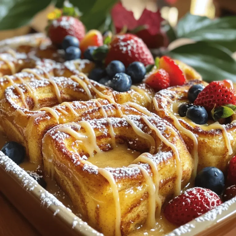 To make Overnight Cinnamon Roll French Toast, you need these key ingredients: - 1 can of cinnamon roll dough (with included icing) - 6 large eggs - 1 cup whole milk - 1/2 cup heavy cream - 1 teaspoon pure vanilla extract - 1 teaspoon ground cinnamon - 1/4 teaspoon ground nutmeg - 1/4 teaspoon sea salt These ingredients create a rich, creamy base. The cinnamon roll dough adds sweetness and a nice texture. Eggs and dairy give it a custard-like feel. You can add some fun toppings to make your dish pop: - Maple syrup (for drizzling) - Powdered sugar (for dusting) - Fresh berries (like strawberries, blueberries, or raspberries) These extras add color and flavor. The syrup gives a sweet touch while berries bring freshness. You can easily adjust this recipe for different needs: - For a dairy-free option, use almond milk and coconut cream. - To make it gluten-free, choose gluten-free cinnamon roll dough. - For a lower sugar option, use sugar-free syrup or skip the icing. These swaps help tailor the dish to your taste and needs. Enjoy experimenting! First, preheat your oven to 350°F (175°C). Open the can of cinnamon roll dough. Carefully separate the rolls and cut each one into quarters. Place these pieces in a greased 9x13 inch baking dish. Spread them out evenly so each piece has space to cook well. In a large mixing bowl, crack six large eggs. Add one cup of whole milk and half a cup of heavy cream. Next, stir in one teaspoon of pure vanilla extract, one teaspoon of ground cinnamon, a quarter teaspoon of ground nutmeg, and a quarter teaspoon of sea salt. Whisk everything together until smooth, making sure there are no visible eggs left. Pour the custard mixture over the cinnamon roll pieces in the baking dish. Use a spatula to press the pieces gently into the custard. This helps them soak up all the flavors. Cover the dish tightly with plastic wrap and place it in the fridge. Chill it for at least four hours, but overnight is better. This soaking makes the rolls rich and tasty. When you are ready to bake, take the dish out of the fridge and remove the plastic wrap. Place it in the preheated oven. Bake for 30 to 35 minutes, until the top is golden brown and the custard sets nice and firm in the middle. While the French toast bakes, prepare the icing that comes with the cinnamon rolls. Mix it in a small bowl until it is smooth. When the dish comes out of the oven, drizzle the warm icing over the French toast. Serve it warm with maple syrup, a dusting of powdered sugar, and fresh berries on top. This makes for a colorful and delightful breakfast! To soak cinnamon rolls well, cut each roll into quarters. This step helps them soak up all the custard flavors. Make sure to press the pieces down into the custard. This ensures every piece gets coated. Cover the dish tightly and chill it overnight. The longer they soak, the better they taste. You want them soft and rich when you bake. You can play with spices to enhance flavor. For a bolder taste, add more cinnamon. You might try a pinch of cardamom for warmth. Nutmeg gives a cozy feel, too. Don’t be shy to experiment! A dash of ginger can add a nice kick. Always taste the custard mixture before you pour it. Adjust to suit your taste buds. Oven temperatures can vary. If your oven runs hot, check the French toast early. Start checking at 25 minutes. Look for a golden top and set custard. If it’s browning too fast, cover it with foil. This trick helps it cook evenly. Always trust your instincts; every oven is unique. Adjust cooking times as needed for the best results. {{image_4}} You can easily add chocolate chips for a sweet twist. Use the same cinnamon roll dough and custard. Just sprinkle a cup of chocolate chips over the quartered cinnamon rolls before pouring in the custard. Bake as usual. You'll enjoy a warm, gooey treat that combines chocolate and cinnamon. For a fall favorite, try adding pumpkin spice. Replace the ground cinnamon with two teaspoons of pumpkin spice in the custard. You can also add a half cup of pumpkin puree to the mix. This gives your French toast a rich, seasonal flavor. Serve it with whipped cream to enhance the taste! If you need nut-free or gluten-free options, choose the right dough. Look for gluten-free cinnamon roll dough in stores. Make sure all other ingredients, like milk and cream, are free from nuts. Your French toast will still taste amazing and be safe for everyone at your table! Store any leftover Overnight Cinnamon Roll French Toast in an airtight container. It keeps well in the fridge for up to three days. Make sure to let it cool before sealing. This helps it stay fresh without getting soggy. You can freeze the French toast for later use. Cut it into individual portions and wrap each piece in plastic wrap. Place the wrapped pieces in a freezer bag, removing as much air as possible. It lasts up to three months in the freezer. To reheat, place the French toast in a preheated oven at 350°F (175°C) for about 15 minutes. This warms it through while keeping it soft. You can also microwave it for a quick fix. Heat on medium for one to two minutes, checking often to avoid overcooking. Drizzle with syrup and enjoy! You can prepare this dish without overnight refrigeration, but I do not recommend it. Chilling allows the cinnamon rolls to soak up the custard. This makes them rich and flavorful. If you skip this step, the rolls may not cook evenly and could turn out dry. If you are in a hurry, let them soak for at least 4 hours. I suggest using a can of classic cinnamon roll dough. You can find this in the refrigerated section of any grocery store. Look for dough with icing included. This dough is soft and easy to work with. It will create the perfect texture for your French toast. Your French toast is ready when the top turns golden brown. You should also check if the custard is set in the center. Use a knife or toothpick to test it. Insert it into the center; it should come out clean. Bake for 30-35 minutes at 350°F (175°C) to ensure perfect results. Yes, you can make the custard mixture ahead of time! Whisk together the eggs, milk, cream, and spices. Store it in the fridge for up to 24 hours before using. Just give it a quick stir before pouring it over the cinnamon rolls. This saves time and makes your cooking process easier! This blog post covered how to make overnight cinnamon roll French toast, from ingredients to final touches. You learned about essential ingredients, step-by-step baking, and tips for perfect results. You can even explore tasty variations that fit your needs. Keep these methods in mind for a quick and fun breakfast. Don’t forget to adjust cooking times for your oven. Enjoy experimenting with flavors and seeing what you can create. Happy cooking!