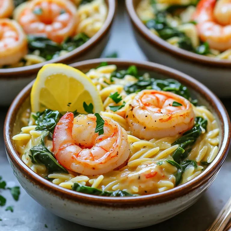 - 1 pound large shrimp, peeled and deveined - 1 cup orzo pasta - 2 cups vegetable broth - 2 cups fresh spinach, packed - 1 medium onion, finely chopped - 3 cloves garlic, minced - 2 tablespoons Cajun seasoning - 1 teaspoon smoked paprika - Salt and pepper to taste - 2 tablespoons olive oil - 1 tablespoon fresh lemon juice - Fresh parsley, chopped for garnish To make Cajun shrimp spinach orzo, gather these key ingredients. Start with one pound of large shrimp. Make sure they are peeled and deveined. Next, grab one cup of orzo pasta. This small pasta cooks up nicely in a single pot. You will also need two cups of vegetable broth. This adds rich flavor to the dish. Fresh spinach is a must, so pack two cups for color and nutrients. Don’t forget the aromatics! Use one medium onion finely chopped for a sweet base. Three cloves of minced garlic will give you that bold flavor. For seasoning, you need two tablespoons of Cajun seasoning and one teaspoon of smoked paprika. Adjust salt and pepper to your taste. For cooking, use two tablespoons of olive oil. This oil helps sauté the onions and garlic. One tablespoon of fresh lemon juice adds a bright finish. Finally, have fresh parsley on hand to garnish your dish. This simple list of ingredients brings together a wholesome delight. - Heat 2 tablespoons of olive oil in a large pot over medium heat. - Add 1 medium onion, finely chopped, and sauté until soft and translucent, about 3-4 minutes. - Toss in 3 cloves of minced garlic and cook until fragrant, about 1 minute. - Add 1 pound of large shrimp, 2 tablespoons of Cajun seasoning, and 1 teaspoon of smoked paprika. - Sauté until the shrimp turn pink and are cooked through, about 3-4 minutes. - Remove the shrimp and set aside on a plate. - Pour in 1 cup of orzo pasta and 2 cups of vegetable broth into the pot. - Bring the mixture to a boil, then reduce the heat to low and let it simmer. - Cook until the orzo is al dente, about 8-10 minutes, stirring occasionally. - Stir in 2 cups of fresh spinach and 1 tablespoon of lemon juice, cooking until the spinach wilts, about 1-2 minutes. - Return the cooked shrimp to the pot and mix everything together. Adjust seasoning with salt and pepper to taste. This dish comes together quickly and easily, making it a perfect weeknight meal. Enjoy the burst of flavors as you savor each bite! - Use fresh shrimp for the best flavor. - Ensure orzo is well-cooked but not mushy. When you choose fresh shrimp, you get a sweeter taste. Look for shrimp with a firm texture and a mild smell. If you use frozen shrimp, thaw it first. This helps keep the shrimp juicy. Cooking orzo takes some attention. You want it to be soft but still have a little bite. Stir it often as it simmers. This keeps it from sticking. Check it a minute or two before the time is up. - Serve in shallow bowls for visual appeal. - Garnish with parsley and lemon wedges. Serving your dish in shallow bowls makes it look fancy. It allows the colors to stand out. The bright green spinach and pink shrimp really pop! Adding parsley gives it a fresh look. Lemon wedges add a fun touch. You can squeeze them for extra zest. - Experiment with different Cajun spices. - Add a splash of hot sauce for extra heat. Cajun seasoning has many flavors. You can try different blends to find your favorite. Don’t be shy to add more if you like it spicy! A splash of hot sauce can bring warmth to the dish. Adjust it to your taste. This way, every bite is packed with flavor. {{image_4}} You can easily switch the shrimp for chicken or tofu. Chicken gives a nice, hearty touch. Tofu adds a great plant-based option. If you love seafood, try using a mix. Scallops or crab can bring new flavors to this dish. For extra color and taste, add bell peppers or zucchini. Both vegetables cook well with orzo. You can also toss in cherry tomatoes. They add a sweet burst that contrasts nicely with the Cajun spices. If you need to avoid gluten, use rice or quinoa instead of orzo. Both grains work well and absorb flavors. You can also choose low-sodium broth for a healthier meal. This keeps the dish light but still tasty. Store leftovers in an airtight container. This keeps the dish fresh and tasty. Enjoy your meal within 3 days for the best flavor. You can freeze this dish in portions. This makes quick meals easy. Just thaw before reheating on the stovetop to keep it nice. When reheating, add a splash of broth. This helps keep the dish moist. Avoid overcooking to maintain the texture of the shrimp and orzo. Yes, just ensure they are peeled and deveined before cooking. Frozen shrimp work well and save time. Make sure to thaw them first for even cooking. If you are in a hurry, using frozen shrimp can be a real lifesaver. Total cooking time is approximately 30 minutes. This quick meal fits well into a busy schedule. You can have a tasty dinner on the table in no time. Great as a standalone dish, but pairs well with crusty bread or a side salad. The crusty bread is perfect for soaking up the delicious sauce. A fresh salad adds a nice crunch and balances the meal. This recipe for Cajun Shrimp Spinach Orzo blends simple ingredients with bold flavors. You can create a tasty meal in about 30 minutes. Remember to use fresh shrimp for the best taste and explore variations like chicken or different veggies. Proper storage keeps leftovers fresh, and reheating with some broth maintains flavor. Enjoy this dish's versatility and make it your own. With these tips, you'll impress anyone at your table. Happy cooking!