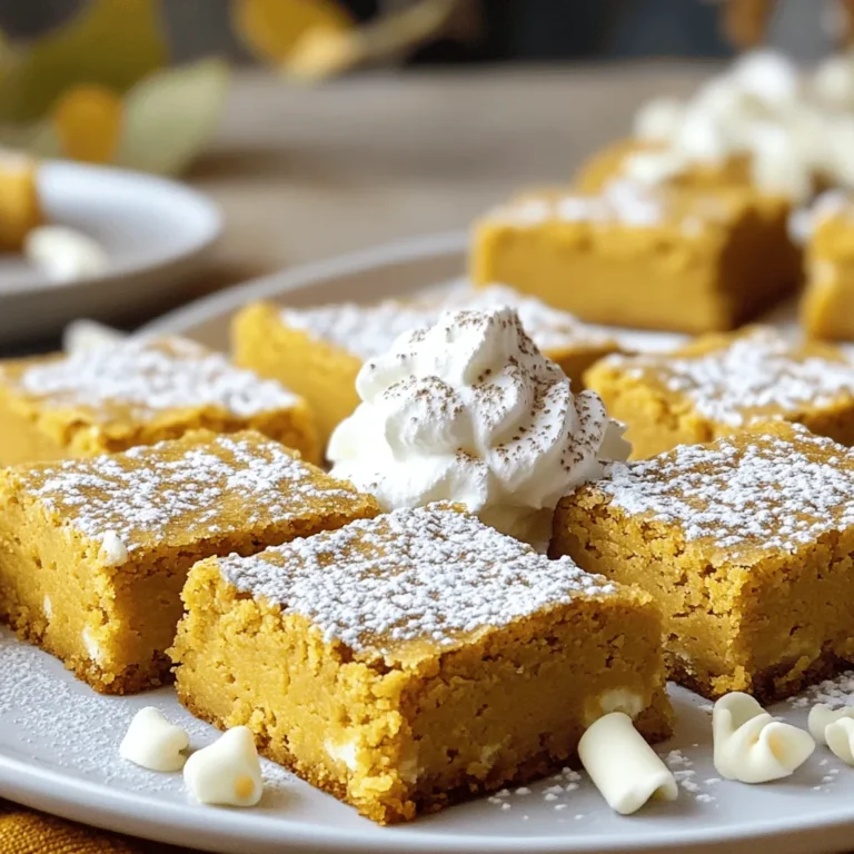 For the Pumpkin Spice White Chocolate Blondies, you need a few simple ingredients. They work together to create a rich and sweet treat. Here’s the complete list: - 1 cup unsalted butter, melted - 1 cup packed brown sugar - 1/2 cup granulated sugar - 2 large eggs - 1 teaspoon vanilla extract - 1 1/2 cups all-purpose flour - 1 teaspoon baking powder - 1 teaspoon pumpkin pie spice - 1/2 teaspoon salt - 1 cup white chocolate chips - 1/2 cup pumpkin puree Each ingredient serves a special purpose. The unsalted butter gives a rich flavor. Brown sugar adds moisture and a hint of caramel. Granulated sugar adds sweetness. The eggs help bind everything together. Vanilla extract gives a warm, sweet touch. The all-purpose flour is the base of the blondies. Baking powder helps them rise. Pumpkin pie spice brings that classic fall flavor. Salt balances the sweetness. The white chocolate chips add creamy sweetness, while pumpkin puree gives moisture and a lovely color. Using fresh or canned pumpkin puree is key. Both work well, but fresh can enhance flavor. Make sure to measure each ingredient carefully. This ensures your blondies come out just right. These ingredients will create a treat that is hard to resist. Enjoy baking with these delightful components! Start by preheating your oven to 350°F (175°C). This step is key for even baking. While the oven warms up, prepare your baking pan. You can grease a 9x9 inch baking pan with some butter. Alternatively, you can line it with parchment paper for easy removal later. In a large mixing bowl, combine 1 cup of melted unsalted butter, 1 cup of packed brown sugar, and 1/2 cup of granulated sugar. Use a whisk to mix them well until smooth. This helps blend the sugars with the butter. Next, add 2 large eggs one at a time. Make sure to mix well after each egg. Finally, stir in 1 teaspoon of vanilla extract. This adds great flavor to your blondies. Take another bowl and sift together 1 1/2 cups of all-purpose flour, 1 teaspoon of baking powder, 1 teaspoon of pumpkin pie spice, and 1/2 teaspoon of salt. Sifting ensures that everything mixes evenly. Now, gradually combine your dry mixture into the wet mixture. Stir gently until just combined. Be careful not to overmix. This keeps your blondies soft and chewy. Now it's time to add the fun stuff! Gently fold in 1/2 cup of pumpkin puree and 1 cup of white chocolate chips. Make sure they are evenly spread in the batter. Pour the batter into your prepared baking pan. Use a spatula to smooth the top for even baking. Place the pan in the oven and bake for 25-30 minutes. You’ll know they are done when the edges turn golden and a toothpick comes out with some moist crumbs. Let them cool in the pan for about 10 minutes. Then, transfer to a wire rack to cool completely. After they cool, cut them into 16 squares and get ready to enjoy! To get the best texture in your blondies, avoid overmixing. When you mix the batter, stir just until all the dry ingredients are combined. If you stir too much, your blondies will become tough. After baking, let them cool in the pan for about 10 minutes. Then, move them to a wire rack. This helps them set and keeps the texture soft and chewy. Make your blondies shine with a few simple touches. Dust each square lightly with powdered sugar for a sweet finish. You can add a dollop of whipped cream on top for a creamy bite. For an extra touch, sprinkle white chocolate shavings around the plate. This creates a lovely contrast and will impress anyone you serve. To keep your blondies fresh, store them in an airtight container. This helps maintain their soft texture. You can keep them at room temperature for up to three days. For longer storage, place them in the fridge for a week. If you want to freeze them, wrap each piece tightly in plastic wrap. This way, you can enjoy these treats later without losing flavor! {{image_4}} You can change the flavor of your blondies easily. Adding nuts like walnuts or pecans gives a nice crunch. You can also mix in spices like cinnamon or nutmeg. These small changes can boost the flavor. If you want a chocolate twist, try using dark or milk chocolate instead of white chocolate. Each chocolate type brings a different taste to your blondies. If you need gluten-free blondies, use gluten-free flour. This keeps the texture light and soft. There are many brands that work well. For a vegan version, swap the eggs for flax eggs. To make flax eggs, mix one tablespoon of ground flaxseed with water and let it sit for five minutes. You can also use plant-based butter instead of regular butter. These swaps keep your blondies tasty while meeting your dietary needs. Each serving of these Pumpkin Spice White Chocolate Blondies has great flavors and some nutrition. One blondie, or a square, has about 200 calories. You get 9 grams of fat, 28 grams of carbs, and 2 grams of protein. Each blondie has a nice mix of vitamins and minerals. You get some iron from the flour, and the pumpkin adds vitamin A. You can make these blondies a bit healthier. Try using less sugar or butter to cut down on calories. You can use half the amount of brown sugar and granulated sugar. This keeps the sweet taste while making it lighter. Another option is to add more fiber. You can replace some all-purpose flour with whole wheat flour. This change adds fiber and makes the blondies a bit more filling. You can also add oats for extra texture. These simple swaps help you enjoy your treat while being a bit healthier. Yes, you can make these blondies ahead of time. To store them, let them cool completely. Then, wrap them tightly in plastic wrap. This keeps them fresh for up to three days. You can also place them in an airtight container. For longer storage, freeze them. Just wrap each blondie in foil before placing them in a freezer bag. They can stay fresh in the freezer for up to three months. To enjoy them later, let them thaw at room temperature. You can reheat them in the oven for a few minutes to restore that fresh-baked taste. If you don’t have pumpkin puree, you can use other ingredients. Applesauce is a great option; it adds moisture and a hint of sweetness. You can also try butternut squash puree or mashed sweet potatoes. Both provide a similar texture and flavor. If you want a different taste, use mashed bananas. Keep in mind that this will change the flavor slightly. Adjust the spices to match your choice for the best results. To check if your blondies are done, look for some key signs. The edges should be golden brown, while the center may look slightly soft. A toothpick test is very helpful. Insert a toothpick into the center of the blondies. If it comes out with a few moist crumbs, they are ready. If there's wet batter on the toothpick, bake them a bit longer. Avoid overbaking to keep them soft and chewy. Let them cool in the pan for about ten minutes. This helps them set nicely before cutting. This blog post covered how to make delicious pumpkin blondies. You learned about the key ingredients, including pumpkin puree and white chocolate. I shared easy steps for mixing and baking, plus tips for perfect texture. You discovered options for variations and ways to store leftovers. By following these guidelines, you can enjoy tasty blondies at home. Happy baking, and enjoy your sweet treat!