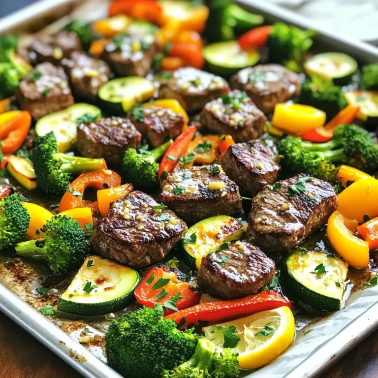 - 1 pound sirloin steak, cut into cubes - 2 cups broccoli florets - 1 bell pepper, sliced - 1 medium zucchini, sliced - 1 cup baby carrots - 4 tablespoons unsalted butter, melted - 4 cloves garlic, minced - 2 teaspoons dried Italian seasoning - Salt and black pepper to taste - Juice of 1 lemon - Fresh parsley for garnish - Additional vegetables (e.g., asparagus, cherry tomatoes) - Spices for extra heat (e.g., red pepper flakes) You will love cooking with these fresh ingredients. Start with sirloin steak, cut into bite-sized cubes. This cut is tender and juicy and works great in this dish. Next, add colorful veggies. I use broccoli, bell pepper, zucchini, and baby carrots. They add crunch and nutrition. The garlic butter sauce is key. Melt four tablespoons of unsalted butter, then mix in minced garlic. This sauce infuses flavor into everything. Dried Italian seasoning adds warmth, while lemon juice brightens the dish. Don’t forget salt and black pepper for taste. If you want more veggies, feel free to add asparagus or cherry tomatoes. For those who like heat, sprinkle in some red pepper flakes. This will kick up the flavor a notch. Gather these ingredients, and you’re ready to create a delicious meal! First, preheat your oven to 425°F (220°C). This is key for perfect cooking. While the oven heats, line a large sheet pan with parchment paper. This helps with easy cleanup later. Next, make the garlic butter marinade. In a large bowl, mix 4 tablespoons of melted butter, 4 cloves of minced garlic, 2 teaspoons of dried Italian seasoning, lemon juice, salt, and black pepper. Whisk until it smells amazing. Now it's time for the steak. Take 1 pound of sirloin steak, cut it into 1-inch cubes, and add it to the bowl with the marinade. Toss the steak well so every piece gets coated. Let it marinate for about 10 minutes. This step adds rich flavor to your meat. While your steak marinates, let’s prepare the veggies. In another bowl, add 2 cups of broccoli florets, 1 sliced bell pepper, 1 sliced medium zucchini, and 1 cup of baby carrots. Drizzle half of the leftover garlic butter mixture over the veggies. Toss gently until they are all coated. This step makes the veggies taste great too. Now, it’s time to bake. Arrange the marinated steak and veggies on the prepared sheet pan. Make sure there is space between them. This helps them roast evenly. Place the pan in the oven and bake for about 15-20 minutes. Stir everything halfway through to ensure even cooking. You want the steak cooked to your liking and the veggies tender yet crispy. After baking, carefully take the pan out of the oven. Drizzle the rest of the garlic butter over the dish. Toss gently to mix all the flavors. Finally, garnish with freshly chopped parsley for a pop of color. Serve it right from the pan for a rustic look, or transfer it to a platter. Don't forget to add lemon wedges for a bright kick! Choosing the right cut of steak is key. I recommend sirloin for this dish. It cooks well and stays juicy. Look for bright red color and good marbling. This means more flavor in each bite. For marinating, ten minutes is perfect. This time lets the garlic and butter seep into the meat. If you have more time, you can marinate for up to an hour. Just keep it in the fridge. Use veggies that roast well. I love broccoli, bell peppers, zucchini, and baby carrots. They add color and crunch. You can also try asparagus or cherry tomatoes for variety. To achieve crispy veggies, space them out on the sheet pan. Crowding leads to steaming, not roasting. Toss them in the garlic butter, then roast at 425°F. This high heat helps caramelize the edges, making them delightful. You can add more flavor with optional ingredients. Think about red pepper flakes for heat or extra herbs like thyme. Try adding lemon zest for a fresh twist. If you want to grill instead, that works too! Just marinate the steak and veggies as before. Grill them on medium-high heat until cooked through. This method adds a smoky flavor that enhances the dish even more. {{image_4}} You can swap the steak for chicken, shrimp, or tofu. Each option gives a new twist. For chicken, use boneless thighs or breasts. Shrimp cooks fast and adds a lovely taste. Tofu is great for a plant-based meal. Just make sure to marinate it well. This keeps it full of flavor. Using seasonal veggies keeps your dish fresh and tasty. In spring, try asparagus or snap peas. Summer is perfect for zucchini and bell peppers. In fall, use butternut squash or Brussels sprouts. Winter brings hearty options like root vegetables. Each season gives you a chance to mix and match flavors. You can change the taste with different marinades or spices. Try a spicy marinade with chili paste for heat. A teriyaki sauce gives a sweet and savory twist. You can also use herbs like rosemary or thyme for a more earthy flavor. Experiment and find what you love! To store leftovers, let the dish cool first. Then, place it in an airtight container. You can keep it in the fridge for up to three days. Make sure to label the container with the date. This helps you keep track of freshness. When you reheat, I recommend using the oven. Preheat the oven to 350°F (175°C). Place the leftovers on a baking sheet. Cover them with foil to keep moisture in. Heat for about 15-20 minutes. This method keeps the steak tender and the veggies crisp. You can also use the microwave for quick reheating. Just use a microwave-safe dish and cover it loosely. Yes, you can freeze leftovers! First, let them cool. Then, portion them into freezer-safe bags. Squeeze out as much air as possible before sealing. This helps prevent freezer burn. You can freeze them for up to three months. When you’re ready to eat, thaw in the fridge overnight. Reheat them in the oven or microwave for best results. To check if your steak is cooked just right, use a meat thermometer. You want the internal temperature to be 130°F for medium-rare, 140°F for medium, and 160°F for well-done. If you don't have a thermometer, you can press the steak with your finger. A soft feel means rare, while firmer feels mean more doneness. Yes, you can use frozen vegetables. They are convenient and save time. However, make sure to thaw them before cooking. Thawing helps them cook evenly. For the best results, drain any excess water after thawing. This prevents sogginess during baking. For a complete meal, serve this dish with rice or quinoa. Both options add a nice base and absorb the garlic butter flavors. You can also add a fresh salad or crusty bread. These sides balance the meal and add variety. Yes, you can prep this dish ahead of time. Marinate the steak and chop the veggies a few hours in advance. Store them in the fridge until you are ready to cook. Just remember to take them out about 30 minutes before baking. This helps them cook evenly. This sheet pan garlic butter steak and veggies recipe is simple and tasty. You learned about the right ingredients, prepping steps, and cooking tips. Plus, you can customize flavors and swap proteins or veggies. Remember to store leftovers properly and reheat them well. In closing, enjoy this meal with friends or family. You’ll impress everyone with your cooking skills. Happy cooking!