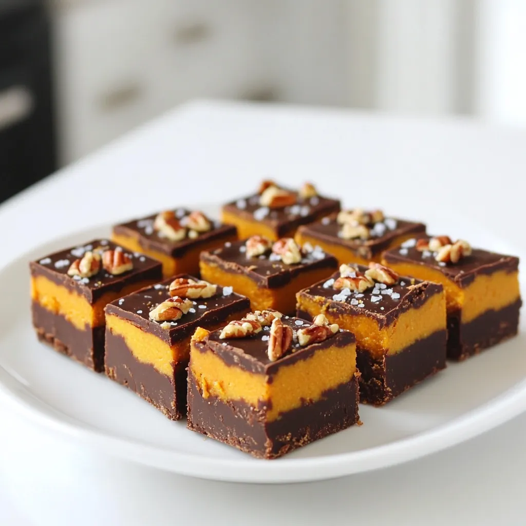 To make this no-bake chocolate peanut butter pumpkin fudge, you will need: - 1 cup pumpkin puree - 1/2 cup creamy peanut butter - 1/2 cup pure maple syrup - 1 cup dark chocolate chips - 1/4 teaspoon pumpkin pie spice - 1/4 teaspoon salt - 1/2 cup crushed graham crackers You can add some extra crunch and flavor with these toppings: - Chopped pecans - Chopped walnuts If you need to swap ingredients, here are some ideas: - Use almond butter instead of peanut butter for a nut-free option. - Swap maple syrup for honey or agave syrup for a different sweetener. - Try using white chocolate chips if you prefer a sweeter fudge. These ingredient choices can help fit different diets and tastes. Feel free to experiment! Start by taking a medium saucepan. Set it over low heat. Add 1 cup of dark chocolate chips and 1/2 cup of creamy peanut butter. Stir this mix with a spatula. Keep stirring until it melts and is smooth. Make sure there are no lumps. This step is key for a rich taste. Once the chocolate and peanut butter mix well, take the saucepan off the heat. Now, mix in 1 cup of pumpkin puree and 1/2 cup of pure maple syrup. Add 1/4 teaspoon of pumpkin pie spice and 1/4 teaspoon of salt. Stir well until everything is blended. You want a nice, even mixture that looks creamy and inviting. Next, grab an 8-inch square baking dish. Line it with parchment paper. Leave some paper hanging over the edges. This will help you lift the fudge out later. Pour the fudge mix into the dish. Use a spatula to spread it evenly. Smooth the top for a nice look. If you like, sprinkle chopped pecans or walnuts on top. Press them lightly into the fudge. Now, place the dish in the fridge. Let it chill for at least 2 hours. You want it to be firm and set. Once ready, lift the fudge out using the parchment paper. Cut it into 16 squares. Enjoy your delicious treat! To get the best texture, use smooth peanut butter. Creamy peanut butter blends well with chocolate. Mix the pumpkin puree in slowly. This keeps the fudge creamy and smooth. Make sure to fold in the crushed graham crackers gently. This adds a nice crunch without overmixing. Serve your fudge on a pretty plate. You can drizzle extra melted chocolate on top. This makes it look fancy! Sprinkle a bit of pumpkin pie spice for flair. For a fun twist, add chopped nuts like pecans or walnuts on top. These toppings enhance the flavor and crunchy texture. One common mistake is rushing the melting process. Always melt chocolate on low heat. High heat can burn the chocolate. Another mistake is not chilling long enough. Make sure to let it set for at least two hours. This helps the fudge firm up. Lastly, don’t skip the salt. It balances the sweetness and boosts flavor. {{image_4}} You can get creative with flavors in your fudge. Adding nutmeg or cinnamon gives it a warm, cozy feel. Just a pinch can brighten up the taste. If you want a stronger spice kick, try mixing in a bit more. You’ll find that small changes can lead to big flavor shifts. Feel free to experiment until you find your favorite blend! If you want to change the sweetness, that’s easy! You can swap pure maple syrup with honey or agave syrup. Each option will add a unique taste to your fudge. If you're looking for sugar-free options, consider using stevia or monk fruit sweetener. These alternatives keep the fudge sweet without extra sugar. Just adjust the amount to suit your taste. Making this fudge vegan is simple! Use almond butter or sunflower seed butter instead of creamy peanut butter. For sweetener, stick with pure maple syrup. Also, check your dark chocolate chips. Some brands are dairy-free. This way, everyone can enjoy this tasty treat! Always read labels to ensure all ingredients match your diet needs. To keep your fudge fresh, place it in an airtight container. Use parchment paper to separate layers if you stack pieces. This helps prevent sticking. Store it in the fridge for best results. This no-bake chocolate peanut butter pumpkin fudge lasts about one week in the fridge. After that, it may lose its great taste and texture. Check for any signs of spoilage before eating. You can freeze the fudge for longer storage. Cut it into squares before freezing. Wrap each square tightly in plastic wrap and place them in a freezer-safe bag. It will keep well for about three months in the freezer. When you're ready to enjoy it, thaw it in the fridge overnight. Yes, you can make this fudge ahead of time. It stays fresh in the fridge for up to one week. Making it in advance gives the flavors time to mix. You can enjoy it on a busy day or share it at a party. Just store the fudge in an airtight container. This keeps it soft and tasty. To cut no-bake fudge easily, chill it well first. Once it is firm, lift it out using the parchment paper. Place it on a cutting board. Use a sharp knife for clean edges. You can warm the knife slightly to help cut through the fudge. Wipe the knife between cuts to keep them neat. If you want extra chocolate flavor, add more chocolate chips. You can mix in 1/4 cup more when melting the chocolate and peanut butter. Another option is to drizzle melted chocolate over the top before it sets. This gives a rich, beautiful finish. You can even try using dark cocoa powder in the mixture for a deeper taste. This blog post covered how to make delicious no-bake fudge. We explored the key ingredients, optional toppings, and even ingredient swaps. I shared step-by-step instructions to melt, mix, and chill your fudge. Plus, I offered handy tips to help you avoid common mistakes. You learned about flavor variations and how to store your fudge properly. In summary, this recipe is easy and fun. It lets you get creative with flavors. You can impress friends and family with tasty treats that are hard to resist. Enjoy making your fudge!