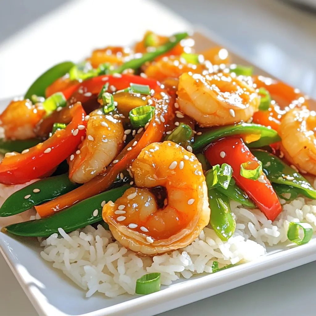 - 1 pound large shrimp, peeled and deveined - 2 tablespoons olive oil - 4 cloves garlic, minced (about 2 teaspoons) - 1/4 cup honey - 2 tablespoons soy sauce (low-sodium preferred) - 1 tablespoon fresh ginger, grated - 1 bell pepper (any color), julienned - 1 cup snap peas, trimmed - 2 green onions, thinly sliced (for garnish) - 1 tablespoon sesame seeds (for garnish) - Cooked jasmine rice (for serving, about 2 cups) To make Garlic Honey Shrimp Stir Fry, you need simple yet fresh ingredients. First, select large shrimp. They add a nice, juicy bite. Olive oil gives a lovely base and adds flavor. Fresh garlic and ginger bring warmth and depth to the dish. Honey and soy sauce create a sweet and savory sauce that ties everything together. Next, choose colorful vegetables like bell peppers and snap peas. They add crunch and nutrition to your meal. For garnishing, green onions and sesame seeds give a nice finish. Finally, serve your stir fry over fluffy jasmine rice. Rice soaks up the sauce, making each bite delicious. With these ingredients, you will make a quick and tasty meal that is packed with flavor and color. Enjoy the blend of sweet, savory, and fresh flavors in this dish! To make garlic honey shrimp stir fry, start by gathering your ingredients. This dish cooks fast, so prep everything before you begin. You'll want to have your shrimp, veggies, and sauce ready to go. First, heat 2 tablespoons of olive oil in a large skillet over medium-high heat. Wait until the oil shimmers. Next, add 4 cloves of minced garlic and 1 tablespoon of grated ginger. Stir them for about 30 seconds. You want the aroma to fill your kitchen without burning the garlic. Now it's time to cook the shrimp. Toss in 1 pound of large shrimp, peeled and deveined. Sauté them for 2-3 minutes. Look for them to turn pink and curl up. This means they're done. After the shrimp are perfect, add 1 julienned bell pepper and 1 cup of trimmed snap peas. Stir-fry everything for another 2-3 minutes. The veggies should look bright and tender-crisp. While the shrimp and veggies cook, whisk together 1/4 cup of honey and 2 tablespoons of soy sauce in a small bowl. Mix until you see a smooth blend. This will be the sweet and salty sauce that makes your dish shine. Once the shrimp and veggies are ready, pour the honey-soy mixture over them. Toss everything well to coat. Stir-fry for an extra 1-2 minutes. This lets the sauce bubble and thicken, sealing in all the tasty flavors. Remove the skillet from heat. Garnish with 2 sliced green onions and 1 tablespoon of sesame seeds for crunch. Serve this delicious stir-fry over about 2 cups of cooked jasmine rice. The rice will soak up the tasty sauce, making each bite irresistible. To cook shrimp just right, look for a few signs. First, they should turn pink. Second, they should curl into a C shape. If they are gray or straight, they need more time. Cook them for 2-3 minutes on medium-high heat. Overcooked shrimp become tough, so watch closely. You can add some heat with chili flakes. Just a pinch gives great flavor. If you want more crunch, try adding other vegetables. Broccoli or carrots work well. Mix them in with the bell pepper and snap peas for extra taste. To make this dish a meal prep star, cook larger batches. Store the shrimp stir fry in airtight containers. It lasts for 3-4 days in the fridge. When you want to eat, just reheat it on the stove or in the microwave. Serve it over fresh rice for a quick meal. {{image_4}} You can easily swap shrimp for chicken or tofu. - Chicken: Use boneless chicken breast, cut into bite-sized pieces. Cook it for about 5-7 minutes until it’s no longer pink. - Tofu: Choose firm tofu, cut into cubes. Sauté it for 3-4 minutes until golden brown. Try different sauces to mix up the flavors. - Teriyaki Sauce: Use teriyaki instead of honey-soy for a sweet, rich taste. - Sweet Chili Sauce: This adds a nice kick and sweetness all in one. Feel free to change up the veggies based on what you like or what's in season. - Broccoli or Carrots: These add a nice crunch and color. - Spinach: Toss it in at the end for extra nutrients and vibrant green. To keep your Garlic Honey Shrimp Stir Fry fresh, store it in an airtight container. Place it in the fridge within two hours of cooking. Leftovers should stay good for about three days. Avoid leaving it out at room temperature for long. This helps to prevent any food safety issues. The best way to reheat your stir fry is in a skillet. Heat a little olive oil over medium heat. Add the stir fry and cook for about 5 minutes. Stir occasionally to ensure even heating. You can also use a microwave. Heat it in a microwave-safe dish for 1-2 minutes, stirring halfway through. If you want to freeze your Garlic Honey Shrimp Stir Fry, use a freezer-safe container. Make sure to cool it completely before sealing. It can last for up to three months in the freezer. When you're ready to eat, thaw it in the fridge overnight. Reheat as mentioned above for best results. Yes, you can make this dish ahead. To do this, cook the shrimp and veggies, but don’t add the sauce until you are ready to serve. Store the cooked shrimp and veggies in an airtight container in the fridge. They will stay fresh for about two days. When you’re ready to eat, just heat them in a pan and add the sauce. This method keeps everything tasty and bright. You can pair this stir fry with several side dishes. Here are a few tasty options: - Steamed jasmine rice - Quinoa for a nutty flavor - Noodles for a heartier meal - A simple green salad for crunch These sides help balance the meal and soak up the delicious sauce. To thicken the sauce, you can use a few techniques: - Cornstarch slurry: Mix one tablespoon of cornstarch with two tablespoons of cold water. Stir this into the sauce while it cooks. - Simmer longer: Allow the sauce to simmer for a few extra minutes. This helps reduce the liquid and thicken it. - Add more honey: A bit more honey can thicken the sauce and enhance sweetness. Each method works well, so choose one that fits your taste. The base recipe is not gluten-free due to soy sauce. To make it gluten-free, use tamari instead. Tamari is a gluten-free soy sauce alternative. Always check labels to ensure no gluten ingredients are in your other items. This way, you can enjoy the dish safely. This recipe blends shrimp, fresh veggies, and a sweet-savory sauce for a tasty meal. You learned the steps to cook shrimp and vegetables, and how to store leftovers. Remember, you can swap shrimp for chicken or tofu and use different sauces. Cooking should be fun, so don't hesitate to experiment with flavors. Enjoy this dish with jasmine rice and feel free to adapt it to your taste. Keep these tips in mind, and you will make a delicious stir fry with ease. Happy cooking!