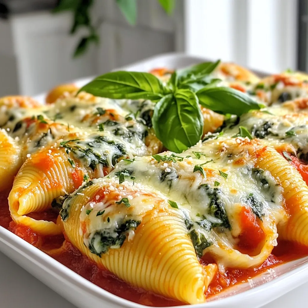 To make these delicious stuffed shells, you will need the following ingredients: - 12 jumbo pasta shells - 2 cups fresh spinach, chopped - 1 cup ricotta cheese - 1 cup shredded mozzarella cheese - 1/2 cup grated Parmesan cheese - 1 teaspoon garlic powder - 1 teaspoon onion powder - 1/2 teaspoon salt - 1/4 teaspoon black pepper - 2 cups marinara sauce (store-bought or homemade) - Fresh basil leaves for garnish These ingredients come together to create a rich and cheesy filling that pairs perfectly with the marinara sauce. While ricotta and mozzarella are the stars here, you can try other cheese types for a twist: - Cottage cheese for a lighter filling - Goat cheese for a tangy flavor - Fontina cheese for creaminess - Cheddar cheese for extra sharpness These options can make your stuffed shells even more fun and tasty. To elevate your stuffed shells, consider these optional add-ins: - Chopped sun-dried tomatoes for a burst of flavor - Cooked ground meat or sausage if you want protein - Artichoke hearts for a unique taste - Red pepper flakes for some heat These add-ins can bring new life to your dish and cater to different taste preferences. Enjoy experimenting! {{ingredient_image_2}} Set your oven to 375°F (190°C). This step is key for perfect baking. Preheating helps the cheese melt evenly and keeps the pasta shells tender. Boil 12 jumbo pasta shells in salted water. Follow the package directions until they are al dente. Once you drain them, let them cool a bit. This helps prevent them from sticking together. In a large bowl, mix 2 cups of chopped spinach with 1 cup of ricotta cheese. Add half of the shredded mozzarella, 1/4 cup of grated Parmesan, 1 teaspoon of garlic powder, 1 teaspoon of onion powder, 1/2 teaspoon of salt, and 1/4 teaspoon of black pepper. Stir until smooth. This filling is creamy and packed with flavor. Take a spoon and fill each pasta shell with about 2 tablespoons of the spinach and ricotta mixture. Be generous but do not overfill. This way, they will seal better during baking. Spread 1 cup of marinara sauce on the bottom of a 9x13 inch baking dish. This creates a tasty base for your stuffed shells. Place the filled shells open side up in the dish. Pour the rest of the marinara sauce over them to keep everything moist and flavorful. First, cover the dish with aluminum foil. This helps prevent burning while the shells bake. Bake in the oven for 25 minutes. After that, remove the foil and bake for another 10 to 15 minutes. You want the cheese to be bubbly and golden brown. Once done, let it cool a bit before serving. To stop your pasta shells from sticking, use plenty of water. Add a generous pinch of salt to the boiling water. Stir the shells gently as they cook. Once they are al dente, drain them quickly. Rinse them briefly with cold water. This cools them down and helps keep them separate. For a great cheese melt, use fresh cheese. Mix mozzarella and Parmesan for a rich flavor. Layer the cheese on top just before baking. Cover the dish with foil for the first part of baking. This traps steam and helps the cheese melt evenly. Remove the foil later to let it brown. Seasonings make your dish pop. Use garlic powder and onion powder for depth. Add a bit of salt and black pepper for balance. Fresh herbs like basil can brighten the flavor. You can also try adding a pinch of red pepper flakes for some heat. Mix these into your filling for a tasty boost. Pro Tips Use Fresh Spinach: Fresh spinach adds vibrant flavor and texture to the filling. If using frozen spinach, ensure it is thoroughly drained to avoid excess moisture. Cheese Variations: Experiment with different cheeses like feta or goat cheese for a unique twist on the filling. This can enhance the flavor profile of the dish. Extra Sauce: If you love extra sauce, reserve some marinara to drizzle over the top before serving for a saucier texture and more flavor. Rest Before Serving: Allow the dish to cool for a few minutes after baking. This helps the filling set and makes it easier to serve without spilling. {{image_4}} You can keep these stuffed shells vegetarian or add meat. For a vegetarian dish, stick with the spinach and ricotta filling. However, if you want to add meat, try cooked ground beef or Italian sausage. Mix the meat into the spinach and cheese blend. This adds flavor and protein. You can also use shredded chicken for a different taste. Both options make the dish heartier and help satisfy meat lovers. While marinara sauce is classic, you can try different sauces too. Alfredo sauce adds creaminess and richness. You could use pesto for a fresh herbal note. If you love a kick, try a spicy arrabbiata sauce. Each sauce gives the dish a new twist. Choose a sauce based on your mood or what you have on hand. Mixing sauces can also create exciting flavor layers. If you need gluten-free options, look for gluten-free pasta shells. Many brands make these now, and they cook well. Check your local store for options. You can also make the filling with gluten-free ingredients. This way, everyone can enjoy this tasty meal. Gluten-free doesn't mean you lose flavor or texture. You still get a delicious dish that everyone loves. After cooking, you may have some cheesy spinach ricotta shells left. Store them in an airtight container. Keep the shells in the fridge for up to three days. If you want to keep them longer, freezing is a good option. To reheat the shells, preheat your oven to 350°F (175°C). Place the shells in a baking dish. Add a bit of marinara sauce on top to keep them moist. Cover the dish with aluminum foil. Bake for about 15-20 minutes, or until they are heated through. You can also use a microwave. Heat for 2-3 minutes, checking often. If you want to freeze the stuffed shells, do it before baking. Arrange the filled shells in a single layer in a baking dish. Cover tightly with plastic wrap and then foil. They can stay in the freezer for up to three months. When ready to eat, thaw them overnight in the fridge. Bake as directed, adding a few extra minutes to the cooking time. This keeps your meal prep easy and tasty! Yes, you can use other cheeses! Try using goat cheese for a tangy flavor. Feta adds a nice twist too. You can mix in cheddar for a sharper taste. To make the shells ahead, cook and stuff them first. Place them in a baking dish with sauce. Cover and chill in the fridge. When ready, bake them straight from the fridge. You may need to add a few extra minutes to the baking time. These stuffed shells pair well with a simple salad. A fresh Caesar salad works great. Garlic bread complements the meal nicely too. You can also serve them with steamed veggies for a healthy side. Spinach ricotta stuffed shells are easy and fun to make. You learned about key ingredients, like cheese and optional add-ins. The step-by-step guide makes preparation simple, from cooking the shells to baking them. I shared helpful tips to improve taste and avoid sticking. You can also explore tasty variations, including vegetarian and gluten-free options. Lastly, I covered how to store leftovers effectively. Now you can enjoy this delicious dish anytime!