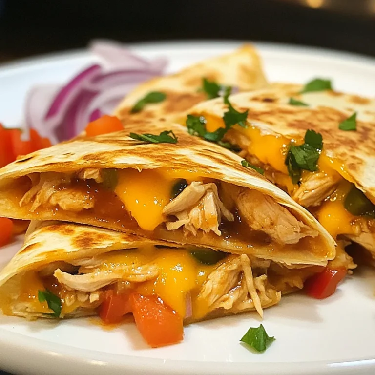 To make BBQ Ranch Chicken Quesadillas, you need fresh and tasty ingredients. Here’s what you need: - 2 cups of shredded cooked chicken - 1 cup of your favorite BBQ sauce - 1/2 cup of creamy ranch dressing - 1 cup of shredded cheddar cheese - 1 cup of shredded mozzarella cheese - 1 medium red onion, thinly sliced - 1 bell pepper (red or green), thinly sliced - 8 large flour tortillas - Olive oil for grilling - Optional garnish: fresh cilantro, chopped Each ingredient plays a key role in your quesadilla's flavor. The shredded chicken absorbs the BBQ sauce and ranch dressing. The cheeses melt beautifully, adding creaminess. The onions and bell peppers add a fresh crunch. Use your favorite BBQ sauce to make it just right for your taste. Enjoy mixing these to create a delightful dish! {{ingredient_image_2}} - First, grab a large bowl. Add 2 cups of shredded cooked chicken. - Pour in 1 cup of BBQ sauce. Use your favorite type. - Add 1/2 cup of creamy ranch dressing. Stir the mix well. - Next, slice 1 medium red onion thinly. - Then, slice 1 bell pepper, red or green, also thinly. - Heat a non-stick skillet over medium heat. Drizzle some olive oil in the pan. - Place 1 large flour tortilla flat in the skillet. - On one half, sprinkle cheddar and mozzarella cheese evenly. - Spoon the BBQ ranch chicken mix on top of the cheese. Spread it out gently. - Add the thinly sliced onions and bell peppers on top. - Sprinkle a little more cheese for extra meltiness. - Carefully fold the tortilla over to form a half-moon shape. - Cook for about 4-5 minutes until golden brown. - Flip the quesadilla and cook for another 4-5 minutes. - Remove it from the skillet and let it cool slightly. - Slice it into wedges for easy serving. - Serve the quesadillas warm on a plate. - Offer extra ranch or BBQ sauce for dipping. - Optionally, add freshly chopped cilantro for color and flavor. To keep your quesadilla from sticking, use a non-stick skillet. Lightly coat it with olive oil before adding the tortilla. Heat the skillet over medium heat. A hot skillet helps the tortilla crisp up nicely. The best cooking temperature is medium. If it’s too hot, the outside may burn. If it’s too low, the cheese won't melt well. You want a golden brown, crunchy quesadilla. For a kick of spice, try adding a dash of cayenne pepper or chili powder to the chicken mixture. You can also use a spicier BBQ sauce for extra heat. When it comes to cheese, cheddar and mozzarella are great, but you could also use pepper jack. Pepper jack adds a nice creamy heat. Mixing different cheeses can enhance the flavor and texture of your quesadilla. Pro Tips Choose the Right Tortilla: Opt for large flour tortillas for a better fold and hold. If you prefer a healthier option, whole wheat tortillas also work well. Layering for Maximum Flavor: Layer the cheese both on the bottom and the top of the filling. This helps to keep the quesadilla intact while adding melty goodness. Cook on Medium Heat: Cooking on medium heat ensures the tortilla gets crispy without burning, while allowing the cheese to melt perfectly inside. Let Them Rest: Allow the cooked quesadillas to rest for a minute before slicing. This helps the cheese set slightly, making it easier to cut and serve. {{image_4}} You can easily change the proteins in these quesadillas. Instead of chicken, try shredded pork or beef. You can also use cooked shrimp for a fun twist. If you prefer plant-based meals, use black beans or chickpeas for protein. These swaps keep the dish tasty while meeting different diets. Want some heat? Choose a spicy BBQ sauce to kick up the flavor. You can also mix different BBQ sauces. For the cheese, use pepper jack for a bit of spice. Mixing in gouda or feta can add new depth. The great part is you can mix and match to find your favorite flavor! To keep your BBQ ranch chicken quesadillas fresh, follow these tips: - Refrigeration tips: Store the quesadillas in an airtight container. They can last up to three days in the fridge. Make sure to let them cool before sealing. This helps keep them crispy. - Freezing instructions: If you want to save them longer, freeze the quesadillas. Wrap each one tightly in plastic wrap. Then place them in a freezer bag. They can last up to three months in the freezer. When you are ready to eat, thaw them in the fridge overnight. You have a few options for reheating your quesadillas: - Stovetop vs microwave: The stovetop is best for crispy quesadillas. Heat a non-stick skillet over medium heat. Place the quesadilla in the pan and warm it for about 3-4 minutes on each side. For a quicker option, use the microwave. Heat on high for about 1-2 minutes. But note, they won’t be as crispy. - Oven reheating for best results: If you have several quesadillas, the oven is great. Preheat your oven to 350°F (175°C). Place the quesadillas on a baking sheet. Heat them for about 10-15 minutes. This keeps them warm and crispy all over. To make BBQ Ranch Chicken Quesadillas gluten-free, swap flour tortillas for gluten-free ones. Many brands offer tasty options that work well. Always check the label to ensure they are safe for your diet. The rest of the ingredients are naturally gluten-free, so you can enjoy this dish worry-free. Yes, using store-bought rotisserie chicken is a great idea! It saves time and adds flavor. Just shred the chicken and mix it with the BBQ sauce and ranch dressing. This makes cooking quick and easy, especially on busy days. BBQ Ranch Chicken Quesadillas pair well with many sides. Consider serving them with a fresh salad or some crunchy tortilla chips. You can also add salsa or guacamole for extra flavor. A side of corn or black beans can complete the meal nicely. Enjoy your tasty creation! This blog post covers how to make BBQ Ranch Chicken Quesadillas from start to finish. You learned about the key ingredients, thorough preparation steps, and cooking techniques. We discussed tips for perfecting your quesadilla and offered ways to customize it. Remember, the right flavors and storage methods matter too. Enjoy experimenting with these recipes and impressing your friends! Keep cooking and share your favorites. Simple steps lead to tasty meals. Happy cooking!