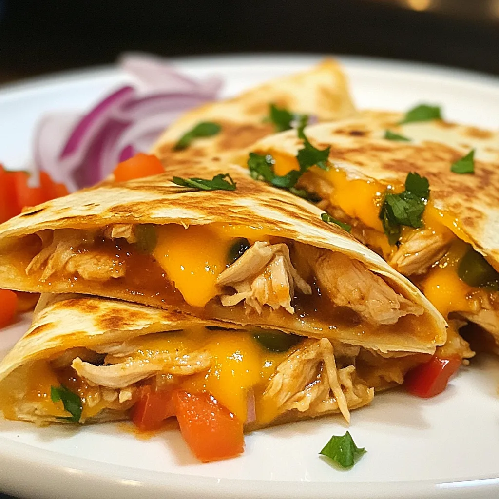 To make BBQ Ranch Chicken Quesadillas, you need fresh and tasty ingredients. Here’s what you need: - 2 cups of shredded cooked chicken - 1 cup of your favorite BBQ sauce - 1/2 cup of creamy ranch dressing - 1 cup of shredded cheddar cheese - 1 cup of shredded mozzarella cheese - 1 medium red onion, thinly sliced - 1 bell pepper (red or green), thinly sliced - 8 large flour tortillas - Olive oil for grilling - Optional garnish: fresh cilantro, chopped Each ingredient plays a key role in your quesadilla's flavor. The shredded chicken absorbs the BBQ sauce and ranch dressing. The cheeses melt beautifully, adding creaminess. The onions and bell peppers add a fresh crunch. Use your favorite BBQ sauce to make it just right for your taste. Enjoy mixing these to create a delightful dish! {{ingredient_image_2}} - First, grab a large bowl. Add 2 cups of shredded cooked chicken. - Pour in 1 cup of BBQ sauce. Use your favorite type. - Add 1/2 cup of creamy ranch dressing. Stir the mix well. - Next, slice 1 medium red onion thinly. - Then, slice 1 bell pepper, red or green, also thinly. - Heat a non-stick skillet over medium heat. Drizzle some olive oil in the pan. - Place 1 large flour tortilla flat in the skillet. - On one half, sprinkle cheddar and mozzarella cheese evenly. - Spoon the BBQ ranch chicken mix on top of the cheese. Spread it out gently. - Add the thinly sliced onions and bell peppers on top. - Sprinkle a little more cheese for extra meltiness. - Carefully fold the tortilla over to form a half-moon shape. - Cook for about 4-5 minutes until golden brown. - Flip the quesadilla and cook for another 4-5 minutes. - Remove it from the skillet and let it cool slightly. - Slice it into wedges for easy serving. - Serve the quesadillas warm on a plate. - Offer extra ranch or BBQ sauce for dipping. - Optionally, add freshly chopped cilantro for color and flavor. To keep your quesadilla from sticking, use a non-stick skillet. Lightly coat it with olive oil before adding the tortilla. Heat the skillet over medium heat. A hot skillet helps the tortilla crisp up nicely. The best cooking temperature is medium. If it’s too hot, the outside may burn. If it’s too low, the cheese won't melt well. You want a golden brown, crunchy quesadilla. For a kick of spice, try adding a dash of cayenne pepper or chili powder to the chicken mixture. You can also use a spicier BBQ sauce for extra heat. When it comes to cheese, cheddar and mozzarella are great, but you could also use pepper jack. Pepper jack adds a nice creamy heat. Mixing different cheeses can enhance the flavor and texture of your quesadilla. Pro Tips Choose the Right Tortilla: Opt for large flour tortillas for a better fold and hold. If you prefer a healthier option, whole wheat tortillas also work well. Layering for Maximum Flavor: Layer the cheese both on the bottom and the top of the filling. This helps to keep the quesadilla intact while adding melty goodness. Cook on Medium Heat: Cooking on medium heat ensures the tortilla gets crispy without burning, while allowing the cheese to melt perfectly inside. Let Them Rest: Allow the cooked quesadillas to rest for a minute before slicing. This helps the cheese set slightly, making it easier to cut and serve. {{image_4}} You can easily change the proteins in these quesadillas. Instead of chicken, try shredded pork or beef. You can also use cooked shrimp for a fun twist. If you prefer plant-based meals, use black beans or chickpeas for protein. These swaps keep the dish tasty while meeting different diets. Want some heat? Choose a spicy BBQ sauce to kick up the flavor. You can also mix different BBQ sauces. For the cheese, use pepper jack for a bit of spice. Mixing in gouda or feta can add new depth. The great part is you can mix and match to find your favorite flavor! To keep your BBQ ranch chicken quesadillas fresh, follow these tips: - Refrigeration tips: Store the quesadillas in an airtight container. They can last up to three days in the fridge. Make sure to let them cool before sealing. This helps keep them crispy. - Freezing instructions: If you want to save them longer, freeze the quesadillas. Wrap each one tightly in plastic wrap. Then place them in a freezer bag. They can last up to three months in the freezer. When you are ready to eat, thaw them in the fridge overnight. You have a few options for reheating your quesadillas: - Stovetop vs microwave: The stovetop is best for crispy quesadillas. Heat a non-stick skillet over medium heat. Place the quesadilla in the pan and warm it for about 3-4 minutes on each side. For a quicker option, use the microwave. Heat on high for about 1-2 minutes. But note, they won’t be as crispy. - Oven reheating for best results: If you have several quesadillas, the oven is great. Preheat your oven to 350°F (175°C). Place the quesadillas on a baking sheet. Heat them for about 10-15 minutes. This keeps them warm and crispy all over. To make BBQ Ranch Chicken Quesadillas gluten-free, swap flour tortillas for gluten-free ones. Many brands offer tasty options that work well. Always check the label to ensure they are safe for your diet. The rest of the ingredients are naturally gluten-free, so you can enjoy this dish worry-free. Yes, using store-bought rotisserie chicken is a great idea! It saves time and adds flavor. Just shred the chicken and mix it with the BBQ sauce and ranch dressing. This makes cooking quick and easy, especially on busy days. BBQ Ranch Chicken Quesadillas pair well with many sides. Consider serving them with a fresh salad or some crunchy tortilla chips. You can also add salsa or guacamole for extra flavor. A side of corn or black beans can complete the meal nicely. Enjoy your tasty creation! This blog post covers how to make BBQ Ranch Chicken Quesadillas from start to finish. You learned about the key ingredients, thorough preparation steps, and cooking techniques. We discussed tips for perfecting your quesadilla and offered ways to customize it. Remember, the right flavors and storage methods matter too. Enjoy experimenting with these recipes and impressing your friends! Keep cooking and share your favorites. Simple steps lead to tasty meals. Happy cooking!