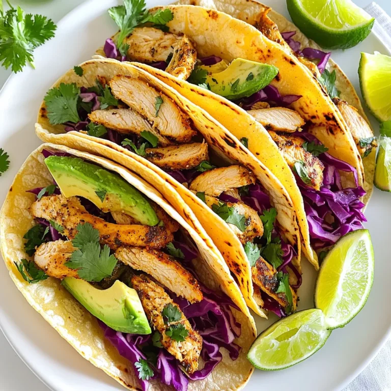 - 2 boneless, skinless chicken breasts - 1 tablespoon olive oil - Juice and zest of 2 limes The main ingredients create a fresh and zesty taste. The chicken breasts hold the marinade well. Olive oil adds moisture, while lime juice and zest bring bright flavors. - 1 teaspoon ground cumin - 1 teaspoon chili powder - 1 teaspoon garlic powder - Salt and pepper, to taste The seasonings pack a punch. Ground cumin adds warmth, while chili powder brings a subtle kick. Garlic powder enhances the overall taste, and salt and pepper balance the flavors. - 8 small corn tortillas - 1 cup shredded red cabbage - 1 ripe avocado, sliced - Fresh cilantro, for garnish - Lime wedges, for serving Taco essentials make each bite special. Corn tortillas are soft and perfect for wrapping. Shredded red cabbage adds crunch, while avocado gives creaminess. Fresh cilantro adds a pop of color and flavor, and lime wedges let you add more zest. {{ingredient_image_2}} First, gather a mixing bowl. Whisk together 1 tablespoon of olive oil, juice and zest of 2 limes, 1 teaspoon of ground cumin, 1 teaspoon of chili powder, 1 teaspoon of garlic powder, and salt and pepper to taste. This mix brings a bright flavor to the chicken. Next, add the chicken breasts. Make sure each piece is well-coated in the marinade. Cover the bowl with plastic wrap and let it marinate. You can leave it at room temperature for 30 minutes or refrigerate it for up to 2 hours. This helps the chicken absorb all the tasty flavors. Now, it’s time to cook the chicken. Preheat your grill or skillet over medium-high heat. You want it hot before adding the chicken. Take the marinated chicken out, shaking off any extra marinade. Place the chicken on the grill or skillet. Cook for about 6-7 minutes on each side. Check the internal temperature; it should reach 165°F (75°C). Once cooked, move the chicken to a cutting board and let it rest for 5 minutes. This keeps the chicken juicy and tender. While the chicken rests, warm up your small corn tortillas. You can do this on the grill or in the skillet for about 30 seconds on each side. They should be soft and slightly toasted. Next, slice the rested chicken into thin, bite-sized pieces against the grain. This ensures that each piece stays tender. Now comes the fun part—assembling the tacos! Start with a warm tortilla. Layer a few slices of the flavorful chicken in the center. Add a generous amount of shredded red cabbage for crunch and a few avocado slices for creaminess. To make your chicken tacos even tastier, you can add some great ingredients to your marinade. Try adding honey or agave for a touch of sweetness. You can also use orange juice for a fruity twist. Fresh herbs, like thyme or oregano, can really boost the flavor too. Using fresh herbs and spices is key. Fresh cilantro adds a bright taste. Try adding some chopped jalapeños for a spicy kick. Fresh lime juice is always a must; it brightens everything up. You can cook the chicken in different ways. Baking is an easy option if you prefer a hands-off method. Just season the chicken and pop it in the oven. Frying gives a nice crispy texture, but it can add extra oil. Grilling the chicken gives it a smoky flavor. It also leaves those beautiful grill marks. Cooking in a skillet can be quicker and easier. Both methods work well; it just depends on what you like best. When serving your tacos, presentation matters! Arrange the tacos neatly on a large platter. Add lime wedges and fresh cilantro in a small bowl on the side. This makes everything look inviting. For sides, consider serving black beans or rice. Both pair well with the zesty chicken. A cool drink, like a lime soda or iced tea, can balance the flavors nicely. Enjoy your meal! Pro Tips Marinate Longer for More Flavor: For the best taste, marinate the chicken for at least 2 hours in the refrigerator. This allows the flavors to penetrate deeply into the meat. Use Fresh Limes: Freshly squeezed lime juice and zest will give your tacos a vibrant, zesty flavor that bottled lime juice cannot replicate. Rest the Chicken: Always let your cooked chicken rest for a few minutes before slicing. This helps the juices redistribute, keeping the meat tender and juicy. Warm Tortillas Properly: Warming tortillas on a skillet or grill enhances their flavor and texture, making them more pliable and enjoyable to eat. {{image_4}} You can switch out chicken for beef or tofu. Beef adds a rich flavor. Use flank steak or ground beef for a hearty option. For a plant-based choice, tofu absorbs the zesty marinade well. Try firm tofu for the best texture. Seafood is another tasty choice for zesty tacos. Shrimp works wonderfully with lime. Just marinate and cook quickly. Fish like tilapia or mahi-mahi also tastes great. Use the same marinade for a fresh twist. For gluten-free tacos, use corn tortillas. They are naturally gluten-free and perfect for everyone. Check labels to ensure they meet your needs. If you want vegan or vegetarian options, use black beans or lentils. These add protein and a nice texture. You can still keep the zesty flavor by using the same marinade. Just skip the chicken and marinate your chosen protein. To add some heat, try jalapeños or a spicy sauce. Fresh jalapeños give a nice crunch and spice. You can also drizzle on hot sauce for extra kick. Switching up toppings and salsas can change the flavor too. Try mango salsa for sweetness or pico de gallo for freshness. Fresh herbs like mint or basil can also add a unique twist. To store leftover chicken, let it cool first. Place it in an airtight container. Refrigerate it right away. Use the chicken within three to four days for best taste. If you want to keep it longer, freeze it. Wrap the chicken tightly in plastic wrap or foil. Then, place it in a freezer bag. It can last up to six months in the freezer. To reheat cooked chicken, use a microwave or a skillet. If using a microwave, cover the chicken with a damp paper towel. This keeps it moist. Heat it in short bursts, checking often. In a skillet, add a splash of water and cover it. This helps the chicken heat evenly. For tortillas, store them in a sealed bag. When ready to eat, warm them again in a skillet. This will keep them fresh and soft. When storing tacos, keep them separate. Store the chicken, tortillas, and toppings in different containers. This helps prevent sogginess. If you have assembled tacos, eat them within a few hours. If you need to store them longer, take them apart. Place the chicken and toppings in separate bags. This way, you can enjoy crisp, fresh tacos later. To check if chicken is done, look for an internal temperature of 165°F (75°C). Use a meat thermometer for accurate readings. The chicken should also have a nice golden brown color. If the juices run clear and there is no pink, it is safe to eat. Yes, you can prepare these tacos ahead of time. Cook the chicken and store it in the fridge for up to 3 days. You can warm the chicken before serving. The tortillas can be heated right before you assemble. This makes meal prep easy and quick! If you don’t have lime, lemon works well too. Orange juice can add sweetness, while grapefruit juice offers a unique twist. Each citrus will change the flavor slightly, but they all add a nice zing to the chicken. You now have all the steps to make tasty chicken tacos. We covered key ingredients, cooking methods, and storage tips. You can customize them with different flavors and make them fit your diet. Enjoy making these tacos for a fun meal or gathering. With practice, you’ll impress everyone with your cooking. It’s easy and delicious! Happy cooking!