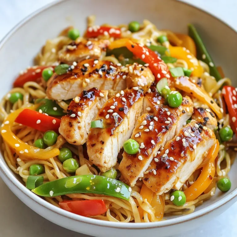- 2 boneless skinless chicken breasts, thinly sliced - 200g rice noodles - 1 red bell pepper, cut into julienne strips - 1 cup snap peas, trimmed and washed - 3 green onions, sliced on the diagonal - 2 tablespoons sesame oil - 1 tablespoon fresh ginger, finely grated - 2 cloves garlic, minced - 2 tablespoons soy sauce (or tamari for a gluten-free option) - 1 tablespoon honey or maple syrup - 1 tablespoon sesame seeds, toasted - Fresh cilantro, chopped, for garnish (optional) When I make Sesame Ginger Chicken Noodles, I focus on fresh, high-quality ingredients. The chicken gives a great protein boost, while rice noodles provide a nice, chewy base. The vibrant red bell pepper and sweet snap peas add color and crunch. I love how these veggies keep their bite while absorbing the rich flavors. For the seasonings, sesame oil is a must. It gives a nutty taste that makes the dish special. Fresh ginger and garlic bring a fragrant kick. Soy sauce adds depth, and honey or maple syrup balances everything with a hint of sweetness. This mix creates a harmonious flavor profile. For garnish, I toast sesame seeds to add a little crunch. Chopped fresh cilantro makes the dish pop and adds a fresh note. You can easily adjust the ingredients based on your tastes or what you have on hand. This makes the recipe flexible and fun! {{ingredient_image_2}} To start, boil water in a large pot. Use enough water to fully submerge the noodles. Once boiling, add the rice noodles. Cook them according to the package instructions. Usually, this takes about 4-6 minutes. Check for an al dente texture, then drain them in a colander. Rinse briefly under cold water to stop cooking. Drizzle a teaspoon of sesame oil on the noodles. This keeps them from sticking together. Next, take a large skillet or wok. Heat 1 tablespoon of sesame oil over medium-high heat. Wait until the oil shimmers. Then, add the thinly sliced chicken breasts. Season with salt and pepper. Cook the chicken for about 5-7 minutes. Stir occasionally until the chicken turns golden brown and is cooked through. Once done, remove the chicken from the skillet and place it on a plate. In the same skillet, add the remaining tablespoon of sesame oil. Toss in the grated ginger and minced garlic, stirring quickly. This prevents burning. Next, add the julienned red bell pepper. Sauté for about 2-3 minutes until it softens. Then, add the snap peas and stir-fry for an additional 2 minutes. All vegetables should become vibrant and tender-crisp. Now, return the sautéed chicken to the skillet with the vegetables. Pour in the soy sauce and honey or maple syrup. Stir everything together thoroughly. This allows the dish to heat through for another 2 minutes. Ensure the chicken and vegetables are well-coated in the sauce. Gently fold in the cooked rice noodles and sliced green onions into the skillet. Toss everything together carefully but thoroughly. Make sure the noodles are heated through and well distributed. Adjust seasoning with additional salt and pepper if needed. Once well mixed, sprinkle the toasted sesame seeds over the dish. For an added touch, garnish with freshly chopped cilantro if desired. Serve immediately in warm bowls and enjoy this vibrant and flavorful meal! To ensure your chicken is tender, slice it thinly against the grain. This method breaks down the fibers and keeps it juicy. Season the chicken with salt and pepper before cooking. Cook it on medium-high heat until golden brown, about 5-7 minutes. To prevent the noodles from sticking, rinse them in cold water after cooking. Add a teaspoon of sesame oil to coat them lightly. This keeps the noodles separate and ready for mixing. For extra flavor, consider adding a splash of rice vinegar or chili sauce. These will enhance the taste and add a nice kick. Marinating the chicken in soy sauce, ginger, and garlic for 30 minutes can deepen the flavor. You can also try adding a dash of sesame paste or peanut sauce for a unique twist. Experimenting with these will help create your perfect dish. Serve the sesame ginger chicken noodles in warm, shallow bowls. This helps highlight the vibrant colors of the dish. For garnishing, sprinkle toasted sesame seeds on top for crunch. To add more color, toss in sliced green onions and chopped cilantro. These not only brighten the dish but also add fresh flavors. A squeeze of lime just before serving can also elevate the meal. Pro Tips Marinate the Chicken: For an extra boost of flavor, marinate the sliced chicken in soy sauce, ginger, and garlic for at least 30 minutes before cooking. Use Fresh Ingredients: Fresh ginger and garlic will provide a more vibrant flavor compared to dried alternatives, enhancing the overall taste of the dish. Customize Your Veggies: Feel free to add or substitute your favorite vegetables like broccoli, carrots, or bok choy to make the dish more colorful and nutritious. Serve with Lime: A squeeze of fresh lime juice just before serving can brighten the flavors and add a refreshing twist to your sesame ginger chicken noodles. {{image_4}} You can easily swap the chicken in this dish. For a vegetarian option, use tofu. Choose firm tofu for the best texture. Press it to remove excess water and cut it into cubes. Sauté the tofu until golden brown. This adds a nice crunch and absorbs flavors well. You can also use shrimp or beef if you prefer. Shrimp cooks fast, so add it in last. For beef, use thin strips. Cook the beef until it is just brown. Both options will add a different taste and texture to your noodles. Rice noodles are great, but you can try other types too. Egg noodles work well and add a rich flavor. Glass noodles are also a tasty option. They are light and soak up the sauce nicely. Just adjust your cooking time for these noodles. Seasonal vegetables can change the flavor of your dish. Use whatever is fresh. Carrots, zucchini, or broccoli are excellent choices. They add color and crunch. Adding leafy greens boosts the nutrition. Spinach or bok choy can be great additions. Toss them in at the end to wilt slightly. This keeps them vibrant and tasty. To store leftovers, let the dish cool to room temperature. Transfer it to an airtight container. This keeps the chicken noodles fresh. I recommend using a glass or plastic container with a tight lid. It prevents air from getting in, keeping flavors intact. For freezing, pack the chicken noodles in a freezer-safe container. Leave some space at the top for expansion. Wrap it in plastic wrap, then place it in a freezer bag. This helps avoid freezer burn. When you're ready to eat, thaw the noodles in the fridge overnight. Reheat in a pan or microwave. Add a splash of water to keep them moist. Leftovers last about three days in the fridge. If stored properly, they can stay good for up to three months in the freezer. Always check for any off smells or colors before eating. If in doubt, throw it out! Yes, you can use gluten-free noodles! Rice noodles are a great choice. They work well in this dish. You can also use gluten-free pasta. Just ensure it cooks properly. Check the package for cooking times. To add spice, include red pepper flakes. You can also use Sriracha sauce. Just mix it into the sauce. Start with a small amount, and taste as you go. This way, you control the heat level. Yes, you can make this dish ahead. Cook the chicken and vegetables, and store them in the fridge. Keep the noodles separate. When ready to eat, heat everything up. This keeps the noodles from getting soggy. You can serve this dish with a simple salad. A cucumber salad pairs nicely. You can also add spring rolls on the side. For a heartier meal, serve with steamed broccoli or bok choy. This recipe for Sesame Ginger Chicken Noodles combines key ingredients like chicken, rice noodles, and fresh veggies. I shared simple steps for cooking, sautéing, and tossing it all together. The tips will help you get the flavors just right and make your dish look great. Remember, you can switch up proteins and veggies to suit your taste. Store leftovers properly to enjoy them later. With these insights, you can create a delicious meal that’s both satisfying and easy to make. Enjoy your cooking journey!