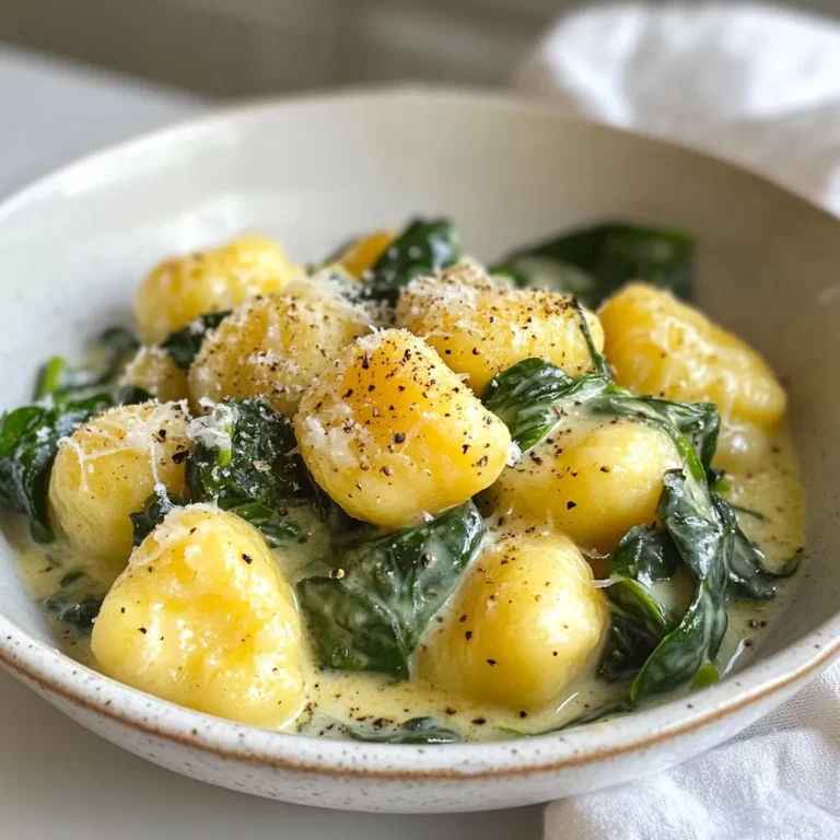 - Fresh spinach - Store-bought gnocchi - Heavy cream - Olive oil - Garlic - Parmesan cheese - Nutmeg - Sun-dried tomatoes - Seasoning (salt and pepper) Gather these ingredients for a rich and tasty meal. The fresh spinach adds color and nutrients. The store-bought gnocchi makes it easy and quick. Heavy cream gives the dish its creamy texture. You will need olive oil to sauté the garlic and spinach. Garlic adds a nice flavor that pairs well with the cream. Freshly grated Parmesan cheese is a must. It melts beautifully and enhances the dish. A pinch of nutmeg adds warmth and depth. If you want to get creative, consider adding sun-dried tomatoes. They give a sweet and tangy flavor. Don't forget the salt and pepper to taste. These simple seasonings help bring all the flavors together. Feel free to adjust the ingredients to fit your taste. This recipe is all about making it your own while enjoying a warm bowl of creamy spinach gnocchi. {{ingredient_image_2}} Start by boiling a large pot of salted water. Bring it to a strong boil. Add 1 pound of store-bought gnocchi to the pot. Cook the gnocchi for about 2 to 3 minutes. They are ready when they float to the surface. Once cooked, drain the gnocchi and set them aside in a bowl. In a large skillet, pour in 1 tablespoon of extra virgin olive oil. Heat it over medium heat until it is warm. Add 1 clove of finely minced garlic to the pan. Sauté the garlic for about 30 seconds. Watch closely so it does not burn. The garlic should smell great and turn light gold. Next, add 2 cups of roughly chopped fresh spinach to the skillet. Stir it into the garlic oil. Cook the spinach for about 2 to 3 minutes. You want it to wilt and turn bright green. If you want to add sun-dried tomatoes, do it now and mix well. Now, it’s time for the cream! Reduce the heat to low. Slowly pour in 1 cup of heavy cream. Stir gently as the cream starts to simmer. This helps to avoid splattering. Gradually add 1/2 cup of freshly grated Parmesan cheese. Mix until the cheese melts and the sauce is creamy. Add 1/4 teaspoon of ground nutmeg for flavor. Finish with sea salt and freshly cracked black pepper to taste. Carefully fold the cooked gnocchi into the creamy spinach sauce. Toss gently to coat each piece well. Heat everything together for an extra 2 to 3 minutes. This will warm the gnocchi and combine the flavors. Serve the creamy spinach gnocchi in bowls for a cozy dinner. To avoid separation of the cream, keep the heat low once you add the cream. This helps the sauce stay smooth. Stir the cream gently as it heats. Adding cheese too quickly can cause clumps. Gradually sprinkle your Parmesan into the sauce, mixing as you go. This ensures it melts evenly and creates a rich, creamy texture. Adjust your seasoning for a burst of flavor. I like to add a pinch of red pepper flakes for a mild heat. Fresh herbs like basil or parsley can brighten the dish. Add these herbs just before serving to keep their bright taste. A squeeze of lemon juice can also lift the flavors nicely. Serve your creamy spinach gnocchi in shallow, wide bowls. This shows off the vibrant colors and creamy sauce. For garnish, sprinkle extra cracked black pepper and a dusting of Parmesan. Adding finely chopped herbs brings a fresh touch. Pair with garlic bread for a complete meal that looks as good as it tastes. Pro Tips Use Fresh Ingredients: Fresh spinach and high-quality Parmesan cheese will elevate the flavor of this dish significantly, making it more vibrant and delicious. Don’t Overcook the Gnocchi: Cooking the gnocchi just until they float ensures a perfect texture; overcooking can lead to a mushy consistency. Add a Zesty Twist: For an extra flavor boost, consider adding a squeeze of lemon juice or a dash of red pepper flakes to the sauce. Leftover Storage: Store any leftovers in an airtight container in the fridge for up to 2 days. Reheat gently on the stove with a splash of cream to restore the sauce's creaminess. {{image_4}} You can swap heavy cream for several options. Try using coconut milk for a dairy-free choice. Cashew cream adds a rich texture and flavor too. For a tangy twist, use Greek yogurt instead of cream. When it comes to cheese, Parmesan is classic, but you can mix it up. Try goat cheese for a creamy and zesty flavor. Feta cheese also works well, adding a nice salty kick. You can add protein to your creamy spinach gnocchi for more heartiness. Cooked chicken works well; simply chop it into bite-sized pieces and mix it in. Shrimp is another great option. Sauté them briefly in olive oil before adding to your dish. If you prefer vegetarian options, consider adding chickpeas or lentils. They are tasty and packed with protein. Tofu is a great choice too; just sauté it until golden. For a twist on the greens, use kale instead of spinach. Kale holds up well in the sauce and adds a nice texture. You can also try Swiss chard or arugula for a different flavor. When it comes to seasonal veggies, think about adding asparagus in spring or roasted squash in fall. These changes keep your dish fresh and exciting. To keep your creamy spinach gnocchi fresh, follow these tips: - Allow the dish to cool to room temperature. - Store it in an airtight container. - Place the container in the fridge. - Use the leftovers within 3 days for best taste. For longer storage, you can freeze the gnocchi. Just remember: freezing may change the texture. You can reheat your creamy spinach gnocchi in two ways: microwave or stovetop. Here’s how: Microwave: - Place your gnocchi in a microwave-safe dish. - Add a splash of cream or water to keep it moist. - Cover the dish with a lid or plastic wrap. - Heat for 1-2 minutes, stirring halfway through. Stovetop: - Heat a non-stick skillet over low heat. - Add the gnocchi and a little cream. - Stir gently until warmed through. - This method helps keep the creaminess intact. Both methods can work, but the stovetop is best for taste and texture. Enjoy your dish again! To make gnocchi from scratch, you need potatoes, flour, and eggs. Start by boiling potatoes until soft. Mash them well and let them cool. Mix the mashed potatoes with flour and a beaten egg. Knead until smooth. Roll the dough into ropes and cut into small pieces. Use a fork to shape them. Boil them in salted water until they float. Yes, you can use frozen gnocchi. It cooks quickly, often in about 2-3 minutes. Just drop them in boiling water without thawing. They will be ready when they rise to the top. This saves time and makes dinner easier. You can use half-and-half or whole milk as a substitute for heavy cream. For a lighter option, use coconut milk or unsweetened almond milk. These alternatives can give a different flavor. Adjust the amount of cheese to keep the dish creamy. Yes, creamy spinach gnocchi is great for meal prep. You can cook it ahead and store it in the fridge. Keep it in an airtight container. It reheats well and still tastes delicious. Just add a splash of cream when reheating to keep it creamy. Creamy spinach gnocchi lasts about 3 to 5 days in the fridge. Store it in a sealed container to maintain freshness. If you notice any off smells or colors, it's best to throw it out. Always trust your nose and eyes when checking for freshness. This blog explained how to make creamy spinach gnocchi from simple ingredients. We covered the cooking steps, tips for your sauce, and variations to try. You'll impress friends and family with this easy dish. Remember to adjust flavors and be creative with add-ins. Enjoy every bite of your delicious meal, and don't forget to store or reheat leftovers properly. With practice, you will master this recipe and make it your own. Happy cooking!