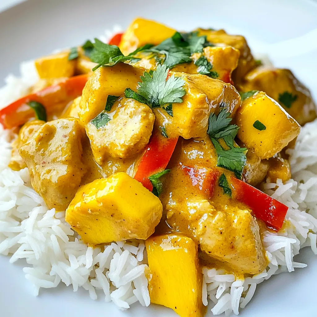 - 1 lb boneless, skinless chicken breasts, cubed - 1 ripe mango, peeled and pureed until smooth I use boneless chicken breast for a tender bite. The mango adds a sweet twist. Its smooth puree blends well with the sauce. - 1 medium yellow onion, finely chopped - 3 cloves garlic, minced - 1-inch piece of fresh ginger, minced - 2 tablespoons aromatic curry powder - 1 tablespoon extra virgin olive oil - Salt and freshly ground black pepper to taste Onions, garlic, and ginger start the flavor base. The curry powder brings warmth and spice. Salt and pepper help balance everything out. - 1 can (14 oz) creamy coconut milk - 1 tablespoon fresh lime juice - Fresh cilantro leaves, for garnish - 1 red bell pepper, thinly sliced - 1 tablespoon honey (optional, to enhance sweetness) Coconut milk adds creaminess. Lime juice gives a fresh zing. Cilantro brightens the dish. The red bell pepper adds crunch. Honey can sweeten the curry if you like. {{ingredient_image_2}} Start by heating olive oil in a large skillet over medium heat. Add finely chopped onion. Sauté the onion for about five minutes. You want it to become soft and translucent. Next, toss in minced garlic and ginger. Cook them for two more minutes. This brings out their lovely aroma. Now, sprinkle in the curry powder. Stir it continuously for one minute. This step helps the spices develop deeper flavors. Now, it’s time for the chicken. Add the cubed chicken into the skillet. Sauté it until golden brown on all sides. This usually takes about six to eight minutes. Make sure the chicken is fully cooked through. Once the chicken is ready, pour in the smooth mango puree. Add the creamy coconut milk next. Stir until everything is well mixed. Bring the mixture to a gentle simmer. This helps the flavors blend beautifully. After simmering for a bit, add thinly sliced red bell pepper. Stir it into the mix. Cover the skillet and let it simmer for ten to fifteen minutes. This allows the chicken to become tender and soak up all those flavors. When almost done, stir in fresh lime juice. If you want a touch more sweetness, add honey. Season generously with salt and black pepper to taste. Lastly, remove the skillet from heat. Garnish with fresh cilantro leaves for a pop of color. To make your mango curry chicken shine, focus on layering flavors. Start with fresh onions, garlic, and ginger. Sauté them until soft. This step builds a rich base. Next, add curry powder. Cook it briefly to unlock its aroma. The spices need to breathe. Finally, pour in the mango puree and coconut milk. This combo gives a sweet and creamy taste. Cook the chicken in small pieces. This helps it brown evenly. Use medium heat to avoid burning. Stir the chicken often. This keeps it from sticking. Make sure it’s golden on all sides. When you add the liquids, let it simmer. This step allows the chicken to soak up flavors, making it tender and juicy. An appealing plate makes the dish more inviting. Serve your mango curry chicken over fluffy jasmine rice. This adds a nice contrast. Drizzle extra coconut milk on top for creaminess. Finish with fresh cilantro. It adds color and freshness. A colorful plate makes the meal look as good as it tastes! Pro Tips Choose Ripe Mangoes: Opt for mangoes that are slightly soft to the touch and fragrant for the best flavor in your curry. Marinate the Chicken: For enhanced flavor, marinate the chicken in lime juice and a bit of curry powder for 30 minutes before cooking. Serve with a Side: Pair this dish with jasmine rice or naan to soak up the delicious curry sauce. Adjust Spice Level: If you prefer a spicier kick, add a pinch of cayenne pepper or some chopped fresh chili to the curry. {{image_4}} You can make a great vegetarian version of mango curry. Just swap chicken for firm tofu. Cut the tofu into cubes and follow the same steps. Sauté it until golden brown. The mango and coconut milk will still give you a rich taste. Add fresh veggies like bell peppers, peas, or spinach for more color and nutrients. This dish will still be creamy, sweet, and satisfying. If you love heat, try adding spices. Use red pepper flakes or chopped fresh chili peppers. You can also mix in some curry paste for more flavor. Adjust the spice level to match your taste. This version will add a fiery kick to the sweet mango. It’s a fun twist that keeps the dish exciting. Serve mango curry chicken over fluffy jasmine rice. The rice soaks up the tasty sauce. You can also pair it with warm naan bread for dipping. For a fresh touch, add a side salad with lime dressing. This adds crunch and balances the creamy curry. Don’t forget to garnish with fresh cilantro for extra flavor! To reheat Mango Curry Chicken, use a skillet on low heat. Add a splash of water or coconut milk to keep it moist. Stir often until heated through, about 5-7 minutes. You can also use a microwave. Place the chicken in a bowl and cover it. Heat for 2-3 minutes, stirring halfway. You can freeze Mango Curry Chicken for later use. Let it cool completely before placing it in an airtight container. Use freezer-safe bags for easy storage. It can last up to three months in the freezer. Remember to label the bag with the date before freezing. Mango Curry Chicken stays fresh in the fridge for up to four days. Store it in a sealed container to keep it from drying out. If you notice any off smell or change in color, it’s best to discard it. Enjoy the tasty dish within the recommended time for the best flavor. If you need a coconut milk substitute, try using almond milk. You can also use cashew cream for a richer flavor. Both options will change the taste a bit but still keep the dish creamy. Another choice is to mix regular milk with a bit of coconut extract for a similar vibe. Absolutely! Adding more veggies can make this dish even more colorful and tasty. Try adding peas, carrots, or spinach. These veggies add fiber and nutrients. Just remember to adjust cooking time to ensure all veggies cook through nicely. Mango curry chicken is mild to medium in spice. The curry powder adds warmth but not too much heat. If you love spice, you can add some diced jalapeños or red pepper flakes. This will give your dish a nice kick. We explored how to make a tasty mango curry chicken. We looked at key ingredients like chicken and mango, plus the spices that boost flavor. I shared step-by-step ways to cook and blend the flavors perfectly. You gained tips for depth and great cooking methods. We also discussed fun variations and how to store your dish. Remember, cooking should be fun and easy. So, try your own twists and enjoy every bite!