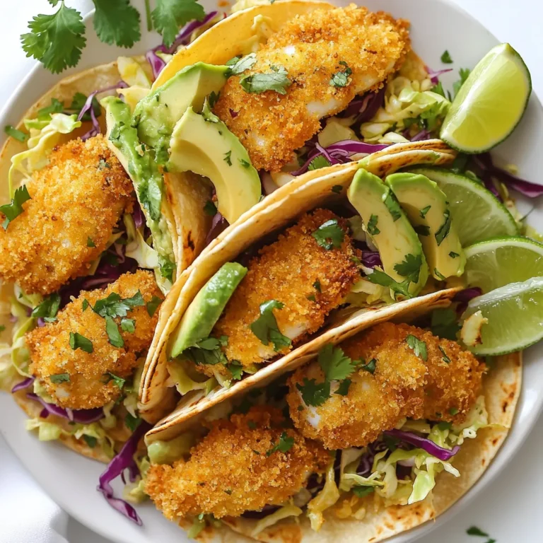 - 1 lb white fish fillets (cod or tilapia work well) - 1 cup panko breadcrumbs - 1/2 cup all-purpose flour - 1 large egg, beaten - 1 teaspoon garlic powder - 1 teaspoon paprika - 1/2 teaspoon cumin - Salt and black pepper, to taste - 8 small corn tortillas - 1 cup shredded cabbage or coleslaw mix - 1 ripe avocado, sliced - Fresh cilantro leaves for garnish - Lime wedges for serving The ingredients for crispy air fryer fish tacos are simple but pack a punch. You need white fish fillets, like cod or tilapia. They are mild and flaky, making them perfect for tacos. Panko breadcrumbs give the fish a nice, crunchy texture. All-purpose flour helps the coating stick well. For the seasonings, I use garlic powder, paprika, and cumin. These spices add warmth and depth to the flavor. A sprinkle of salt and black pepper brings it all together. Don't forget the toppings! Use corn tortillas to wrap your fish. Shredded cabbage adds a fresh crunch. Slices of avocado bring creaminess, while cilantro adds a burst of flavor. Finally, lime wedges are a must for that zesty finish. These ingredients will help you create a meal that is both flavorful and fun. Prepare everything, and you're ready to start cooking! {{ingredient_image_2}} - First, preheat your air fryer to 400°F (200°C). This step makes the fish crispy. - In a shallow bowl, mix together 1/2 cup of flour, 1 teaspoon garlic powder, 1 teaspoon paprika, 1/2 teaspoon cumin, salt, and black pepper. This mixture adds great flavor to your fish. - In another bowl, beat 1 large egg until it is well mixed and a bit frothy. This egg will help the coating stick. - Take each fish fillet and dip it into the flour mix first. Make sure it’s covered well. - Next, dip the fillet into the egg, letting any extra drip off. The last step is to coat it with panko breadcrumbs. Press gently so they stick nicely. - Place the coated fish fillets in a single layer in the air fryer basket. Avoid crowding the basket. It’s better to cook in batches. - Air fry the fish for 10-12 minutes. Flip each fillet halfway through. You want them golden brown and crispy. - While the fish cooks, warm your corn tortillas. You can do this in a dry skillet over medium heat or in the microwave for about 30 seconds. This makes them soft and easy to fold. - Once the fish is ready, it’s time to build your tacos. Place a piece of crispy fish on each warm tortilla. - Top each taco with shredded cabbage, slices of avocado, and fresh cilantro. This adds color and crunch. - Serve your tacos right away. Add lime wedges on the side. A squeeze of lime gives a zesty kick to every bite. Enjoy your tasty fish tacos! To get the crispiest fish, set your air fryer to 400°F (200°C). This high heat helps to create a crunchy texture. Cook the fish for 10 to 12 minutes. Flip the fillets halfway through to ensure even cooking. If your air fryer is small, cook in batches. Overcrowding can lead to soggy fish. For tasty fish tacos, I recommend white fish like cod or tilapia. These types have mild flavors and cook well in the air fryer. You can also use halibut or haddock if you want to try something different. The key is to pick fish that holds together during cooking. To add more flavor, consider mixing spices into your coating. Try adding a pinch of chili powder for heat or a bit of lemon zest for brightness. For toppings, shredded cabbage gives a nice crunch. Avocado adds creaminess, while fresh cilantro brings a burst of freshness. Don't forget to squeeze lime over the tacos for a tangy kick! Pro Tips Choose Fresh Fish: Always select the freshest fish possible for the best flavor and texture. Look for firm fillets with a mild scent. Preheat the Air Fryer: Ensure your air fryer is preheated before adding the fish. This helps achieve a crispy exterior. Don't Overcrowd the Basket: For even cooking, make sure to arrange the fish in a single layer without overcrowding the basket. Customizable Toppings: Feel free to experiment with toppings like salsa, lime crema, or pickled onions for a unique twist on your tacos. {{image_4}} You can use many types of fish for tacos. Cod and tilapia are my favorites, but you can try others too. Here are some options: - Mahi-mahi: This fish has a firm texture and mild flavor. - Snapper: It offers a slightly sweet taste and works well with spices. - Salmon: Rich in flavor, it adds a unique twist to your tacos. - Catfish: A Southern favorite, it’s hearty and pairs well with bold flavors. The coating can change the whole dish. While panko gives a nice crunch, trying different coatings can be fun. Here are some ideas: - Cornmeal: This adds a sweet crunch and a Southern flair. - Almond flour: Great for gluten-free tacos, it has a nutty flavor. - Crushed tortilla chips: Adds an extra layer of flavor and crunch. Toppings can make your tacos special. While cabbage and avocado are classic, consider these unique swaps: - Mango salsa: It adds a sweet and tangy flavor. - Pickled red onions: Their zing will brighten each bite. - Sriracha mayo: For a creamy kick, this sauce is perfect. - Pineapple slaw: A fresh twist that adds sweetness and crunch. To keep your crispy air fryer fish tacos fresh, store them in the fridge. Place the tacos in an airtight container. If you have extra fish, keep it separate from the tortillas. This helps maintain the crispiness. Enjoy them within two days for the best taste. To reheat your fish tacos, use the air fryer. Set it to 350°F (175°C) for about 5 minutes. This method keeps the fish crispy. You can also use a toaster oven. Just heat for 5-7 minutes until warm. Avoid using the microwave, as it makes the fish soggy. If you want to freeze the fish, do it before cooking. Wrap the fish fillets tightly in plastic wrap, then place them in a freezer bag. Remove as much air as possible. You can freeze the fish for up to three months. When ready to cook, thaw in the fridge overnight before air frying. Yes, you can use frozen fish for these tacos. Make sure to thaw the fish completely. You can place it in the fridge overnight. If you are in a hurry, you can use cold water to speed up the thawing. Just make sure the fish is fully thawed before coating it. This helps the breading stick better. If you don’t have panko, you can use regular breadcrumbs. You can also crush some crackers or cornflakes for a crunchy texture. Even ground oats work well as a coating. Each option gives a different flavor and crunch, so choose what you like best. To make these tacos gluten-free, use gluten-free breadcrumbs or crushed cornflakes. Substitute all-purpose flour with a gluten-free blend. Make sure your tortillas are gluten-free as well. Many corn tortillas are naturally gluten-free but check the label to be sure. Yes, you can prepare the fish ahead of time. Coat the fish and store it in the fridge for up to 2 hours before cooking. This helps the flavors soak in and makes it easier to cook later. Just be sure not to let it sit too long, or the coating may get soggy. To summarize, we explored flavorful fish tacos made in an air fryer. We discussed essential ingredients, cooking steps, and helpful tips for great results. Remember, you can swap fish varieties, try different coatings, and get creative with toppings to suit your taste. With this guide, you can enjoy crispy fish tacos anytime. So, gather your ingredients and start cooking for a fun meal experience. Enjoy each delicious bite!