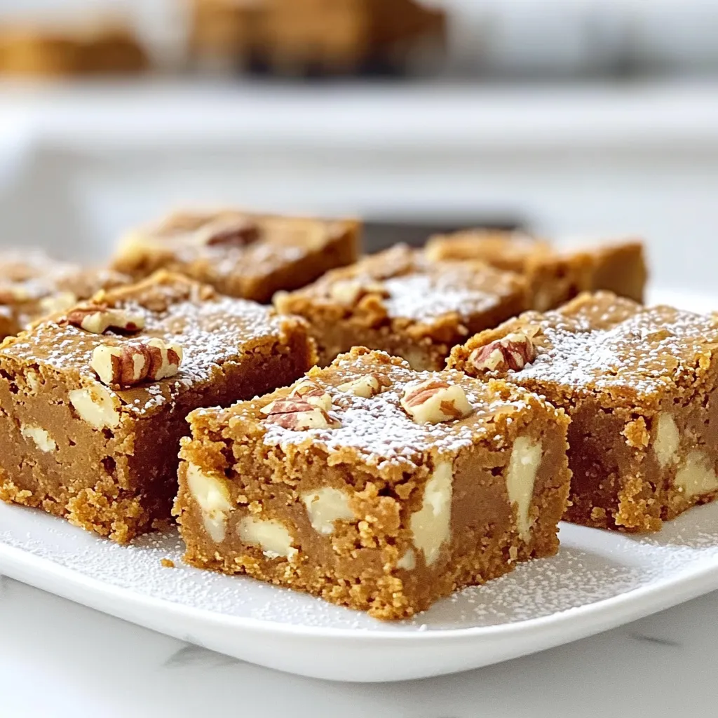 To make the best brown butter pumpkin spice blondies, you need these key ingredients: - 1 cup unsalted butter - 1 cup packed brown sugar - 1/2 cup granulated sugar - 2 large eggs - 1 teaspoon pure vanilla extract - 2 cups all-purpose flour - 1 teaspoon baking powder - 1 teaspoon baking soda - 1 teaspoon pumpkin spice blend - 1/2 teaspoon fine sea salt - 1 cup creamy white chocolate chips - 1/2 cup chopped pecans (optional) The chopped pecans add a nice crunch and depth to the flavor. If you have allergies or preferences, here are some substitutes: - Butter: Use coconut oil or vegan butter for a dairy-free option. - Sugars: You can try coconut sugar instead of brown sugar. - Eggs: Use flaxseed meal mixed with water for a vegan version. - Flour: For gluten-free blondies, almond flour or a gluten-free blend works well. - Chocolate chips: Dark chocolate or dairy-free chips are great swaps. These substitutions help you enjoy the blondies while keeping them safe for your diet. Measuring accurately is crucial in baking. It ensures the right texture and taste. Use these tools for best results: - Dry measuring cups: Perfect for flour and sugar. - Liquid measuring cups: Great for butter and eggs. - Kitchen scale: For precise measurements, especially if you bake often. Being precise helps you make the best brown butter pumpkin spice blondies every time. 1. Preheat the Oven: First, set your oven to 350°F (175°C). This helps the blondies bake evenly. 2. Prepare the Baking Pan: Grease a 9x13 inch baking pan. Line it with parchment paper. Leave some paper sticking out for easy lifting later. 3. Brown the Butter: To brown the butter, melt 1 cup of unsalted butter in a medium saucepan. Heat it over medium. Stir often to keep it from burning. After about 5-7 minutes, the butter will foam and turn golden brown. It should smell nutty. Once it’s browned, take it off the heat and let it cool a bit. 1. Mix the Sugars: In a large bowl, combine the cooled browned butter with 1 cup of brown sugar and 1/2 cup of granulated sugar. Whisk them together until the mix is smooth and creamy. 2. Add Eggs and Vanilla: Add 2 large eggs one at a time. Mix well after each egg. Then, pour in 1 teaspoon of pure vanilla extract. Stir until it’s all well blended. 3. Prepare the Dry Ingredients: In another bowl, whisk together 2 cups of all-purpose flour, 1 teaspoon of baking powder, 1 teaspoon of baking soda, 1 teaspoon of pumpkin spice blend, and 1/2 teaspoon of fine sea salt. Ensure everything is mixed well. 4. Combine Mixtures: Gradually add the dry mix to the wet mix. Stir gently. You want to combine them without overmixing. It’s fine if a few small flour streaks remain. 5. Fold in the Mix-ins: Carefully fold in 1 cup of creamy white chocolate chips. If you like, add 1/2 cup of chopped pecans. This gives the blondies a nice crunch. 1. Bake the Blondies: Pour the batter into the prepared baking pan. Spread it evenly. Bake in the preheated oven for 25-30 minutes. To check if they are done, insert a toothpick in the center. It should come out clean with a few moist crumbs. 2. Cool and Serve: Once baked, let the blondies cool in the pan for about 10 minutes. Use the parchment paper to lift them out and place them on a wire rack. Let them cool completely. After cooling, cut into squares to serve. Enjoy your delicious blondies! To test for doneness, use a toothpick. Insert it into the center of the blondies. If it comes out clean or with a few moist crumbs, they are ready. Avoid checking too soon to prevent overbaking. For a chewy texture, do not overmix the batter. Mixing just until combined helps keep the blondies soft. Use room temperature eggs to help create a smooth batter. Also, be sure to bake at the right temperature, 350°F (175°C), for perfect results. When serving blondies, cut them into squares for a neat look. You can dust them with powdered sugar for a sweet touch. For a warm treat, serve them with a scoop of vanilla ice cream on top. This adds creaminess and balances the spice. You can also pair blondies with caramel sauce or chocolate sauce for extra flavor. A drizzle of sauce adds a nice visual appeal and makes each bite extra enjoyable. One common issue is overbaking. Keep an eye on the time. If you notice the edges turning dark, check earlier. Signs of overbaking include a dry texture and a hard crust. Another mistake is not cooling them enough. Allow the blondies to cool for at least 10 minutes before cutting. This helps them firm up, making them easier to slice. If you cut them too soon, they may crumble and fall apart. {{image_4}} You can easily change the taste of your blondies with different spices. Try using cinnamon or nutmeg instead of pumpkin spice. You can also add a splash of almond or orange extract for a fresh twist. Want some crunch? Toss in chocolate chips, chopped pecans, or walnuts. Dried fruits like cranberries or raisins add sweetness and texture too. If you need gluten-free blondies, swap the all-purpose flour for a gluten-free blend. For a vegan option, use flax eggs and coconut oil instead of butter. You can lower the sugar by using natural sweeteners like applesauce or maple syrup. Lightening up the butter with a low-fat version also works well. These changes keep your blondies tasty and fit different diets. Make your blondies fit the season! For fall, add caramel bits or apple chunks. In winter, stir in peppermint chips. You can even change the presentation. Cut them into holiday shapes and sprinkle with festive toppings. Serve them warm with cinnamon ice cream for a cozy treat during chilly months. Each season brings new flavors to explore! To keep your brown butter pumpkin spice blondies fresh, wrap them well. Use plastic wrap or place them in an airtight container. This helps prevent them from drying out. Store them at room temperature for up to three days. If you want them to last longer, freezing works great! To freeze blondies, cut them into squares first. Wrap each square in plastic wrap. Then, place the wrapped squares in a freezer-safe bag or container. This way, you can enjoy a tasty blondie anytime. When it's time to enjoy your blondies again, reheating is key. Preheat your oven to 350°F (175°C). Place the blondies on a baking sheet and cover them with foil. Heat them for about 10 minutes. This keeps them soft and delicious. You can also use the microwave. Heat each blondie for about 10-15 seconds. This method is quick but may make them a bit softer. Got leftover blondies? Try crumbling them over ice cream or mixing them into yogurt. You can also make a blondie trifle with layers of whipped cream and fruit. Brown butter pumpkin spice blondies last about three days at room temperature. They can last up to a week in the fridge. Store them in an airtight container to keep them fresh. Check your blondies for signs of spoilage. If they have a strange smell or mold, it’s time to toss them. Softness is normal, but they shouldn’t feel overly dry or hard. Keep an eye on them so you can enjoy every bite! Blondies are sweet bars made with brown sugar, butter, and eggs. They look and taste like brownies but do not have cocoa. The key difference is the flavor. Blondies have a rich, buttery taste, while brownies are chocolatey. You can add mix-ins like nuts or chips to enhance the flavor. Yes, you can make these blondies in advance. Bake them a day or two before your event. Store them in an airtight container to keep them fresh. You can also freeze them. To freeze, cool completely, then wrap tightly in plastic wrap. Place them in a freezer bag. When you are ready to serve, thaw them at room temperature. To check if your blondies are done, look for a light golden color. Insert a toothpick into the center. If it comes out clean or with a few moist crumbs, they are ready. The edges should be set, while the center remains soft. Don't overbake, as this can make them dry. In this post, we explored every detail for making brown butter and pumpkin spice blondies. From the complete ingredient list to helpful tips and tricks, each step matters. Accurate measurements, mixing techniques, and baking times lead to perfect blondies. Remember, you can make this recipe your own with substitutions and variations. Keep your blondies fresh with proper storage and reheating tips. Enjoy your baking journey, and may your blondies bring joy to all who taste them!